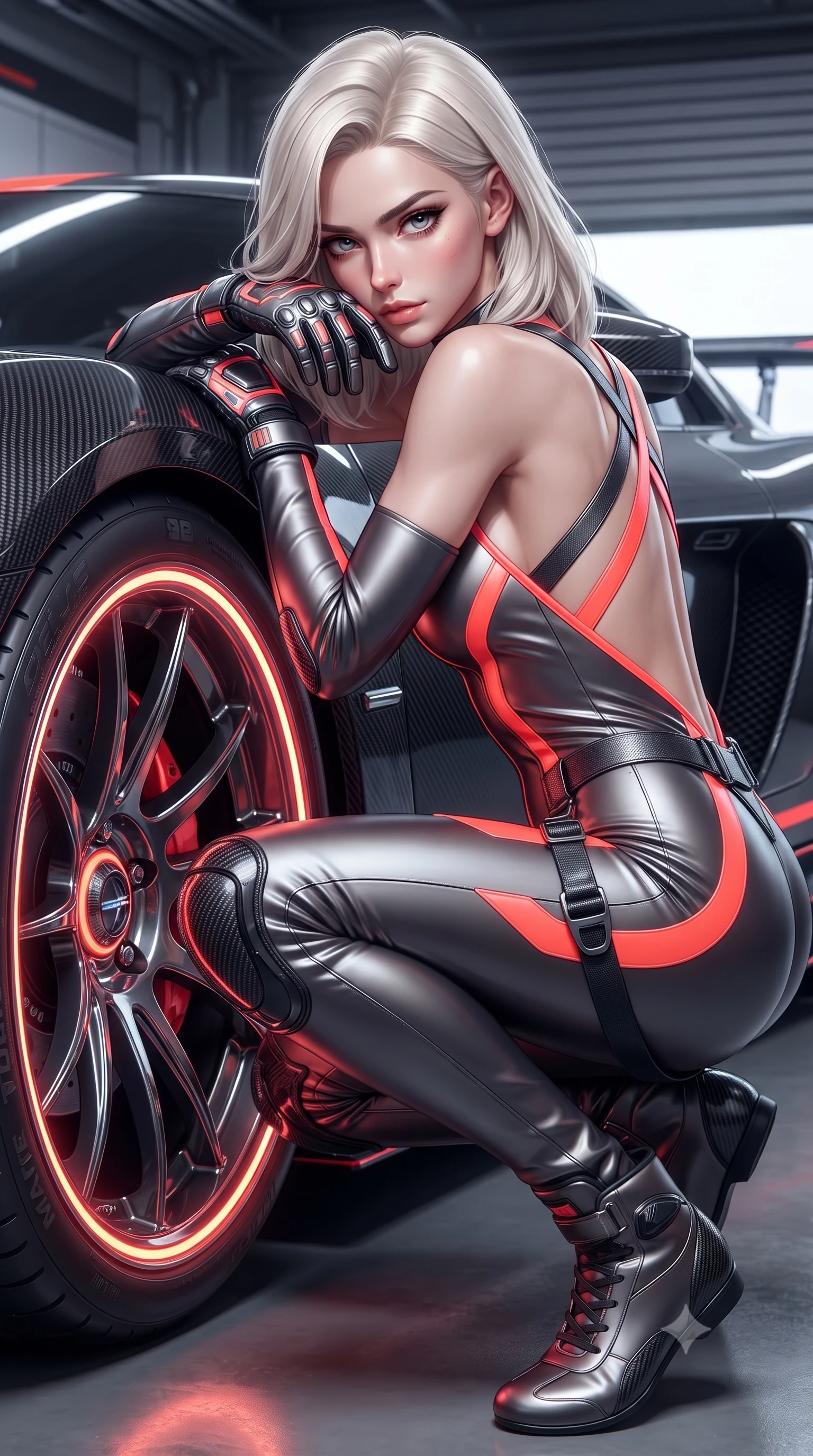 score_9, masterpiece, best quality, ultra-detailed, high-budget anime keyframe, editorial fashion photography, tasteful artistic composition, Caucasian woman. close-up cowboy shot from the waist and thighs up, the character dominates the composition, filling the frame with her large presence. leaning back with relaxed seductive grace, her sculpted collarbones highlighted by light, casting smoldering bedroom-eyes directly into the lens while crouching low beside a glowing neon wheel rim, one hand resting on her thigh, casting an intense, electrifying smirk. The surrounding environment is rendered in vivid detail and crisp panoramic clarity. sharp carbon-fiber weave textures, polished hypercar body reflections, and tire tread grooves in deep focus. She has an exceptionally elegant, slender, and willowy female figure with an ultra-slim waist, a gracefully sculpted slender torso, toned flat midriff, and a refined slim silhouette. sharp v-shaped jawline, high-bridge nose, intricate jewel-like eyes with depth, thick eyelashes, glossy parted lips with a natural sheen, intensely captivating and seductive expression, flawlessly proportioned anatomical accuracy, strict slender model proportions, natural body alignment, perfectly sculpted long slender limbs, ultra-slim waistline, clean dynamic posture without body distortion. wearing a daring open-back racing jumpsuit with crossed elastic suspension straps and form-hugging fit in metallic gunmetal and blazing neon coral, crafted from flexible ballistic matte leather and aerodynamic stretch neoprene, accented with hanging industrial clip straps and carbon fiber knee sliders, the glove-like aerodynamic second-skin fit tightly clinging to her ultra-slender waist and athletic curves without adding bulk, accentuating her razor-sharp statuesque lines and slim hourglass silhouette. surrounded by a fierce, electrifying, and irresistibly intoxicating motorsport queen aura. ultra-reflective glossy finish, specular highlights, rich textural contrasts, high-contrast stereoscopic depth, volumetric dynamic lighting, 2k, ultra detail, master piece, 9:16 ratio