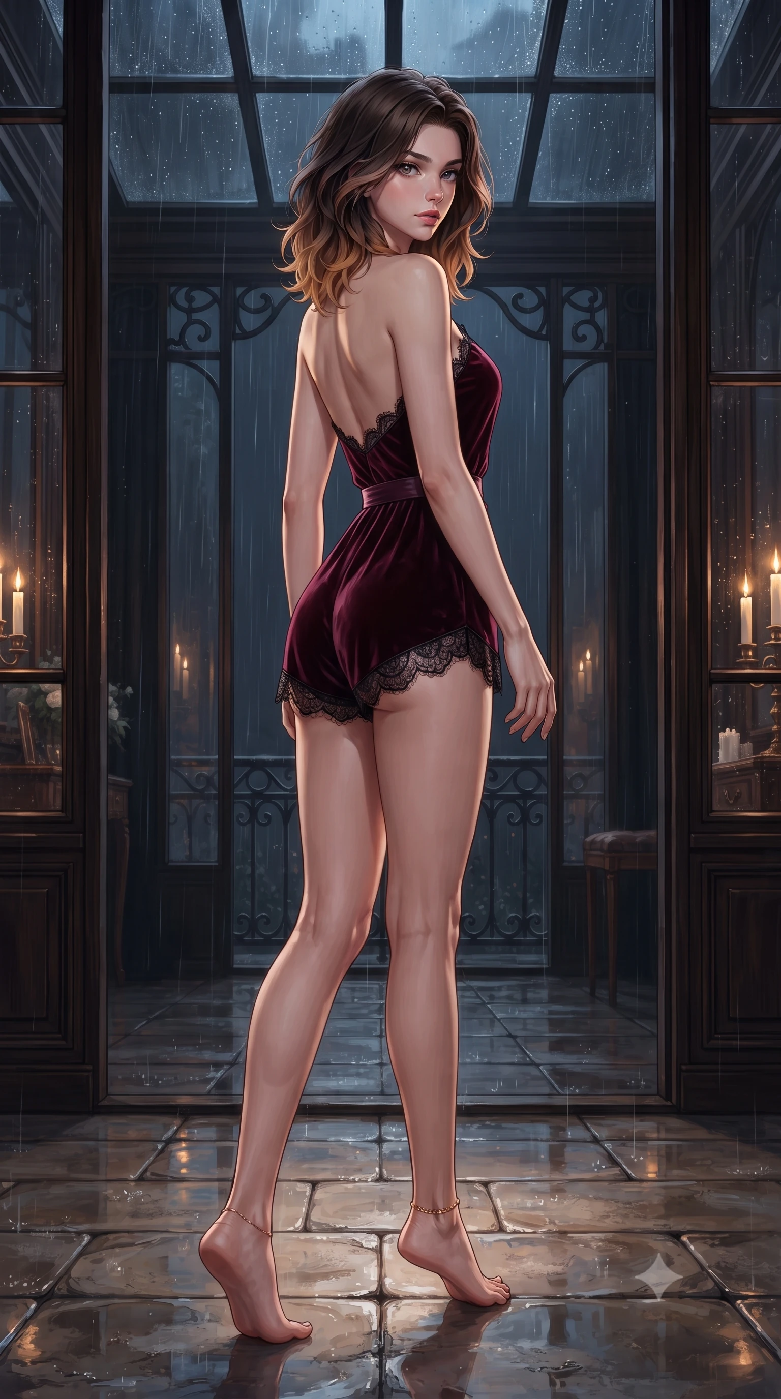 score_9, masterpiece, best quality, ultra-detailed, high-budget anime keyframe, editorial fashion photography, tasteful artistic composition, Korean woman. low angle full-body shot from head to toe showing her feet, filling the entire 9:16 vertical frame with her statuesque presence, stretching her vertical silhouette. walking along the terrace with poise, looking back over her bare shoulder with an irresistible smoldering bedroom-gaze while twisting her slender torso in an alluring contrapposto stance, midnight rain tapping on glass above as candlelight plays across her curves. The surrounding environment is rendered in vivid detail and crisp panoramic clarity: detailed sheer silk slip dress drape, delicate gold ankle chain shine, and authentic 19th-century loft framing in razor-sharp precision. She has an absolutely perfect, statuesque 8.5-heads proportion, an exceptionally tall and slender model-like female figure with impossibly long slender legs, an ultra-slim waist, a flat toned midriff, narrow delicate ribcage, and beautifully sculpted feminine hips creating a graceful, slim hourglass silhouette without any bulky heaviness. sharp v-shaped jawline, high-bridge nose, sparkling eyes with hypnotic seductive depth, thick curled eyelashes, glossy parted lips with a natural dewy peach sheen, alluring bedroom-eyes with an enchanting coquettish smile, exuding magnetic siren charisma and sophisticated glamour, flawlessly proportioned anatomical accuracy, strict slender model proportions, natural body alignment, perfectly sculpted long slender limbs, ultra-slim waistline, clean dynamic posture without body distortion. wearing a plunge-neck stretch velvet romper with scalloped eyelash-lace hems and a cinched waist ribbon in deep bordeaux velvet and delicate black chantilly, tailored from ultra-plush velvet with rich tactile depth and deep shadow gradients, finished with scalloped eyelash lace trim framing her sweetheart neckline with intimate elegance, the high-slit wrap tailoring accentuating her ultra-slim waistline and the enchanting curve of her feminine hips with alluring seductive charm. illuminated by skylight reflection fill and sharp warm-gold rim lights sculpting her razor-sharp jawline, narrow waist, and curvy hips. ultra-reflective glossy finish, specular highlights, rich textural contrasts, high-contrast stereoscopic depth, volumetric dynamic lighting, 2k, ultra detail, master piece, 9:16 ratio
