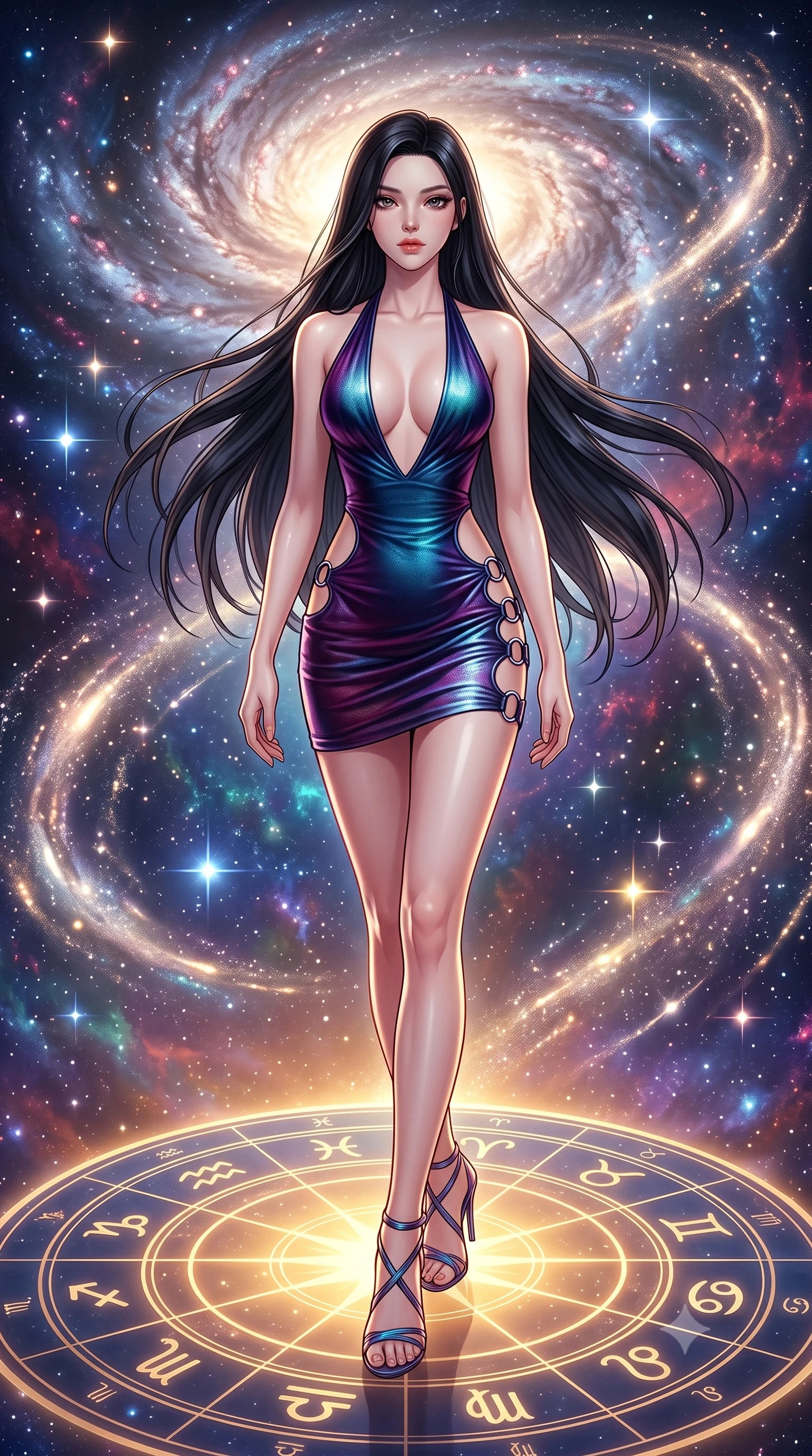 score_9, masterpiece, best quality, ultra-detailed, high-budget anime keyframe, editorial fashion photography, tasteful artistic composition, Korean woman. low angle full-body shot from head to toe showing her feet, filling the entire 9:16 vertical frame with her statuesque presence, stretching her vertical silhouette. navigating the luminous space with effortless poise, displaying her perfect model proportions standing on a floating zodiac dial beneath a swirling spiral nebula, swirling galaxy dust creating luminous arcs in the air. She has an absolutely perfect, statuesque 8.5-heads proportion, an exceptionally tall and slender model-like female figure with impossibly long slender legs and an ultra-slim waist. sharp v-shaped jawline, high-bridge nose, intricate jewel-like eyes with depth, thick eyelashes, glossy lips with a natural sheen. wearing a deep-scoop halter neck bodycon dress with daring hip cutouts connected by silver rings, the tailored fabric tightly following every curve of her athletic build. illuminated by brilliant starlight and warm golden inner glow from the astrolabe. highly saturated vibrant anime colors, detailed shading with soft gradients, rich glossy textures, high-contrast stereoscopic depth, volumetric dynamic lighting, master piece, 9:16 ratio