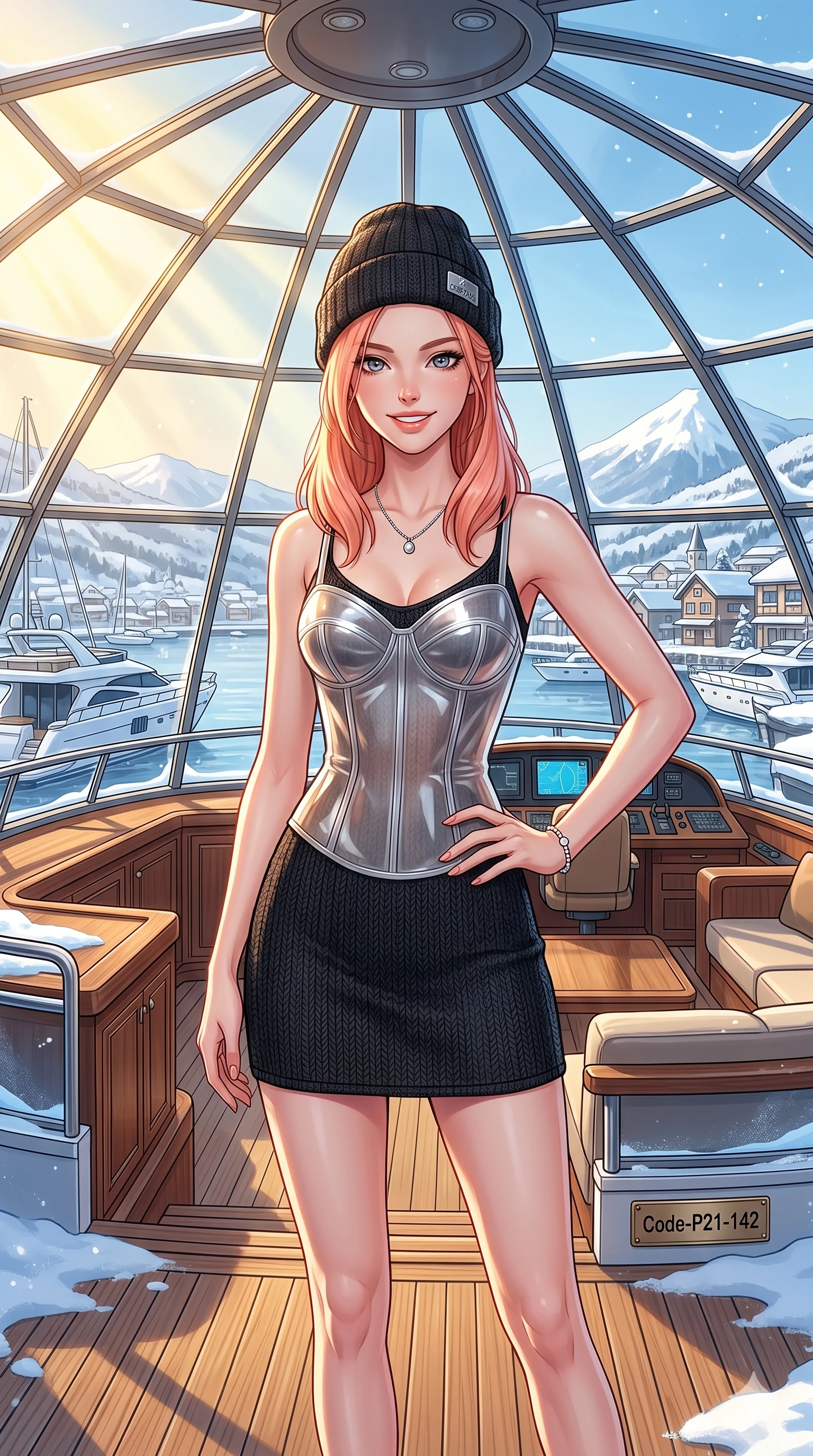 score_9, masterpiece, best quality, ultra-detailed, high-budget anime keyframe, vibrant anime aesthetic, Japanese woman. cowboy shot from the thighs up, character and outfit filling the frame for maximum presence. She is standing proud under the glass dome, her lips curved in a warm, radiant winter smile on a private yacht deck in a winter harbor (Code-P21-142). She has an absolutely perfect 8-heads proportion, an exceptionally tall and slender female figure with impossibly long slender legs and an ultra-slim waist. V-shaped jawline, high-bridge nose, intricate jewel-like eyes with depth, thick eyelashes, glossy lips with a natural sheen. wearing a translucent gloss-finish structured bodice over a black textured knit slip dress in the winter sun. She is bathed in a beautiful winter contrast of warm yellow sunbeams and cool snow reflections. 2k, ultra detail, master piece, 9:16 ratio