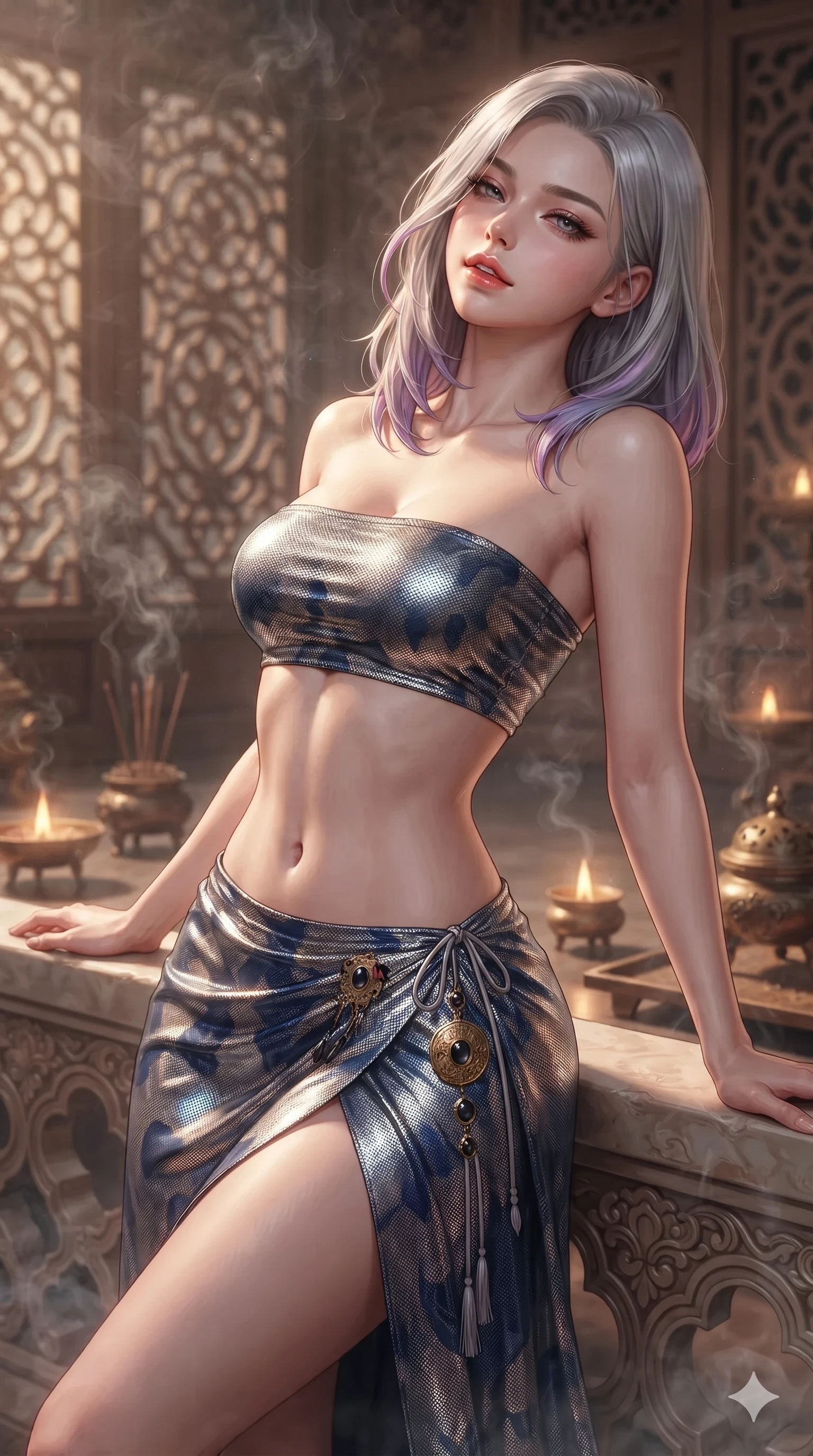 score_9, masterpiece, best quality, ultra-detailed, high-budget anime keyframe, editorial fashion photography, tasteful artistic composition, Caucasian woman. close-up cowboy shot from the waist and thighs up, the character dominates the composition, filling the frame with her large presence. leaning back against the balustrade with relaxed seductive grace, head tilted back slightly while casting a hypnotic, heavy-lidded gaze while twisting her slender torso in an alluring S-curve among drifting incense smoke, warm brazier embers illuminating her hourglass curves. The background shows a soft-focus private royal incense sanctum softened in mystical palace shallow focus. She has an exceptionally elegant, slender, and willowy female figure with an ultra-slim waist, flat toned midriff, narrow ribcage, and sculpted feminine hips creating an alluring, slim hourglass silhouette without bulk. sharp v-shaped jawline, high-bridge nose, sparkling eyes with hypnotic seductive depth, thick curled eyelashes, glossy parted lips with a natural dewy peach sheen, alluring bedroom-eyes with an enchanting coquettish smile, exuding magnetic siren charisma and sophisticated glamour, flawlessly proportioned anatomical accuracy, strict slender model proportions, natural body alignment, perfectly sculpted long slender limbs, ultra-slim waistline, clean dynamic posture without body distortion. wearing an alluring low-slung modern hanbok wrap skirt with bare waist flanks and delicate silk cord ties in metallic liquid silver and deep sapphire navy, crafted from stretch micro-mesh with metallic foil coating that shimmers in the moonlight, accented with an authentic engraved gold medallion and obsidian cabochons, the impeccably tailored cut draping gracefully along her slender figure with aristocratic eastern poise. bathed in warm 2200K bronze brazier glow cutting through atmospheric white incense smoke. ultra-reflective glossy finish, specular highlights, rich textural contrasts, high-contrast stereoscopic depth, volumetric dynamic lighting, 2k, ultra detail, master piece, 9:16 ratio
