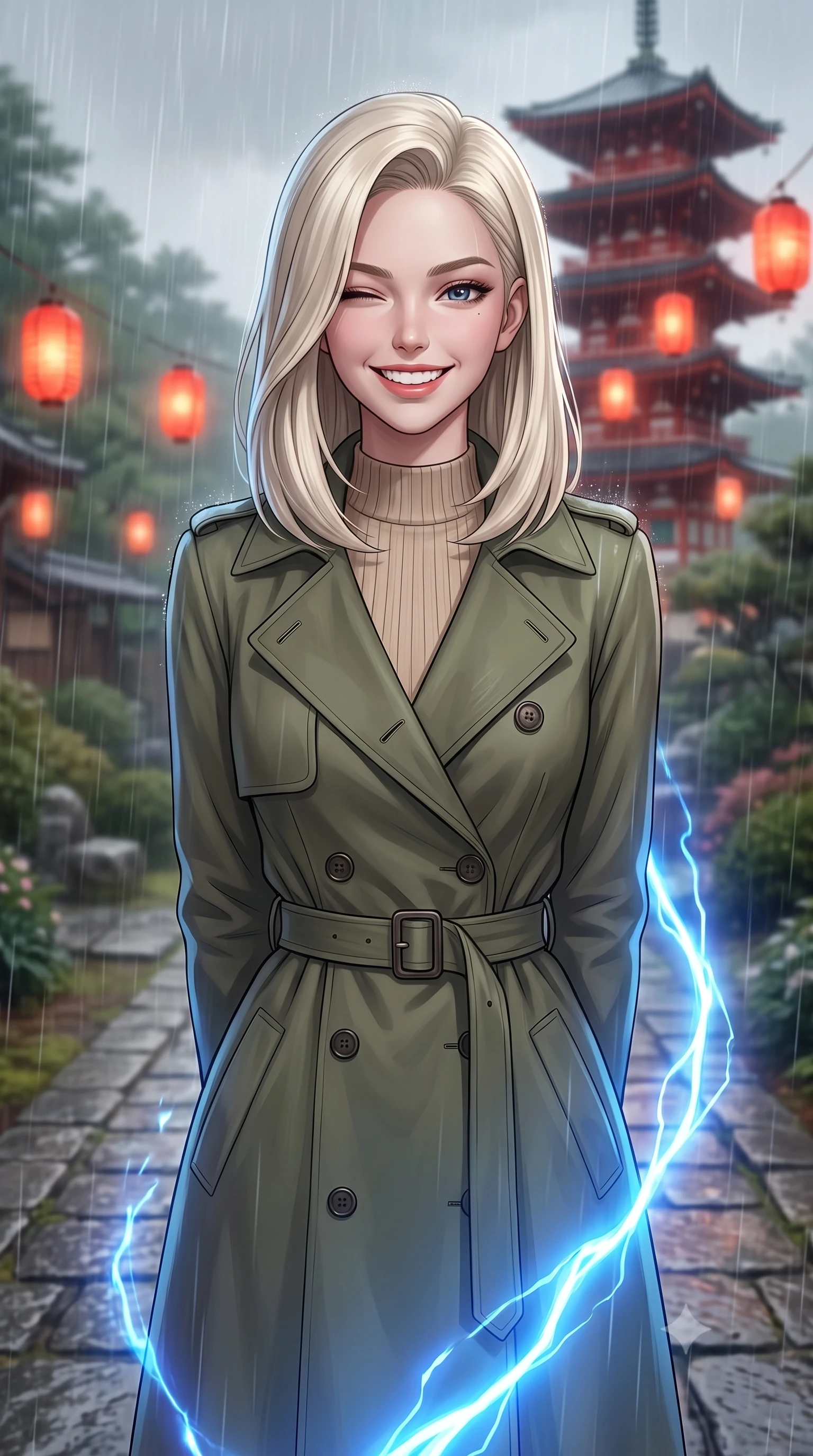 score_9, masterpiece, best quality, ultra-detailed, high-budget anime keyframe, editorial fashion photography, tasteful artistic composition, Caucasian woman, strictly human ears. close-up cowboy shot from the waist and thighs up, the character dominates the composition, filling the frame with her large presence, background elements kept in soft focus. Winking playfully with a cheerful grin and a lighthearted expression. set against a soft-focus background of on a stone path of a garden during a heavy warm summer rain shower, looking at a tall red wooden pagoda with floating red paper lanterns. She has an exceptionally elegant, slender, and willowy female figure with a highly-defined ultra-slim waist, a gracefully sculpted slender torso, and a refined slim-fit silhouette that contours her form. sharp v-shaped jawline, high-bridge nose, intricate jewel-like eyes with depth, thick eyelashes, glossy lips with a natural sheen. wearing a structured double-breasted trench in soft olive green over a beige ribbed knit mock-neck top. pulsing electric blue plasma arc lighting rising dramatically from below. 2k, ultra detail, master piece, 9:16 ratio