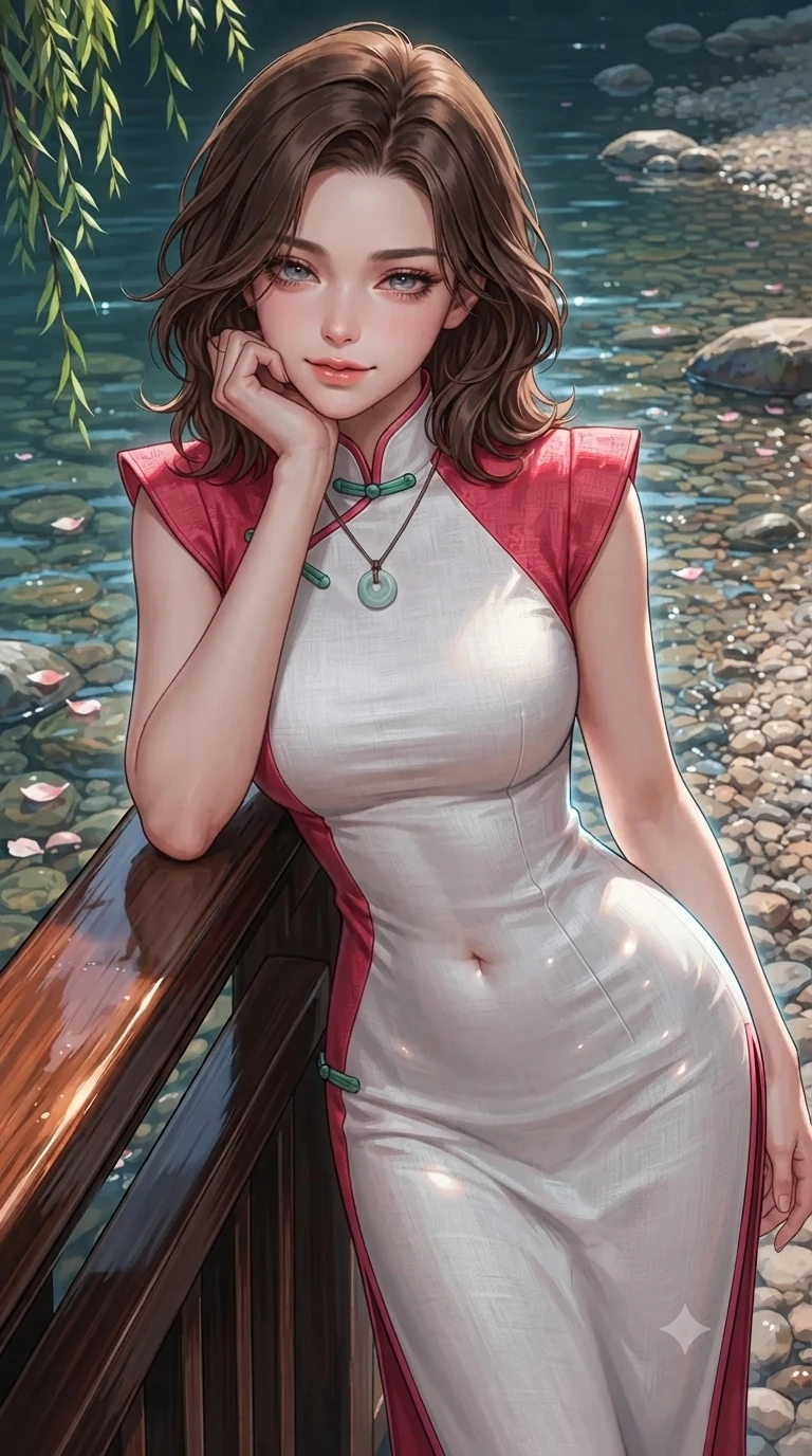 score_9, masterpiece, best quality, ultra-detailed, high-budget anime keyframe, editorial fashion photography, tasteful artistic composition, Korean woman. close-up cowboy shot from the waist and thighs up, the character dominates the composition, filling the frame with her large presence. resting one elbow on the lacquered balustrade and supporting her chin, leaning close to the camera with heavy-lidded sparkling eyes and parted lips while twisting her slender torso in an alluring S-curve beside the pebble shoreline, moonbeams reflecting off her flat midriff and hips. The surrounding environment is rendered in vivid detail and crisp panoramic clarity: sharp willow bark ridges, smooth river stones beneath clear water, and delicate flower petals in deep focus. She has an exceptionally elegant, slender, and willowy female figure with an ultra-slim waist, flat toned midriff, narrow ribcage, and sculpted feminine hips creating an alluring, slim hourglass silhouette without bulk. sharp v-shaped jawline, high-bridge nose, sparkling eyes with hypnotic seductive depth, thick curled eyelashes, glossy parted lips with a natural dewy peach sheen, alluring bedroom-eyes with an enchanting coquettish smile, exuding magnetic siren charisma and sophisticated glamour, flawlessly proportioned anatomical accuracy, strict slender model proportions, natural body alignment, perfectly sculpted long slender limbs, ultra-slim waistline, clean dynamic posture without body distortion. wearing a refined high-collar fusion qipao evening column gown with structured shoulders and modest jade toggle clasps in pure snow white and vivid cherry blossom crimson, woven from bespoke Korean ramie fabric with crisp tactile slub texture, finished with a minimalist celadon porcelain pendant on a fine silk cord, the bespoke structured tailoring following the natural line of her 8.5-heads silhouette with refined elegance. illuminated by cool water surface bounce and sharp platinum-cyan rim lights defining her razor-sharp jawline, narrow waist, and curvy hips. ultra-reflective glossy finish, specular highlights, rich textural contrasts, high-contrast stereoscopic depth, volumetric dynamic lighting, 2k, ultra detail, master piece, 9:16 ratio