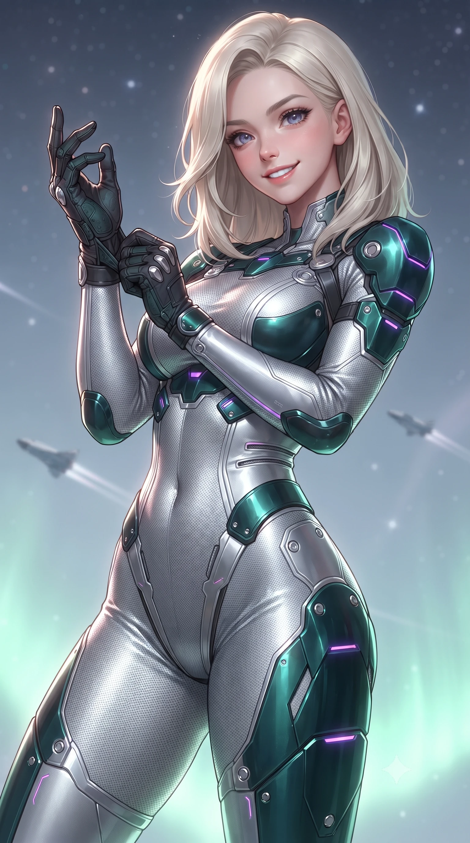 score_9, masterpiece, best quality, ultra-detailed, high-budget anime keyframe, editorial fashion photography, tasteful artistic composition, Caucasian woman. close-up cowboy shot from the waist and thighs up, the character dominates the composition, filling the frame with her large presence. adjusting her tactical glove with cool confidence, her bright smile capturing fresh girlhood charm while her arched torso reveals an intoxicating hip contour while twisting her slender torso in an alluring contrapposto stance, cosmic starlight and auroral ribbons sculpting her tight combat suit against her waist and hips. The background shows a soft-focus orbital transit shuttles trailing faint ion exhausts in the distance softened in futuristic high-orbit shallow focus. She has an exceptionally elegant, slender, and willowy female figure with an ultra-slim waist, flat toned midriff, narrow ribcage, and sculpted feminine hips creating an alluring, slim hourglass silhouette without bulk. sharp v-shaped jawline, high-bridge nose, intricate jewel-like sparkling eyes with depth, thick eyelashes, glossy parted lips with a natural sheen, bright confident smile with an enchanting and coquettish sensual glint, exuding both youthful magnetic charm and sovereign high-tech allure, flawlessly proportioned anatomical accuracy, strict slender model proportions, natural body alignment, perfectly sculpted long slender limbs, ultra-slim waistline, clean dynamic posture without body distortion. wearing a form-contouring delicate silver nano-mesh bodysuit with strategically placed chrome armor plate guards covering key curves in dark emerald teal and ultraviolet glow lines, formed from supple thermal silicone composite adhering seamlessly like a second skin, finished with sharp laser-cut side ventilation slits framed by silver hardware rings, the liquid-tight tailored fabric clinging flawlessly to her narrow waist and rounded feminine hips, emphasizing every millimeter of her sculpted slim hourglass curves without any bulky heaviness. bathed in soft celestial starlight and radiant emerald aurora glow from below. ultra-reflective glossy finish, specular highlights, rich textural contrasts, high-contrast stereoscopic depth, volumetric dynamic lighting, 2k, ultra detail, master piece, 9:16 ratio