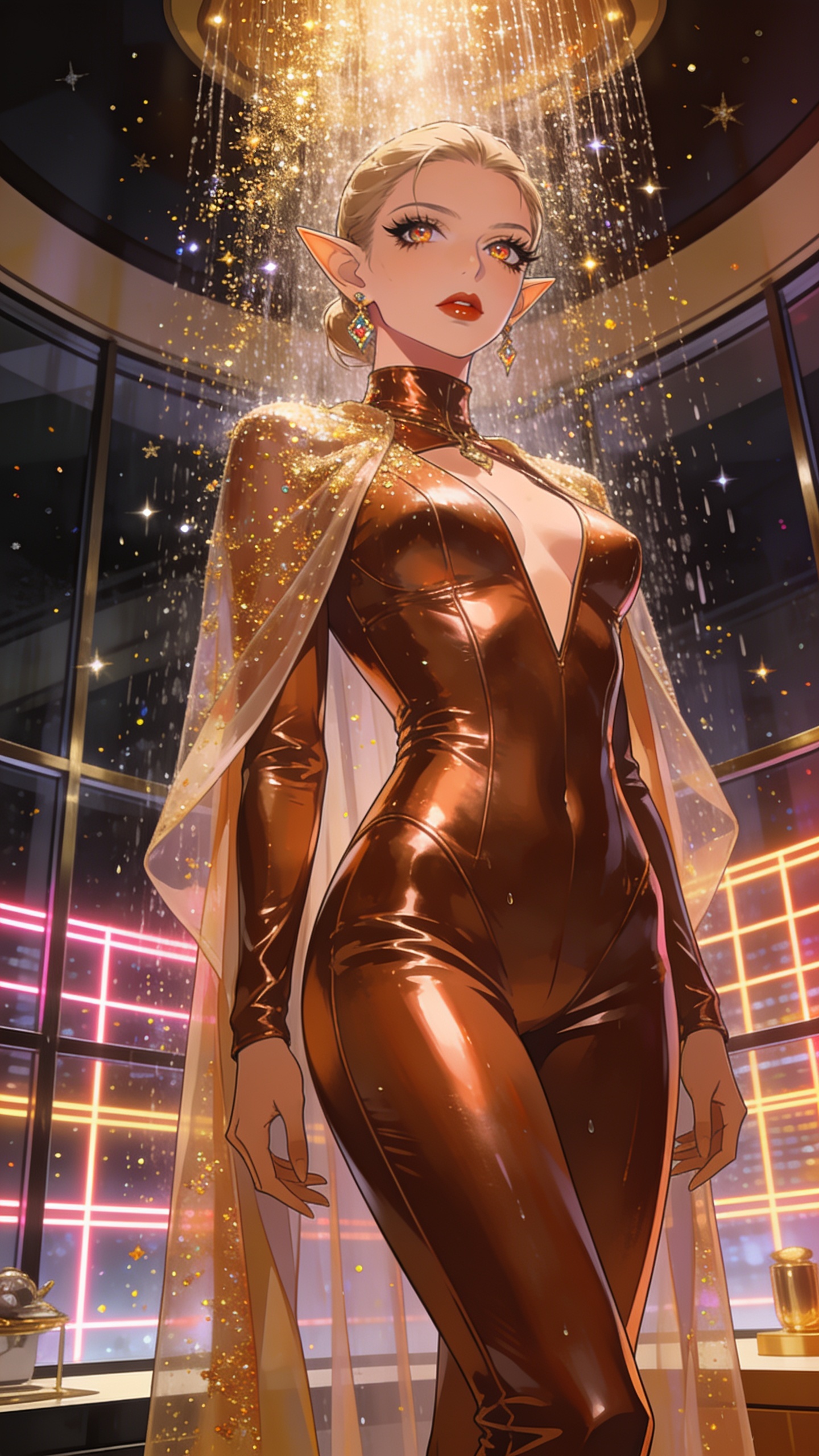 score_9, masterpiece, best quality, ultra-detailed, High-budget Anime Keyframe, Caucasian woman, strictly human ears. Low angle cowboy shot filling the entire 9:16 frame with her statuesque presence. Scenario 487: showering under a cascade of glittering gold stardust inside a luxury penthouse with floor-to-ceiling glass walls overlooking a neon grid. Her presence is magnetic and overpowering in this high-budget anime scene. Outfit 487: a form-contouring metallic copper matte vinyl jumpsuit draped with a semi-transparent chiffon cape. The clothing is designed to emphasize her exceptionally tall and slender 8-heads proportion. 8-heads proportion, towering silhouette, ultra-slim waist. sharp v-shaped jawline, intricate jewel-like eyes with depth, thick eyelashes, glossy lips. 2k, ultra detail, master piece, 9:16 ratio