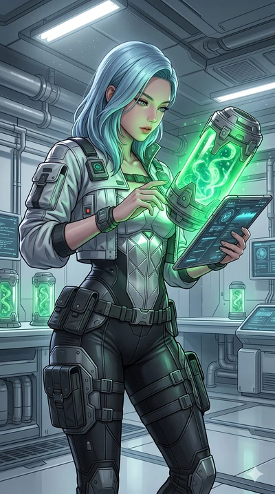 score_9, masterpiece, best quality, ultra-detailed, high-budget anime keyframe, semi-realistic 3D game render, Korean woman. Upper body close-up from the thighs up, character filling the screen for maximum presence. Inside a research lab, inspecting 