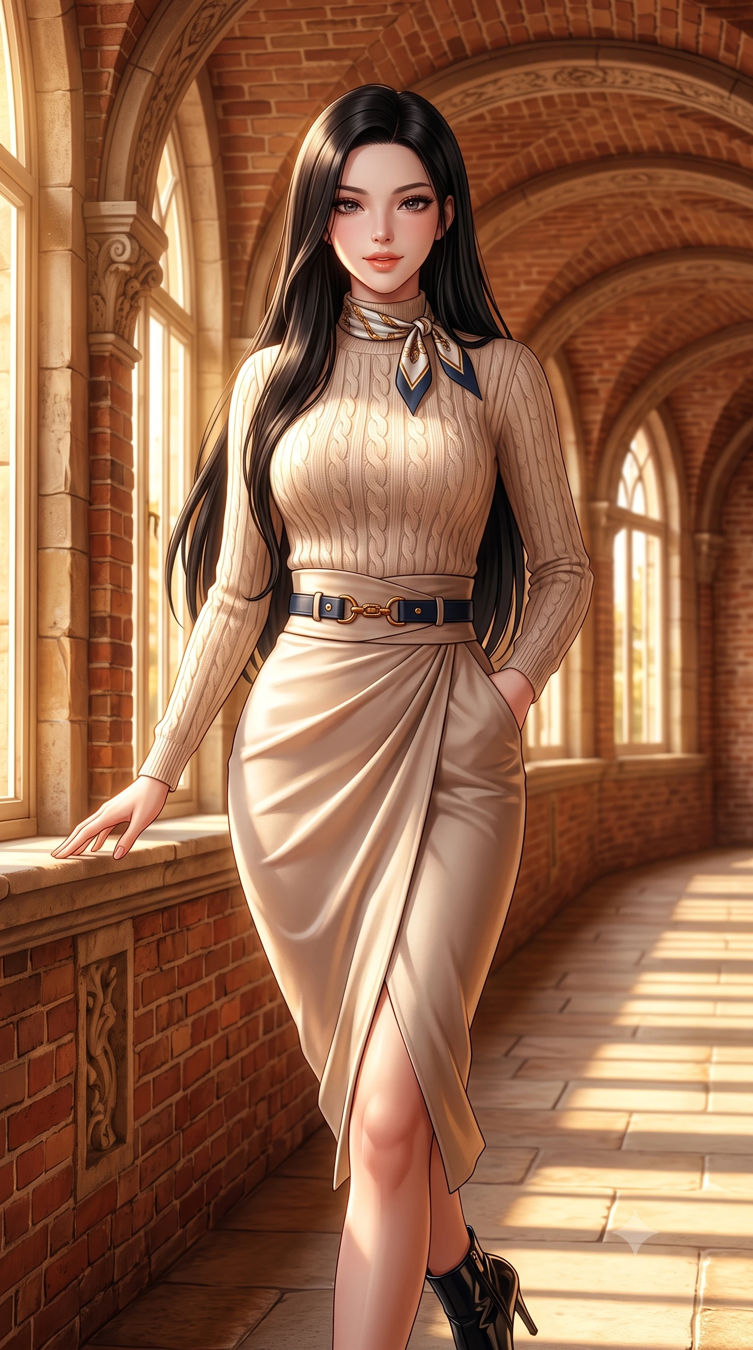 score_9, masterpiece, best quality, ultra-detailed, high-budget anime keyframe, semi-realistic 3D game render, editorial fashion photography, tasteful artistic composition, Korean woman. close-up cowboy shot from the waist and thighs up, the character dominates the composition, filling the frame with her large presence. resting one elbow on the table and supporting her chin, leaning close to the camera with heavy-lidded sparkling eyes and parted lips while walking along the sunny brick arched gallery, her wool pleated skirt swaying in graceful cadence with each step. The surrounding environment is rendered in vivid detail and crisp panoramic clarity: detailed cable-knit cashmere sweater ribbing, silk twilly neck scarf knot, and baroque palace garden craft in razor-sharp precision. She has an exceptionally elegant, slender, and willowy female figure with an ultra-slim waist, flat toned midriff, narrow ribcage, and sculpted feminine hips creating an alluring, slim hourglass silhouette without bulk. sharp v-shaped jawline, high-bridge nose, intricate jewel-like sparkling eyes with depth, thick eyelashes, glossy parted lips with a natural peach sheen, bright cheerful beaming smile with an enchanting and coquettish sensual glint, exuding both youthful cute charm and seductive allure, flawlessly proportioned anatomical accuracy, strict slender model proportions, natural body alignment, perfectly sculpted long slender limbs, ultra-slim waistline, clean dynamic posture without body distortion. wearing a tight-fitting mock-neck silk jersey top paired with a high-waisted wrap pencil skirt cinched with an obi-inspired leather belt in Ginza vintage brass gold and midnight navy, woven from fluid liquid silk jersey that clings smoothly to her narrow waist and rounded hips with a dewy sheen, complemented by sleek patent leather stiletto ankle boots accentuating her long slender calves, the glove-like clinging cut tightly following the natural contour of her hips and long slender legs with youthful 8.5-heads elegance. bathed in warm 3200K autumn sunlight streaming through floor-to-ceiling arched south-facing conservatory windows. highly saturated vibrant anime colors, detailed shading with soft gradients, rich glossy textures, high-contrast stereoscopic depth, volumetric dynamic lighting, master piece, 9:16 ratio