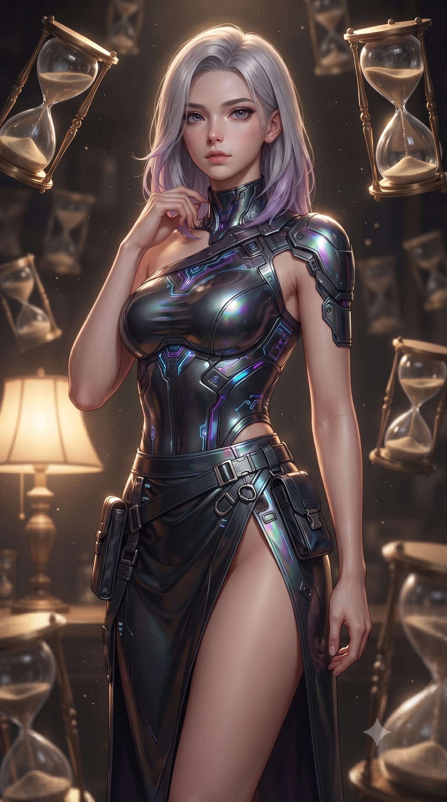 score_9, masterpiece, best quality, ultra-detailed, high-budget anime keyframe, editorial fashion photography, tasteful artistic composition, Caucasian woman. close-up cowboy shot from the waist and thighs up, the character dominates the composition, filling the frame with her large presence, background elements kept in soft focus. adjusting the high collar of her body-hugging suit, looking past the camera with quiet, sharp focus and a composed expression, the background shows a soft-focus a private study where hourglasses drip upward against the laws of gravity. She has an exceptionally elegant, slender, and willowy female figure with an ultra-slim waist, a gracefully sculpted slender torso, and a refined silhouette. sharp v-shaped jawline, high-bridge nose, intricate jewel-like eyes with depth, thick eyelashes, glossy lips with a natural sheen. wearing a body-hugging asymmetric one-shoulder nanotech bodice paired with a daring high-slit tactical utility wrap skirt. low-key single table lamp casting warm concentrated golden light over her profile. ultra-reflective glossy finish, specular highlights, metallic sheen, high-contrast stereoscopic depth, volumetric dynamic lighting, 2k, ultra detail, master piece, 9:16 ratio