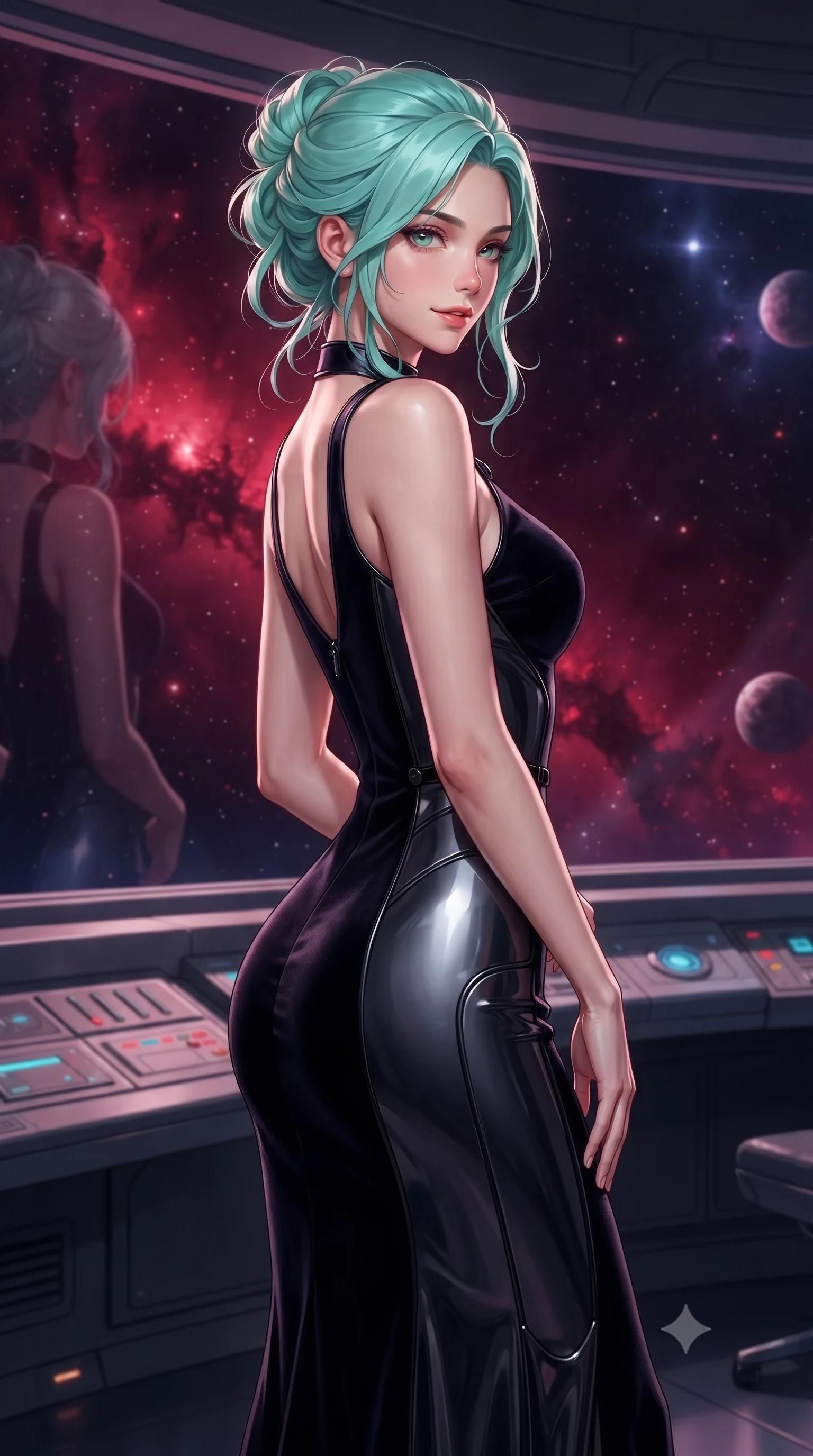 score_9, masterpiece, best quality, ultra-detailed, high-budget anime keyframe, editorial fashion photography, tasteful artistic composition, Japanese woman. close-up cowboy shot from the waist and thighs up, the character dominates the composition, filling the frame with her large presence, background elements kept in soft focus. Glancing sidelong over her shoulder with a smoldering, enigmatic half-smile, standing before a panoramic observation window looking into a deep crimson nebula, panoramic glass window reflecting her statuesque posture against the cosmos. She has an exceptionally elegant, slender, and willowy female figure with an ultra-slim waist, a gracefully sculpted slender torso, and a refined silhouette. sharp v-shaped jawline, high-bridge nose, intricate jewel-like eyes with depth, thick eyelashes, glossy lips with a natural sheen. wearing sculpted form-fitting dark velvet column gown in pitch black in dark charcoal gray, made of sculpted obsidian metallic chrome, adorned with minimalist black onyx hardware framing the silhouette, contouring every curve with an exceptionally elegant silhouette. lit by intense cosmic key light emerging from deep space darkness. highly saturated vibrant anime colors, detailed shading with soft gradients, rich glossy textures, high-contrast stereoscopic depth, volumetric dynamic lighting, master piece, 9:16 ratio