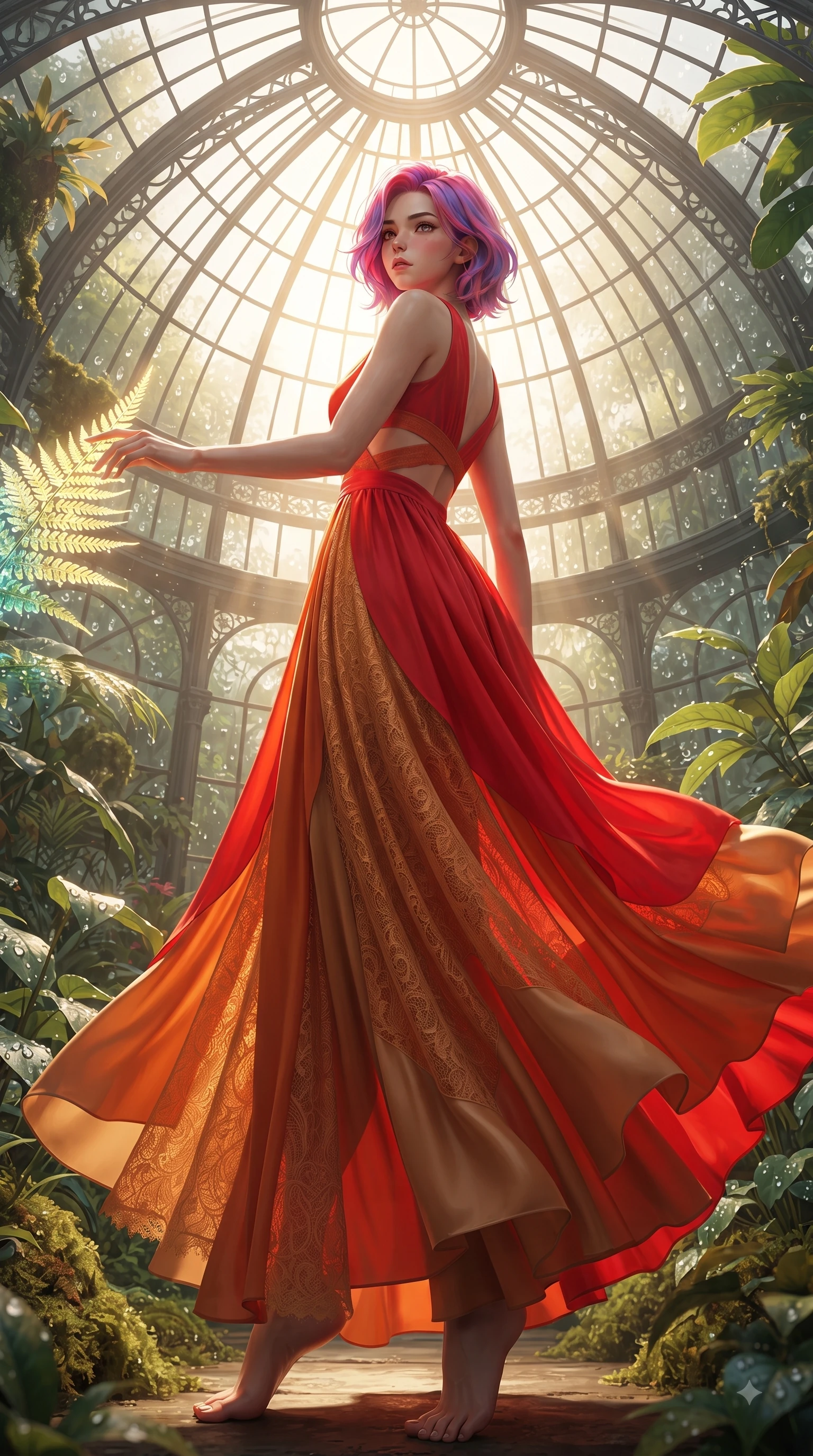 score_9, masterpiece, best quality, ultra-detailed, high-budget anime keyframe, editorial fashion photography, tasteful artistic composition, Caucasian woman. low angle full-body shot from head to toe showing her feet, filling the entire 9:16 vertical frame with her statuesque presence, stretching her vertical silhouette. Tender lingering expression with a quiet reluctant backward glance, as if hesitating to leave the moment while reaching out elegantly to touch a bioluminescent fern leaf under streaming sunbeams. The surrounding environment is rendered in vivid detail and crisp panoramic clarity. intricate glasshouse steel dome architecture, tropical plant leaf textures, and dewdrop details in crisp resolution. She has an absolutely perfect, statuesque 8.5-heads proportion, an exceptionally tall and slender model-like female figure with impossibly long slender legs and an ultra-slim waist. sharp v-shaped jawline, high-bridge nose, intricate jewel-like eyes with depth, thick eyelashes, glossy lips with a natural sheen, flawlessly proportioned anatomical accuracy, natural body alignment, perfectly sculpted elegant limbs, clean dynamic posture without body distortion. wearing a vibrant scarlet red chiffon maxi dress with a dramatic flowing skirt in burnt orange and warm camel beige, made of fine lace weave and soft satin jersey, complemented by clean architectural seams and subtle cutouts, the chic fashion cut framing her graceful clavicle and slender torso. bathed in bright golden sunbeams streaming through glasshouse panes. ultra-reflective glossy finish, specular highlights, metallic sheen, high-contrast stereoscopic depth, volumetric dynamic lighting, 2k, ultra detail, master piece, 9:16 ratio