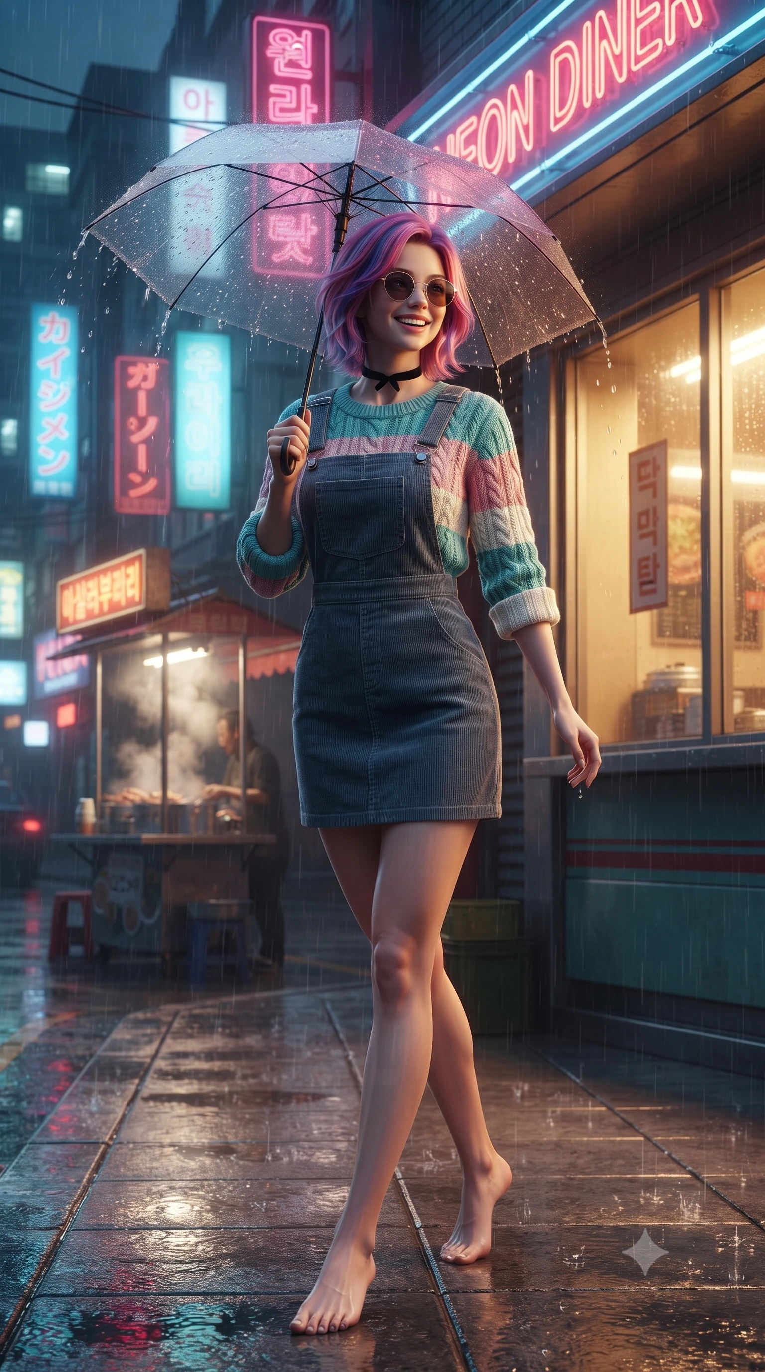 score_9, masterpiece, best quality, ultra-detailed, high-budget anime keyframe, editorial fashion photography, tasteful artistic composition, Caucasian woman. low angle full-body shot from head to toe showing her feet, filling the entire 9:16 vertical frame with her statuesque presence, stretching her vertical silhouette. stepping forward gracefully in mid-motion, displaying her toned flat midriff and flawlessly sculpted slender limbs while standing under the neon diner awning shaking raindrops from her umbrella with a sweet, radiant laugh. The surrounding environment is rendered in vivid detail and crisp panoramic clarity. authentic 90s film noir chiaroscuro and atmospheric retro Asian city nightlife rendered in precision. She has an absolutely perfect, statuesque 8.5-heads proportion, an exceptionally tall and slender model-like female figure with impossibly long slender legs, a toned flat midriff, and an ultra-slim waist. sharp v-shaped jawline, high-bridge nose, intricate jewel-like eyes with depth, thick eyelashes, glossy lips with a natural sheen, captivating and magnetic expression, flawlessly proportioned anatomical accuracy, strict slender model proportions, natural body alignment, perfectly sculpted long slender limbs, ultra-slim waistline, clean dynamic posture without body distortion. wearing a vintage corduroy dungaree dress layered over a pastel striped baby-tee with rolled cuffs in retro turquoise, baby pink, and white, knitted from soft cozy lambswool yarn with cable-knit textures, finished with a delicate black velvet ribbon choker and vintage sunglasses, the liquid-tight tailored fabric emphasizing every curve of her tall, slender model proportions and sculptured silhouette during dynamic movement. illuminated by warm golden diner window key light sculpting her cheekbones and joyful expression. ultra-reflective glossy finish, specular highlights, rich textural contrasts, high-contrast stereoscopic depth, volumetric dynamic lighting, 2k, ultra detail, master piece, 9:16 ratio