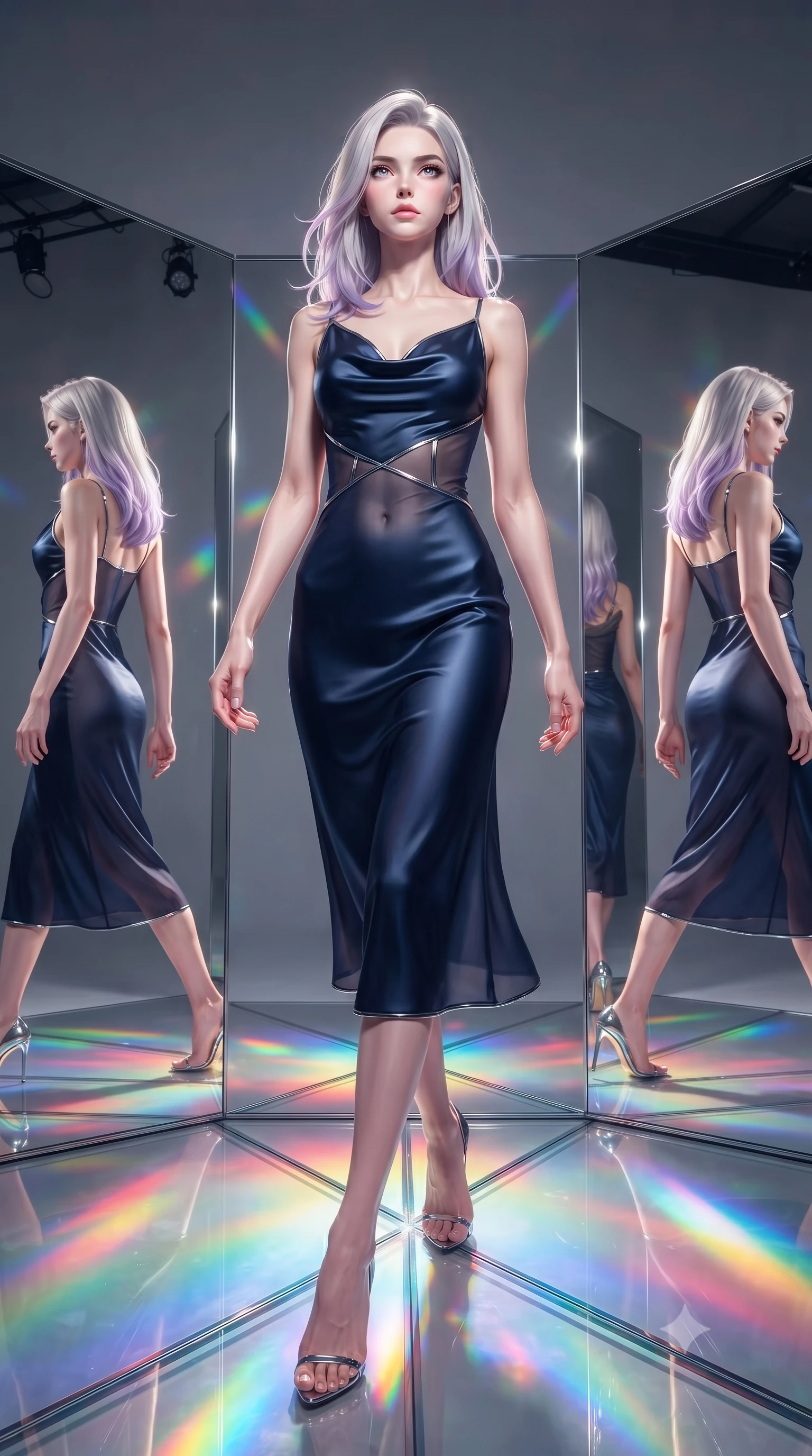 score_9, masterpiece, best quality, ultra-detailed, high-budget anime keyframe, editorial fashion photography, tasteful artistic composition, Caucasian woman. low angle full-body shot from head to toe showing her feet, filling the entire 9:16 vertical frame with her statuesque presence, stretching her vertical silhouette. stepping forward in a proud dynamic stride, her vertical silhouette filling the frame with statuesque presence while pivoting gracefully on a glass floor drenched in vibrant multi-color light reflections, multiple mirror reflections capturing her statuesque form from dramatic angles. She has an absolutely perfect, statuesque 8.5-heads proportion, an exceptionally tall and slender model-like female figure with impossibly long slender legs and an ultra-slim waist. sharp v-shaped jawline, high-bridge nose, intricate jewel-like eyes with depth, thick eyelashes, glossy lips with a natural sheen, flawlessly proportioned anatomical accuracy, natural body alignment, perfectly sculpted elegant limbs, clean dynamic posture without body distortion. wearing an elegant cowl-neck satin midi dress with a graceful draped neckline in midnight navy blue and chrome trim, woven from fine semi-opaque sheer organza, featuring subtle geometric cutouts that highlight her ultra-slim midriff, the sleek second-skin texture accentuating her magnetic presence. surrounded by a radiant, high-energy reflection aura. ultra-reflective glossy finish, specular highlights, metallic sheen, high-contrast stereoscopic depth, volumetric dynamic lighting, 2k, ultra detail, master piece, 9:16 ratio