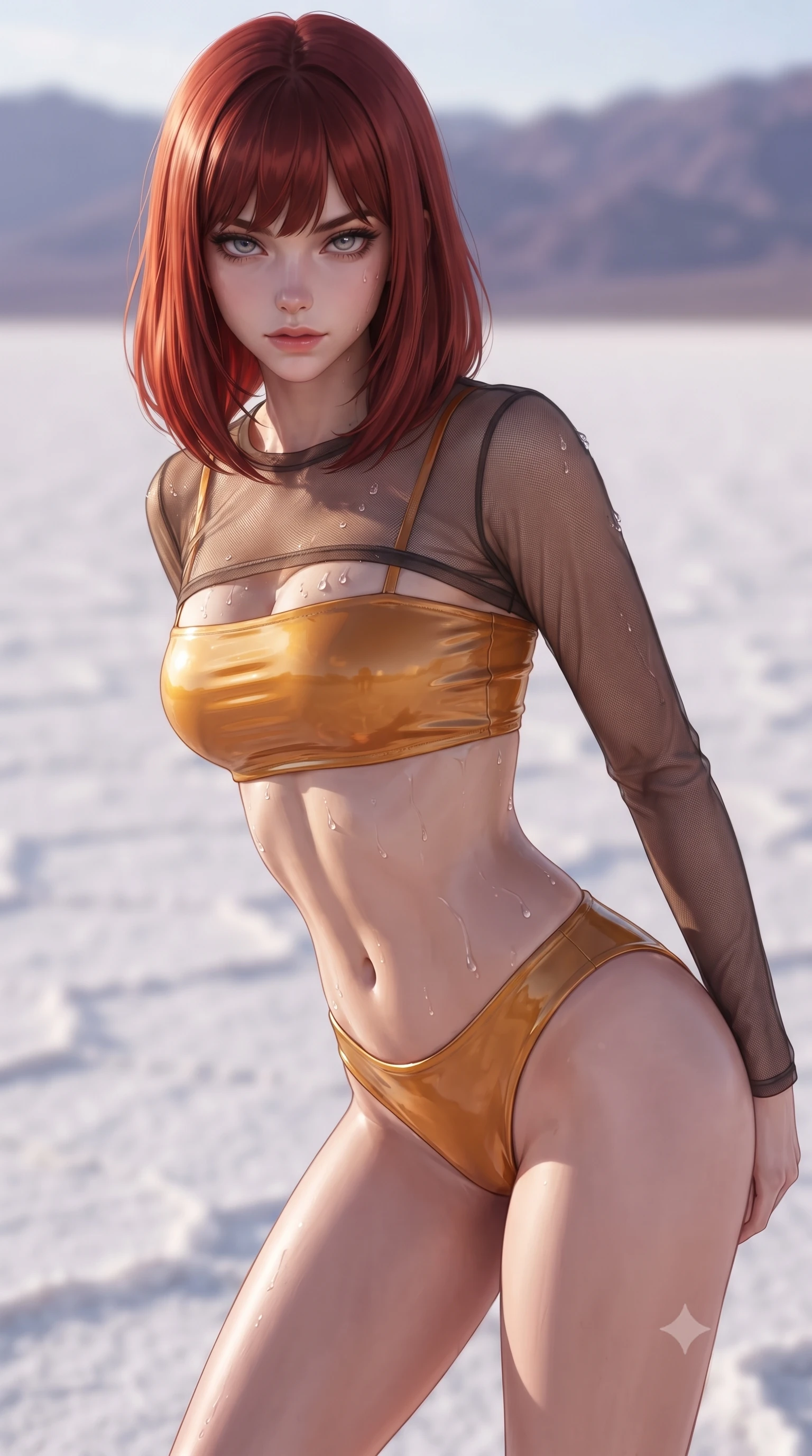 score_9, masterpiece, best quality, ultra-detailed, high-budget anime keyframe, editorial fashion photography, tasteful artistic composition, Caucasian woman. close-up cowboy shot from the waist and thighs up, the character dominates the composition, filling the frame with her large presence. leaning forward while arching her lower back to accentuate her curvy hips, looking into the camera with an intoxicating smoldering gaze and bedroom-eyes while twisting her slender torso in an alluring contrapposto stance, shimmering heat mirages tracing her sculpted flat midriff and curvy hips. The background shows a soft-focus endless white salt crystal hexagons, shimmering atmospheric heat haze, and distant barren purple mountains blurred into opal, violet, and silver bokeh. She has an exceptionally elegant, slender, and willowy female figure with an ultra-slim waist, flat toned midriff, narrow ribcage, and sculpted feminine hips creating an alluring, slim hourglass silhouette without bulk. sharp v-shaped jawline, high-bridge nose, sparkling eyes with hypnotic seductive depth, thick curled eyelashes, glossy parted lips with a natural dewy peach sheen, alluring bedroom-eyes with an enchanting coquettish smile, exuding magnetic siren charisma and sophisticated glamour, flawlessly proportioned anatomical accuracy, strict slender model proportions, natural body alignment, perfectly sculpted long slender limbs, ultra-slim waistline, clean dynamic posture without body distortion. wearing a sheer gossamer mesh long-sleeve rashguard crop top layered over an opaque strappy bandeau and low-waisted briefs in warm amber honey and antique gold leaf, crafted from wet-look high-gloss vinyl fabric with dazzling specular surface reflections, finished with glistening drops of seawater beading across her sculpted shoulders and flat midriff, the glove-like clinging cut tightly following the natural contour of her hips and long slender legs with youthful 8.5-heads elegance. illuminated by ground salt reflection fill and sharp white-gold rim lights defining her delicate clavicles, narrow waist, and curvy hips. ultra-reflective glossy finish, specular highlights, rich textural contrasts, high-contrast stereoscopic depth, volumetric dynamic lighting, 2k, ultra detail, master piece, 9:16 ratio