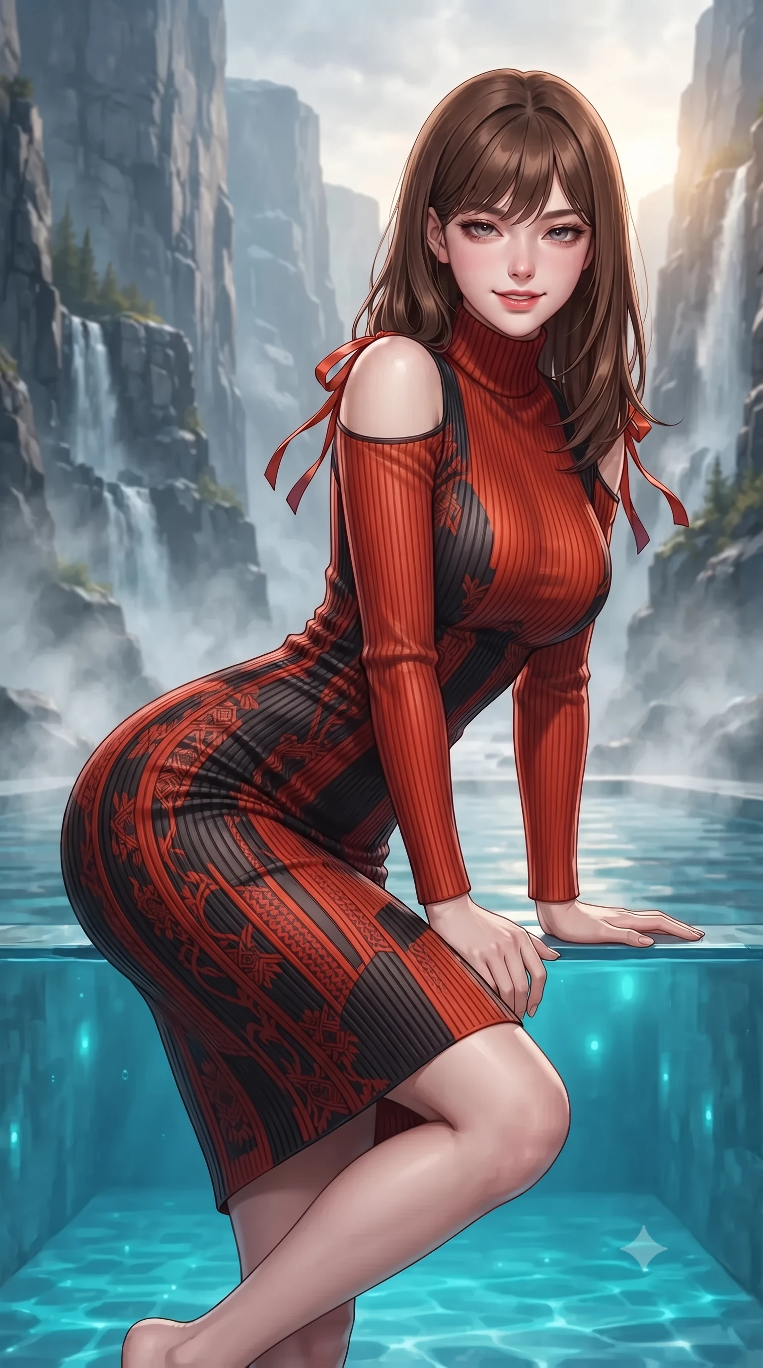 score_9, masterpiece, best quality, ultra-detailed, high-budget anime keyframe, editorial fashion photography, tasteful artistic composition, Korean woman. close-up cowboy shot from the waist and thighs up, the character dominates the composition, filling the frame with her large presence. leaning forward while arching her lower back to accentuate her curvy hips, looking into the camera with an intoxicating smoldering gaze and bedroom-eyes while leaning against the acrylic infinity pool rim with hips cocked back, looking up at sheer 1,000-meter vertical granite cliffs and tumbling waterfalls with heavy-lidded bedroom-eyes. The background shows a soft-focus billowing thermal hot tub steam softened in dramatic Nordic canyon hideaway shallow focus. She has an exceptionally elegant, slender, and willowy female figure with an ultra-slim waist, flat toned midriff, narrow ribcage, and sculpted feminine hips creating an alluring, slim hourglass silhouette without bulk. sharp v-shaped jawline, high-bridge nose, intricate jewel-like sparkling eyes with depth, thick eyelashes, glossy parted lips with a natural peach sheen, bright cheerful beaming smile with an enchanting and coquettish sensual glint, exuding both youthful cute charm and seductive allure, flawlessly proportioned anatomical accuracy, strict slender model proportions, natural body alignment, perfectly sculpted long slender limbs, ultra-slim waistline, clean dynamic posture without body distortion. wearing an ultra-sleek French Normandy second-skin ribbed knit turtleneck midi dress hugging every millimeter of her hourglass frame in Reinefjorden rorbu vermilion red and obsidian granite, woven from buttery-soft stretch lambskin leather adhering to her body like a second skin, finished with satin ribbon ties at the shoulders fluttering in the gentle breeze, the bespoke structured tailoring following the natural line of her 8.5-heads silhouette with refined elegance. bathed in underwater pool turquoise LEDs combined with golden late-evening sun filtering between narrow mountain gaps. ultra-reflective glossy finish, specular highlights, rich textural contrasts, high-contrast stereoscopic depth, volumetric dynamic lighting, 2k, ultra detail, master piece, 9:16 ratio