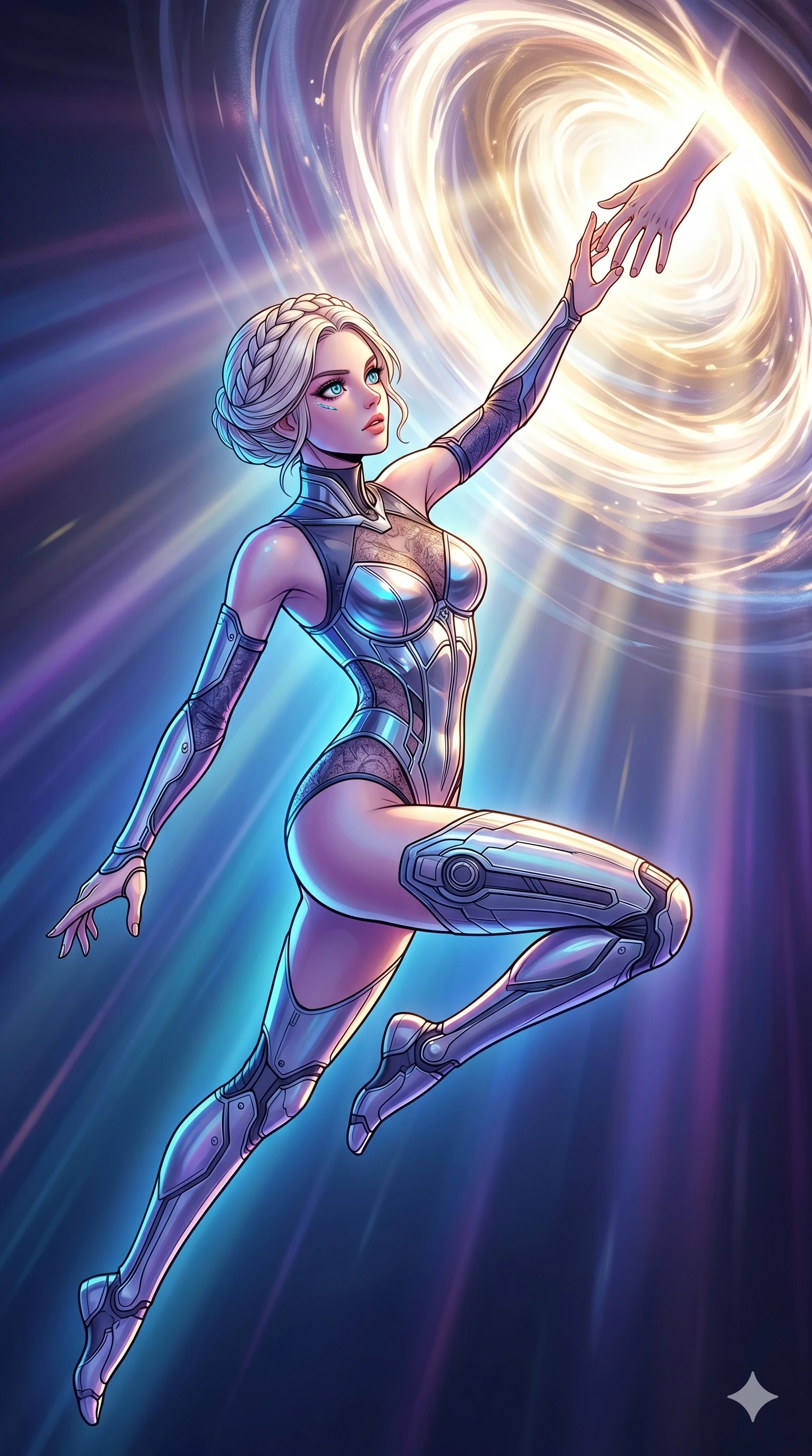 score_9, masterpiece, best quality, ultra-detailed, high-budget anime movie keyframe, cinematic anime lighting, intricate line art, Caucasian (strictly human ears) woman. Extreme high angle shot as she leaps towards the camera, filling the frame. reaching for a hand that is reaching back from a portal of light. She has an absolutely perfect 8-heads proportion, an exceptionally tall and slender female figure with graceful and slender proportions. strictly human anatomy, two legs only, no extra limbs, clearly defined legs and arms, perfect anatomy, perfect hands and fingers. sharp v-shaped jawline, high-bridge nose, intricate jewel-like eyes, thick eyelashes, glossy lips. Wearing Cyber-Tech Legacy: Asymmetrical sleek tech-bodysuit with detached sleeves and chrome-plated corset over sheer lace. The scene is illuminated by dramatic atmospheric lighting and vibrant color palettes. , 2k, ultra detail, master piece, 9:16 ratio
