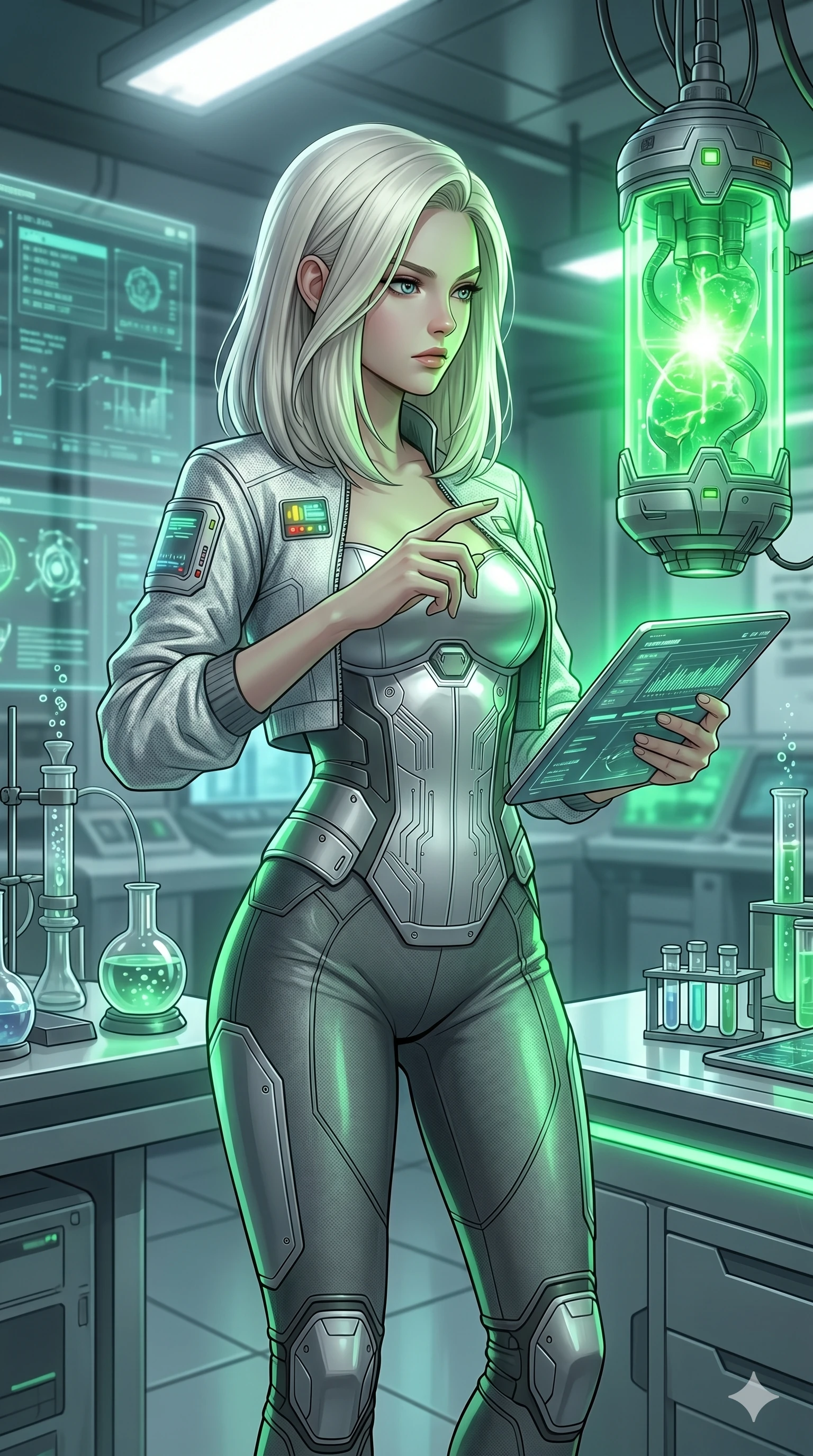 score_9, masterpiece, best quality, ultra-detailed, high-budget anime keyframe, editorial fashion photography, tasteful artistic composition, Caucasian woman, strictly human ears. Upper body close-up from the thighs up, character filling the screen for maximum presence. Inside a research lab, inspecting a glowing bio-capsule, holding a digital tablet, looking at the capsule with a focused expression. She is wearing a cropped lab jacket over a structured silver bodice and utility leggings. The scene is lit by the bright green glow of the capsule and white halogen lights. 2k, ultra detail, master piece, 9:16 ratio