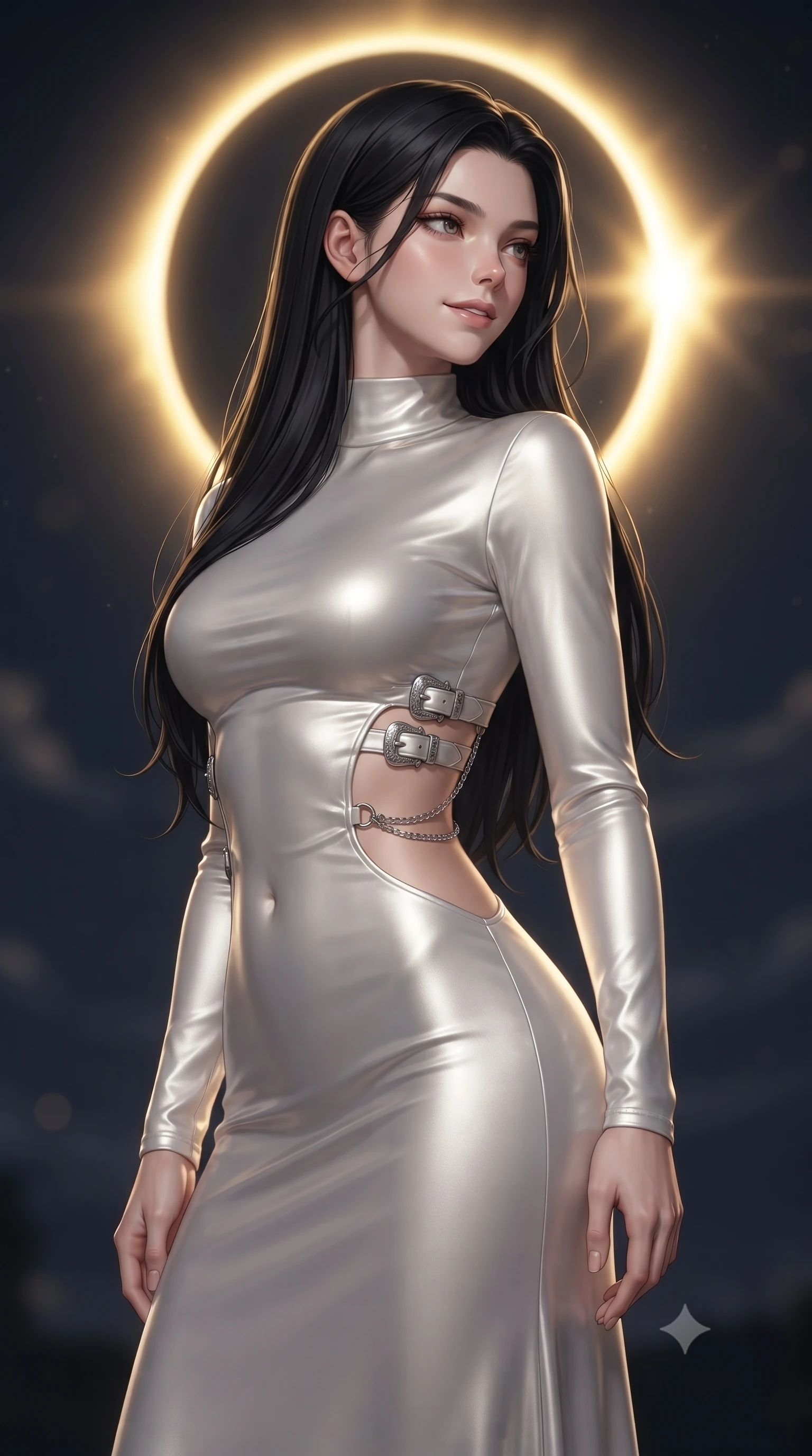 score_9, masterpiece, best quality, ultra-detailed, high-budget anime keyframe, editorial fashion photography, tasteful artistic composition, Korean woman. close-up cowboy shot from the waist and thighs up, the character dominates the composition, filling the frame with her large presence, background elements kept in soft focus. Glancing sidelong over her shoulder with a smoldering half-smile, looking out at a dark sky surrounded by a brilliant golden eclipse halo, high-contrast golden-on-dark lighting emphasizing her vertical pose. She has an exceptionally elegant, slender, and willowy female figure with an ultra-slim waist, a gracefully sculpted slender torso, and a refined silhouette. sharp v-shaped jawline, high-bridge nose, intricate jewel-like eyes with depth, thick eyelashes, glossy lips with a natural sheen. wearing floor-length high-neck champagne silk velvet gown with long sleeves in pearl white, made of liquid mercury jersey, framed by polished silver buckles and delicate chain details, accentuating her gracefully sculpted slender torso. illuminated by the radiant golden corona of a solar eclipse. ultra-reflective glossy finish, specular highlights, metallic sheen, high-contrast stereoscopic depth, volumetric dynamic lighting, 2k, ultra detail, master piece, 9:16 ratio