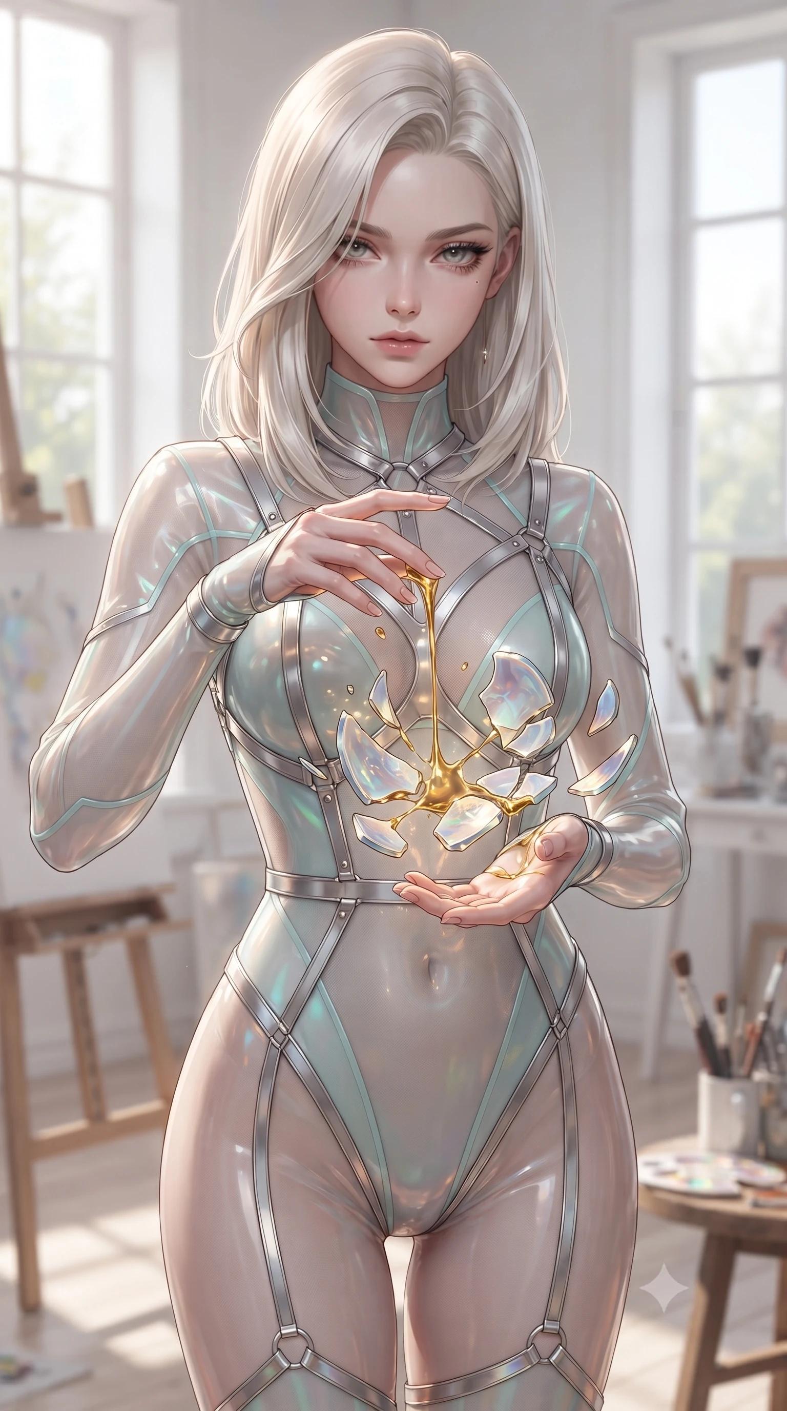 score_9, masterpiece, best quality, ultra-detailed, high-budget anime keyframe, editorial fashion photography, tasteful artistic composition, Caucasian woman. close-up cowboy shot from the waist and thighs up, the character dominates the composition, filling the frame with her large presence, background elements kept in soft focus. Casting a slow, direct gaze beneath heavy lashes with quiet intensity, guiding viscous golden kintsugi liquid hovering between shattered opal ceramic shards, opal glaze textures displaying iridescence and rich glossy finishes. She has an exceptionally elegant, slender, and willowy female figure with an ultra-slim waist, a gracefully sculpted slender torso, and a refined silhouette. sharp v-shaped jawline, high-bridge nose, intricate jewel-like eyes with depth, thick eyelashes, glossy lips with a natural sheen. wearing translucent liquid acrylic splash bodysuit with semi-opaque mesh in pale opal seafoam, made of iridescent hologram organza, highlighted by a platinum metallic harness structure, contouring every curve with an exceptionally elegant silhouette. bathed in bright natural daylight filtering through large atelier windows. ultra-reflective glossy finish, specular highlights, metallic sheen, high-contrast stereoscopic depth, volumetric dynamic lighting, 2k, ultra detail, master piece, 9:16 ratio