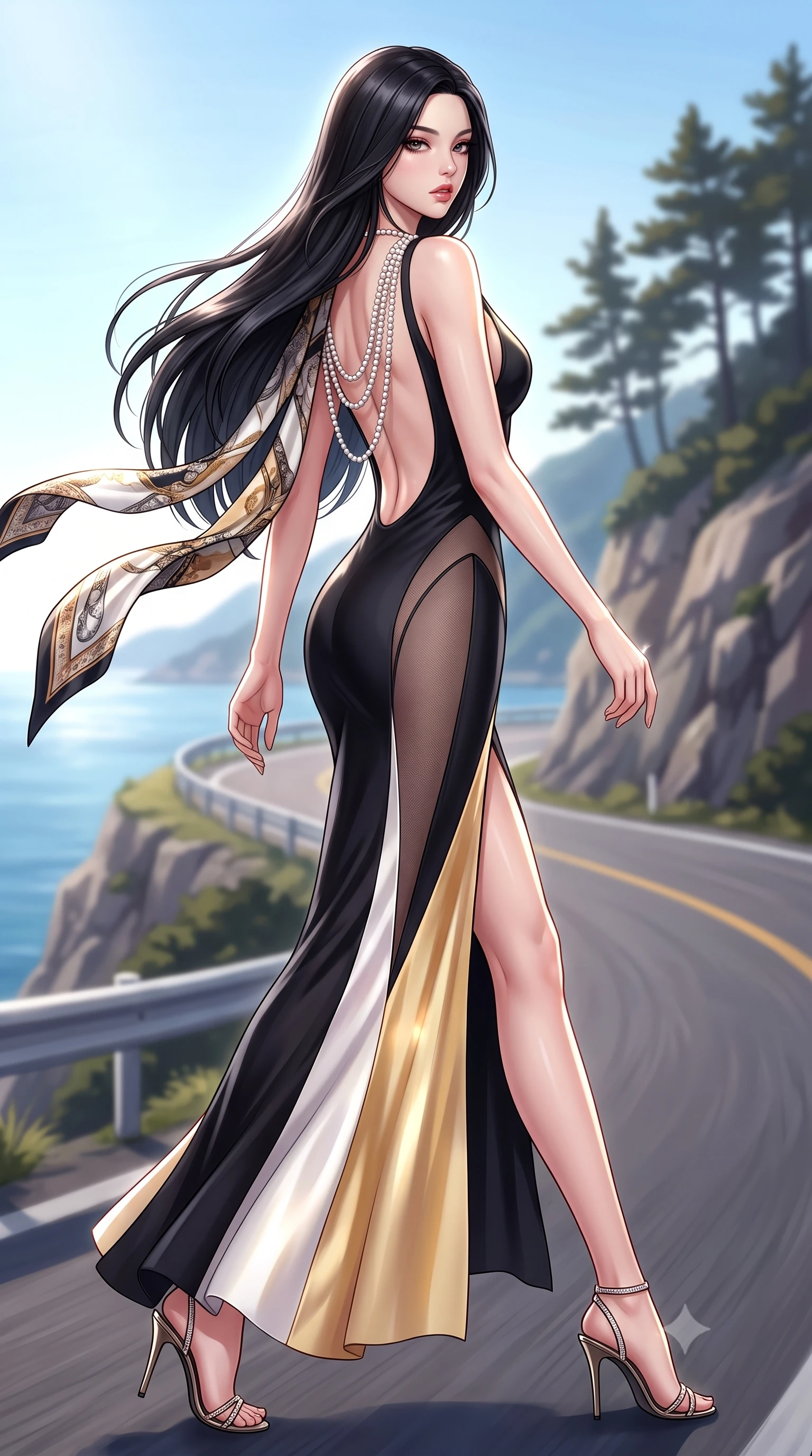 score_9, masterpiece, best quality, ultra-detailed, high-budget anime keyframe, semi-realistic 3D game render, editorial fashion photography, tasteful artistic composition, Korean woman. low angle full-body shot from head to toe showing her feet, filling the entire 9:16 vertical frame with her statuesque presence, stretching her vertical silhouette. striding forward in a proud supermodel runway stride, hips swaying in an alluring kinetic rhythm that accentuates her curvy hourglass silhouette while striding gracefully along the coastal corniche as sea winds flutter her open silk scarf, hips swaying in an alluring supermodel rhythm. The composition keeps background elements in soft focus with creamy bokeh. winding cliffside road barriers and coastal pine silhouettes softened in glamorous shallow focus. She has an exceptionally tall and slender model-like 8.5-heads proportion, an ultra-slim waist, a flat toned midriff, narrow delicate ribcage, and beautifully sculpted feminine hips creating a graceful, slim hourglass silhouette without any bulky heaviness, with impossibly long slender legs. sharp v-shaped jawline, high-bridge nose, intricate jewel-like eyes with depth, thick eyelashes, glossy parted lips with a natural sheen, intensely captivating and seductive bedroom-eyes expression, flawlessly proportioned anatomical accuracy, strict slender model proportions, natural body alignment, perfectly sculpted long slender limbs, ultra-slim waistline, clean dynamic posture without body distortion. wearing a second-skin black silk jersey maxi dress with asymmetrical sheer mesh side panels tracing the full curve of her hip in pure alabaster white and sun-kissed gold, tailored from ultra-smooth duchess satin with a pearlescent sheen, accented with a multi-strand pearl back necklace cascading down her bare spine to her hips, the dramatically scooped open back descending to the base of her spine, accentuating her razor-sharp statuesque lines and slim hourglass silhouette. illuminated by bright specular sun glints sharply carving her razor-sharp jawline, narrow waist, and curvy hips. highly saturated vibrant anime colors, detailed shading with soft gradients, rich glossy textures, high-contrast stereoscopic depth, volumetric dynamic lighting, master piece, 9:16 ratio