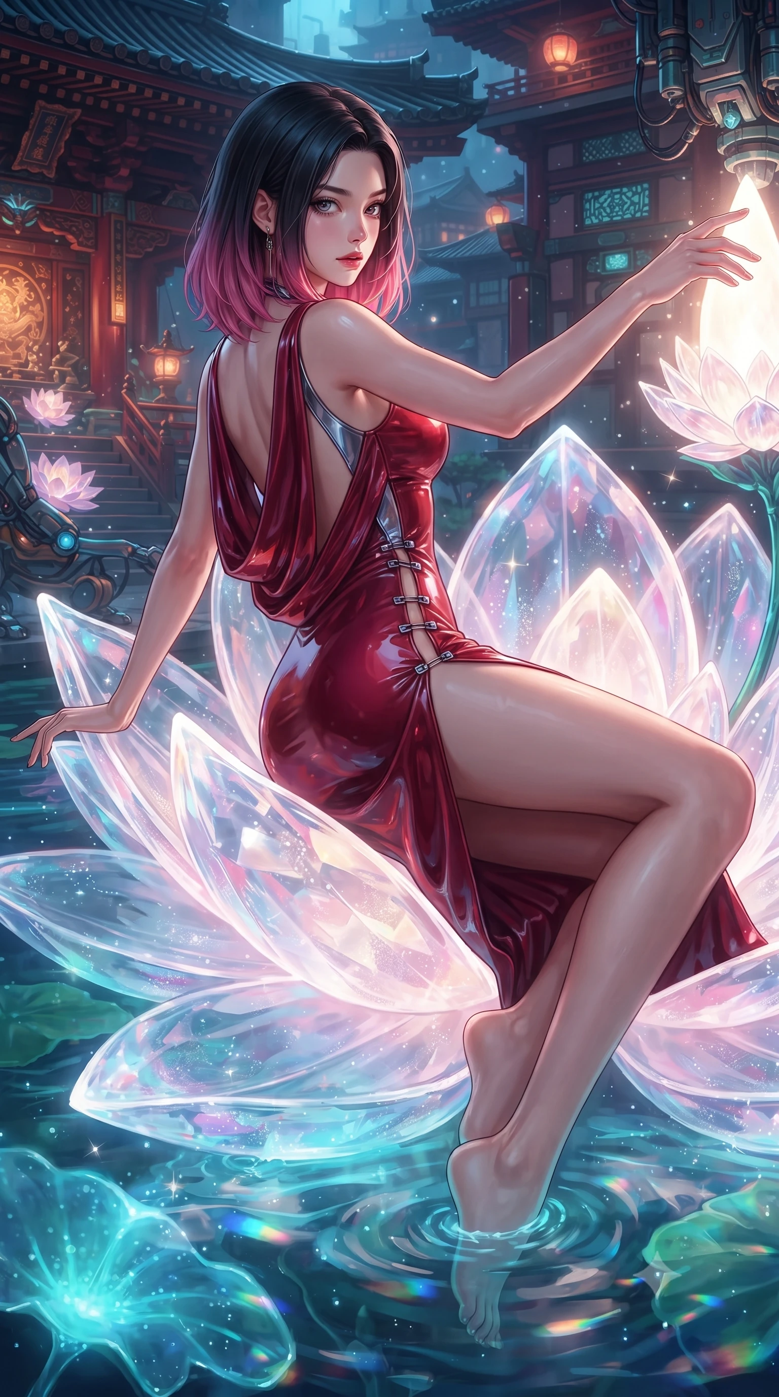 score_9, masterpiece, best quality, ultra-detailed, high-budget anime keyframe, editorial fashion photography, tasteful artistic composition, Korean woman. close-up cowboy shot from the waist and thighs up, the character dominates the composition, filling the frame with her large presence. extending one arm gracefully toward the light while her torso arches in a sleek, alluring curve with magnetic intensity while lounging seductively across a glowing lotus petal with her legs trailing into the clear tech-pond. The surrounding environment is rendered in vivid detail and crisp panoramic clarity. rich oriental cyber-temple aesthetics captured with environmental clarity. She has an exceptionally elegant, slender, and willowy female figure with an ultra-slim waist, a gracefully sculpted slender torso, and a refined silhouette. sharp v-shaped jawline, high-bridge nose, intricate jewel-like eyes with depth, thick eyelashes, glossy lips with a natural sheen, flawlessly proportioned anatomical accuracy, natural body alignment, perfectly sculpted elegant limbs, clean dynamic posture without body distortion. wearing a precision-fitted liquid jersey bodycon dress with a dramatic draped cowl back that swoops down to her waist in deep ruby red and polished chrome accents, formed from high-gloss patent material with specular light reflections, finished with an ultra-high side slit secured by miniature magnetic clasps, the glove-like fit tightly following every curve of her statuesque athletic build. bathed in pure crystal petal illumination and sparkling aquatic refractions. ultra-reflective glossy finish, specular highlights, metallic sheen, high-contrast stereoscopic depth, volumetric dynamic lighting, 2k, ultra detail, master piece, 9:16 ratio