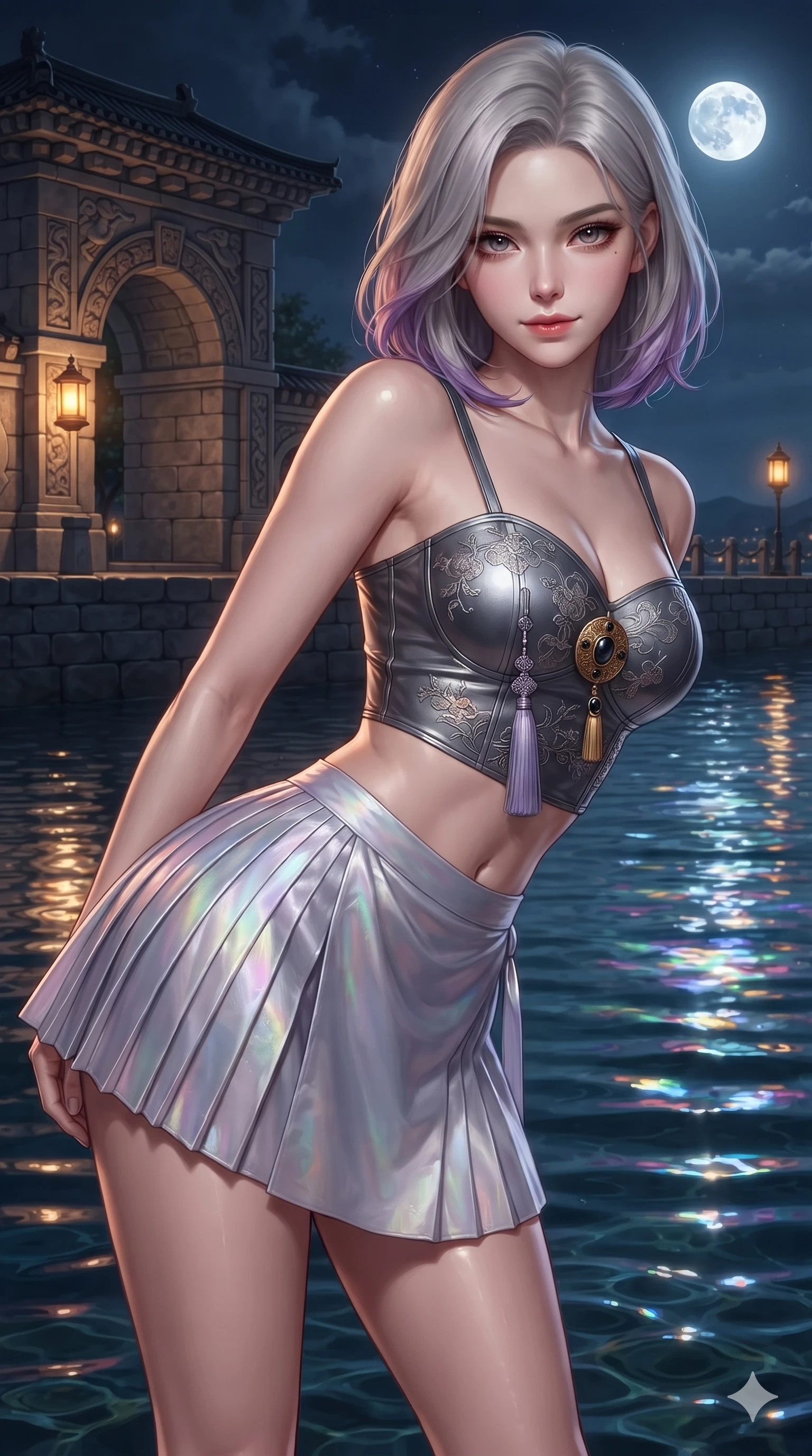 score_9, masterpiece, best quality, ultra-detailed, high-budget anime keyframe, editorial fashion photography, tasteful artistic composition, Caucasian woman. close-up cowboy shot from the waist and thighs up, the character dominates the composition, filling the frame with her large presence. leaning forward while arching her lower back to accentuate her curvy hips, looking into the camera with an intoxicating smoldering gaze and bedroom-eyes while twisting her slender torso in an alluring contrapposto stance, shimmering water reflections contouring her waist and hips. The surrounding environment is rendered in vivid detail and crisp panoramic clarity: sharp dressed stone pier masonry, carved granite arch relief work, and water surface ripple clarity in deep focus. She has an exceptionally elegant, slender, and willowy female figure with an ultra-slim waist, flat toned midriff, narrow ribcage, and sculpted feminine hips creating an alluring, slim hourglass silhouette without bulk. sharp v-shaped jawline, high-bridge nose, sparkling eyes with hypnotic seductive depth, thick curled eyelashes, glossy parted lips with a natural dewy peach sheen, alluring bedroom-eyes with an enchanting coquettish smile, exuding magnetic siren charisma and sophisticated glamour, flawlessly proportioned anatomical accuracy, strict slender model proportions, natural body alignment, perfectly sculpted long slender limbs, ultra-slim waistline, clean dynamic posture without body distortion. wearing a modern boned hanbok bustier top with norigae tassel paired with an ultra-short micro-pleated silk wrap mini skirt in iridescent mother-of-pearl and misty lavender, made of liquid dark mercury jersey with seamless sculpting hold and fluid drape, accented with an authentic engraved gold medallion and obsidian cabochons, the form-contouring silhouette accentuating her sculpted flat midriff, narrow delicate ribcage, and gracefully curvy hips with intoxicating allure. bathed in celestial full-moon light contrasting with warm architectural gate lanterns. ultra-reflective glossy finish, specular highlights, rich textural contrasts, high-contrast stereoscopic depth, volumetric dynamic lighting, 2k, ultra detail, master piece, 9:16 ratio