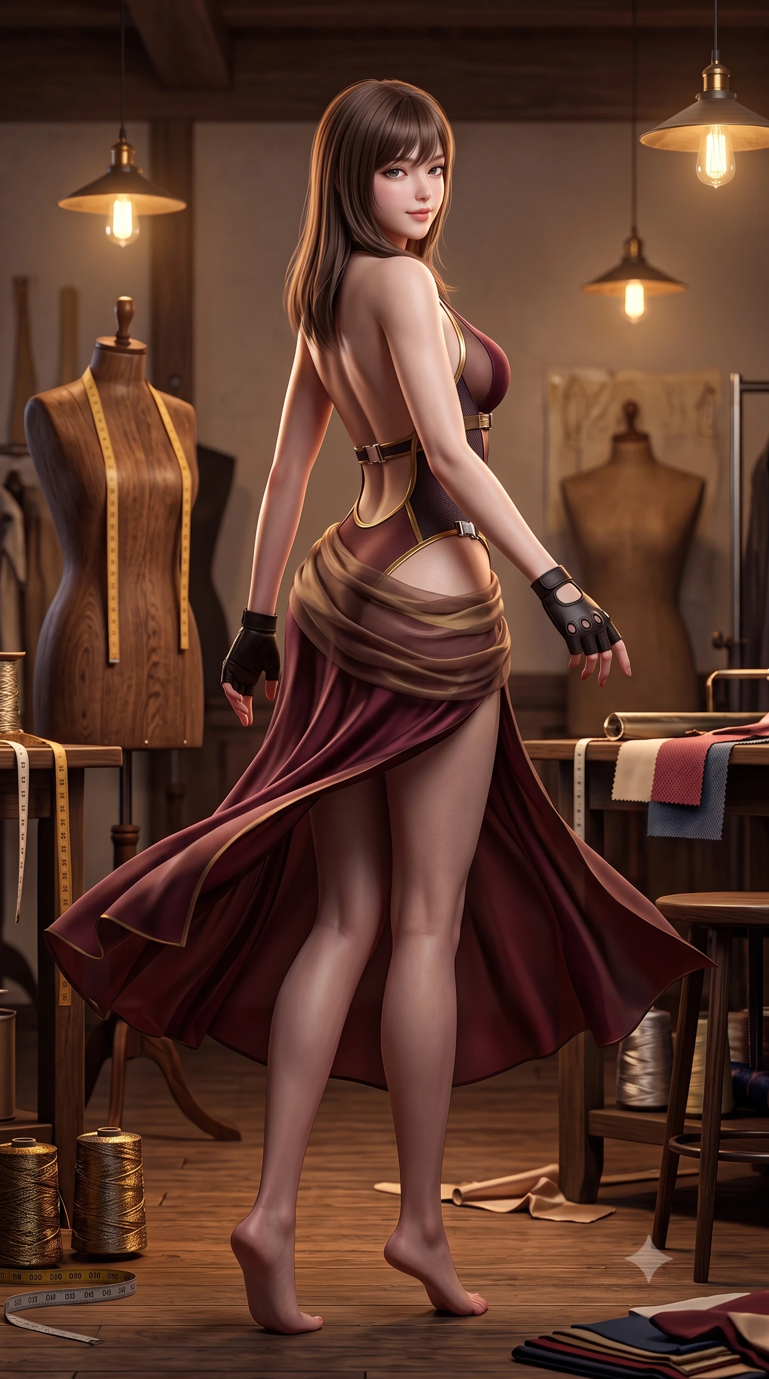 score_9, masterpiece, best quality, ultra-detailed, high-budget anime keyframe, semi-realistic 3D game render, editorial fashion photography, tasteful artistic composition, Korean woman. low angle full-body shot from head to toe showing her feet, filling the entire 9:16 vertical frame with her statuesque presence, stretching her vertical silhouette. executing a slow, graceful pivot turn as her skirt sways around her slender legs, glancing back with an enchanting, teasing sensual expression while twisting her slender torso in an alluring contrapposto stance, sheer silk fabric rolls draping around her narrow waist and curvy hips. The surrounding environment is rendered in vivid detail and crisp panoramic clarity: sharp antique mannequin wood grain, tape measure markings, and intricate metallic brocade threads in deep focus. She has an absolutely perfect, statuesque 8.5-heads proportion, an exceptionally tall and slender model-like female figure with impossibly long slender legs, an ultra-slim waist, a flat toned midriff, narrow delicate ribcage, and beautifully sculpted feminine hips creating a graceful, slim hourglass silhouette without any bulky heaviness. sharp v-shaped jawline, high-bridge nose, sparkling eyes with hypnotic seductive depth, thick curled eyelashes, glossy parted lips with a natural dewy peach sheen, alluring bedroom-eyes with an enchanting coquettish smile, exuding magnetic siren charisma and sophisticated glamour, flawlessly proportioned anatomical accuracy, strict slender model proportions, natural body alignment, perfectly sculpted long slender limbs, ultra-slim waistline, clean dynamic posture without body distortion. wearing a slinky backless halterneck tactical leotard with micro-ripstop side panels and quick-release chrome buckles in smoky bordeaux wine and gilded bronze, made of semi-opaque stretch illusion mesh with soft shadowy contours, finished with fingerless matte leather tactical driving gloves with reinforced knuckles, the second-skin tailored fabric adhering flawlessly to her sculpted flat midriff and slender torso, emphasizing her long leg lines and perfectly proportioned willowy build. bathed in soft warm incandescent atelier lamps hanging low over work tables. highly saturated vibrant anime colors, detailed shading with soft gradients, rich glossy textures, high-contrast stereoscopic depth, volumetric dynamic lighting, master piece, 9:16 ratio