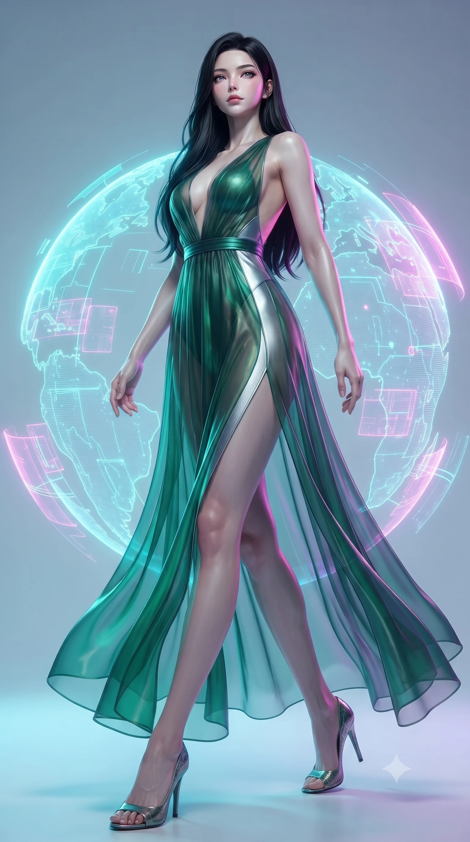 score_9, masterpiece, best quality, ultra-detailed, high-budget anime keyframe, editorial fashion photography, tasteful artistic composition, Korean woman. low angle full-body shot from head to toe showing her feet, filling the entire 9:16 vertical frame with her statuesque presence, stretching her vertical silhouette. stepping forward with proud posture, filling the vertical frame with her magnetic presence interacting with a giant glowing holographic globe of a cybernetic planet, translucent cyan and magenta holographic panels hovering seamlessly. She has an absolutely perfect, statuesque 8.5-heads proportion, an exceptionally tall and slender model-like female figure with impossibly long slender legs and an ultra-slim waist. sharp v-shaped jawline, high-bridge nose, intricate jewel-like eyes with depth, thick eyelashes, glossy lips with a natural sheen. wearing a translucent iridescent chiffon gown with a plunging neckline and open back in deep emerald green and silver accent, formed from sleek second-skin neoprene, finished with a sleek side slit ascending to mid-thigh, the glove-like fit emphasizing her statuesque silhouette. bathed in brilliant neon cyan and magenta rim light with clean white ambient glow. ultra-reflective glossy finish, specular highlights, metallic sheen, high-contrast stereoscopic depth, volumetric dynamic lighting, 2k, ultra detail, master piece, 9:16 ratio