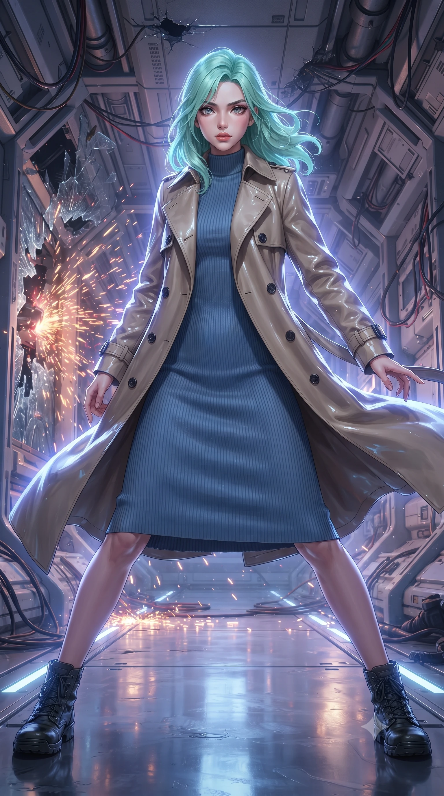 score_9, masterpiece, best quality, ultra-detailed, high-budget anime keyframe, editorial fashion photography, tasteful artistic composition, realistic cosplay photography, Japanese woman. low angle full-body shot from head to toe showing her feet, filling the entire 9:16 vertical frame with her statuesque presence, stretching her vertical silhouette. skidding across a slick reflective surface in a low combat stance through a corridor of a space station with a punctured hull, air venting into space and emergency shutters sliding down in a flurry of sparks. She has a statuesque 8.5-heads proportion, an exceptionally tall, slender and willowy model-like build with impossibly long legs and a highly sculpted ultra-slim waist. sharp v-shaped jawline, high-bridge nose, intricate jewel-like eyes with depth, thick eyelashes, glossy lips with a natural sheen. wearing the lightweight fabric rippling and billowing dramatically with her movement, a body-hugging classic double-breasted beige trench coat layered over a French blue mock-neck ribbed midi dress. cool ethereal blue-violet bioluminescent glow wrapping around her from all sides. ultra-reflective glossy finish, specular highlights, metallic sheen, high-contrast stereoscopic depth, volumetric dynamic lighting, 2k, ultra detail, master piece, 9:16 ratio