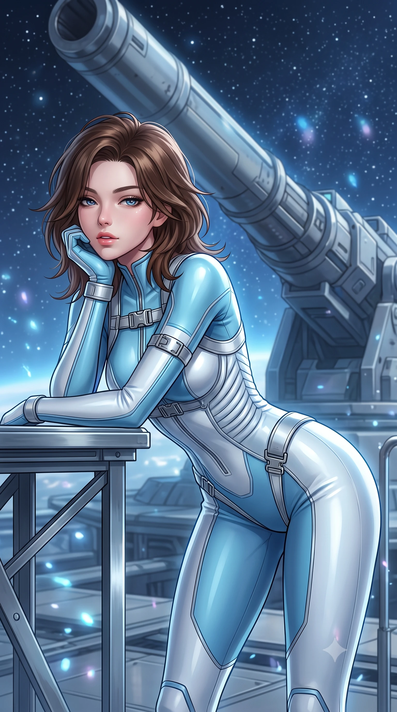 score_9, masterpiece, best quality, ultra-detailed, high-budget anime keyframe, semi-realistic 3D game render, editorial fashion photography, tasteful artistic composition, Korean woman. close-up cowboy shot from the waist and thighs up, the character dominates the composition, filling the frame with her large presence. resting one elbow on the table and supporting her chin, leaning close to the camera with heavy-lidded sparkling eyes and parted lips while standing poised on the maintenance gantry beside the monumental 100-meter railgun barrel pointed into the stars, arching her lower back with sovereign diva charisma. The background shows a soft-focus ionized vacuum plasma particles softened in orbital defense platform shallow focus. She has an exceptionally elegant, slender, and willowy female figure with an ultra-slim waist, flat toned midriff, narrow ribcage, and sculpted feminine hips creating an alluring, slim hourglass silhouette without bulk. sharp v-shaped jawline, high-bridge nose, intricate jewel-like sparkling eyes with depth, thick eyelashes, glossy parted lips with a natural peach sheen, bright cheerful beaming smile with an enchanting and coquettish sensual glint, exuding both youthful cute charm and seductive allure, flawlessly proportioned anatomical accuracy, strict slender model proportions, natural body alignment, perfectly sculpted long slender limbs, ultra-slim waistline, clean dynamic posture without body distortion. wearing an ultra-sleek second-skin tactical combat bodysuit made of liquid-gloss neoprene with reinforced ribcage contouring seams hugging her hourglass figure in arctic cryo-glacier ice blue and platinum white, crafted from fluid liquid silk satin that clings smoothly to her narrow waist and rounded hips with a dewy sheen, finished with sleek magnetic buckle closures fluttering in the breeze, the second-skin tailored fabric adhering flawlessly to her sculpted flat midriff and slender torso, emphasizing her long leg lines and perfectly proportioned willowy build. bathed in cold electric-blue capacitor glow combined with crisp unpolluted starlight. highly saturated vibrant anime colors, detailed shading with soft gradients, rich glossy textures, high-contrast stereoscopic depth, volumetric dynamic lighting, master piece, 9:16 ratio