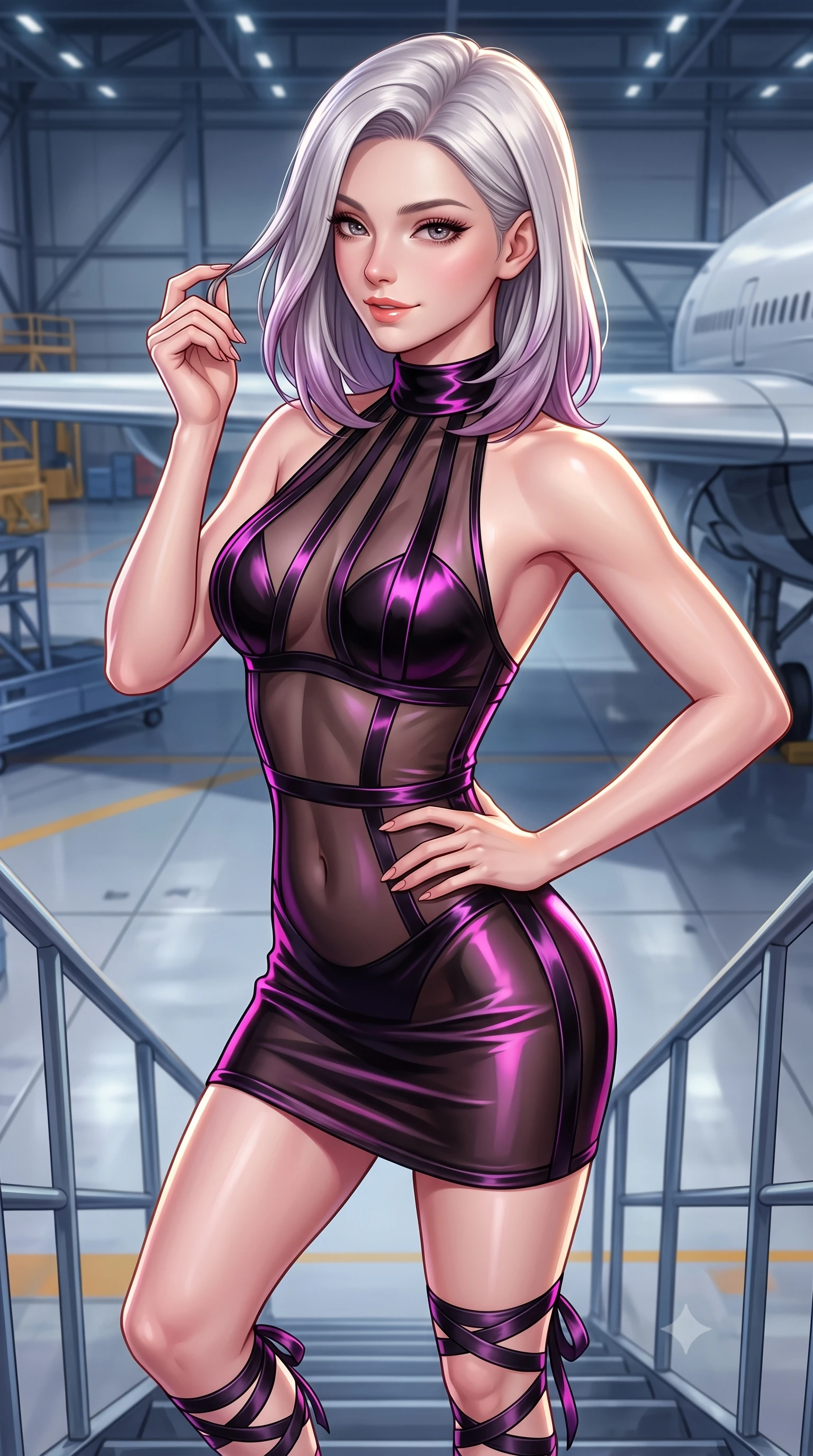 score_9, masterpiece, best quality, ultra-detailed, high-budget anime keyframe, semi-realistic 3D game render, editorial fashion photography, tasteful artistic composition, Caucasian woman. close-up cowboy shot from the waist and thighs up, the character dominates the composition, filling the frame with her large presence. twisting her slender torso in an alluring contrapposto stance, one hand resting on her sculpted hip while her fingers toy with her hair with effortless poise while standing poised on the mobile maintenance gantry stairs, looking back over a bare shoulder toward the vast hangar floor. The surrounding environment is rendered in vivid detail and crisp panoramic clarity: detailed high-cut tactical bodysuit tailoring, chrome buckle shine, and aerospace hangar engineering in high resolution. She has an exceptionally elegant, slender, and willowy female figure with an ultra-slim waist, flat toned midriff, narrow ribcage, and sculpted feminine hips creating an alluring, slim hourglass silhouette without bulk. sharp v-shaped jawline, high-bridge nose, sparkling eyes with hypnotic seductive depth, thick curled eyelashes, glossy parted lips with a natural dewy peach sheen, alluring bedroom-eyes with an enchanting coquettish smile, exuding magnetic siren charisma and sophisticated glamour, flawlessly proportioned anatomical accuracy, strict slender model proportions, natural body alignment, perfectly sculpted long slender limbs, ultra-slim waistline, clean dynamic posture without body distortion. wearing a provocative high-neck sheer illusion ballet dress with liquid satin ribbons contouring her curves in wet-look onyx black with electric magenta reflections, crafted from fluid liquid silk satin that clings smoothly to every curve with a dewy sheen, finished with delicate satin ballet ribbon ties criss-crossing up her slender calves to the knee, the second-skin tailored fabric adhering flawlessly to her sculpted flat midriff and slender torso, emphasizing her long leg lines and perfectly proportioned willowy build. illuminated by composite wing surface bounce and sharp white-gold rim lights defining her collarbones, narrow waist, and curvy hips. highly saturated vibrant anime colors, detailed shading with soft gradients, rich glossy textures, high-contrast stereoscopic depth, volumetric dynamic lighting, master piece, 9:16 ratio
