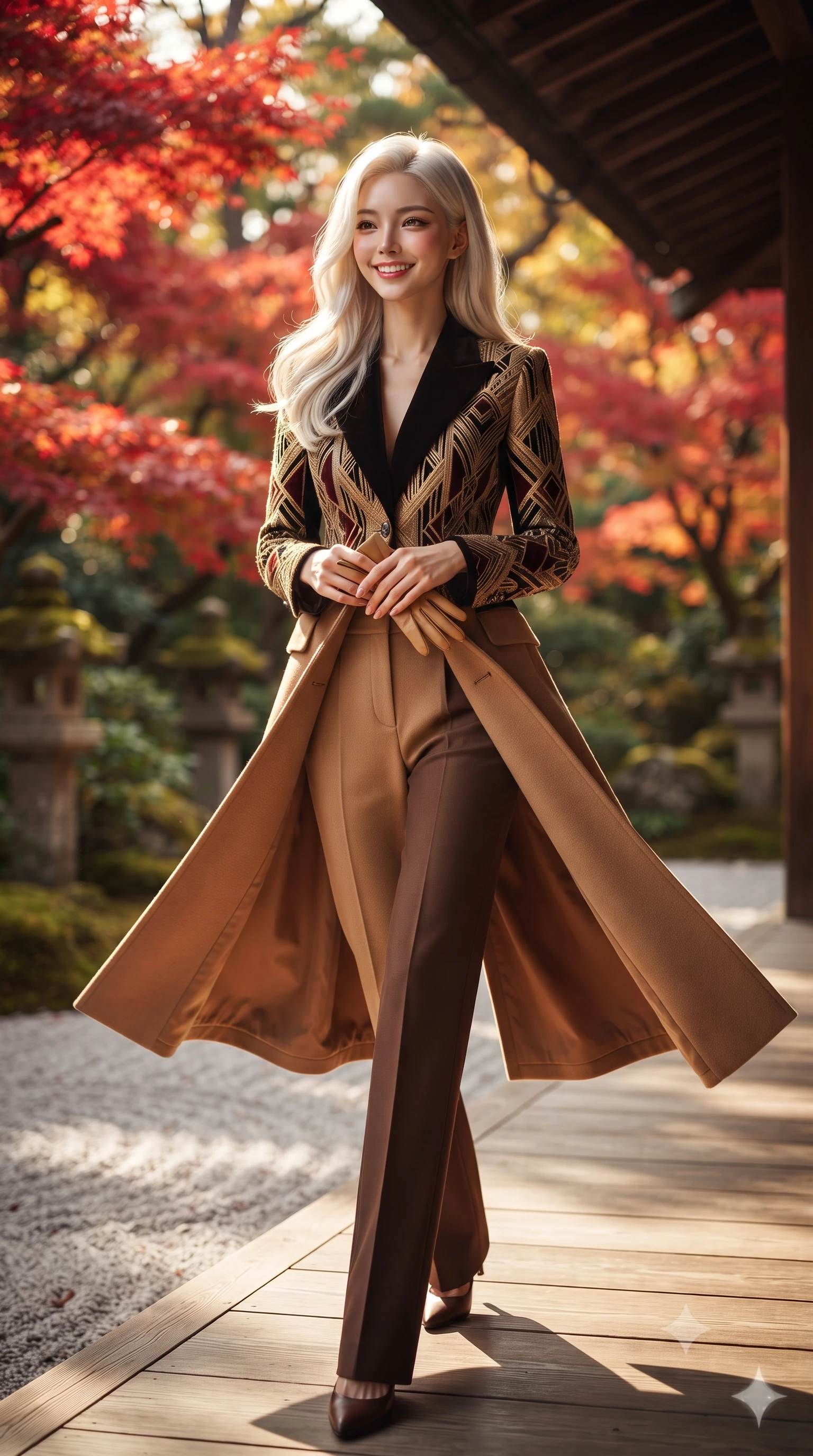 score_9, masterpiece, best quality, ultra-detailed, high-budget anime keyframe, editorial fashion photography, tasteful artistic composition, Korean woman. low angle full-body shot from head to toe showing her feet, filling the entire 9:16 vertical frame with her statuesque presence, stretching her vertical silhouette. stepping forward gracefully in mid-motion with a radiant beaming smile, her long tailored coat fluttering around her slender legs while walking along the exterior wooden gallery overlooking raked white gravel and flaming crimson maple leaves, her tailored coat flowing with poise. The background shows a soft-focus vibrant crimson and vermilion Japanese maple leaves, raked white gravel zen patterns, and mossy stone lanterns blurred into scarlet, amber, and moss green bokeh. She has an exceptionally tall and slender model-like 8.5-heads proportion, an ultra-slim waist, a flat toned midriff, narrow delicate ribcage, and beautifully sculpted feminine hips creating a graceful, slim hourglass silhouette without any bulky heaviness, with impossibly long slender legs. sharp v-shaped jawline, high-bridge nose, intricate jewel-like sparkling eyes with depth, thick eyelashes, glossy parted lips with a natural peach sheen, bright cheerful beaming smile with an enchanting and coquettish sensual glint, exuding both youthful cute charm and seductive allure, flawlessly proportioned anatomical accuracy, strict slender model proportions, natural body alignment, perfectly sculpted long slender limbs, ultra-slim waistline, clean dynamic posture without body distortion. wearing a retro Art Deco embroidered wool blazer with velvet lapels paired with high-waisted pressed trousers in Saint-Germain camel wool and warm espresso, tailored from heavyweight double-faced wool with clean architectural edges, complemented by buttery leather gloves held delicately in one manicured hand, the streamlined silhouette following her natural slender proportions with sophisticated poise, enhancing her tall willowy presence. bathed in filtered golden autumn sunlight dappled through brilliant red and orange maple foliage. ultra-reflective glossy finish, specular highlights, rich textural contrasts, high-contrast stereoscopic depth, volumetric dynamic lighting, 2k, ultra detail, master piece, 9:16 ratio