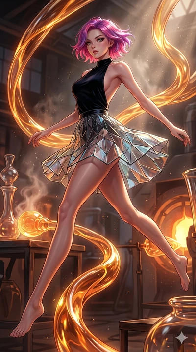 score_9, masterpiece, best quality, ultra-detailed, high-budget anime keyframe, Korean woman. low angle full-body shot filling the entire 9:16 frame with her statuesque presence, stretching the vertical silhouette. bounding through a molten glass art