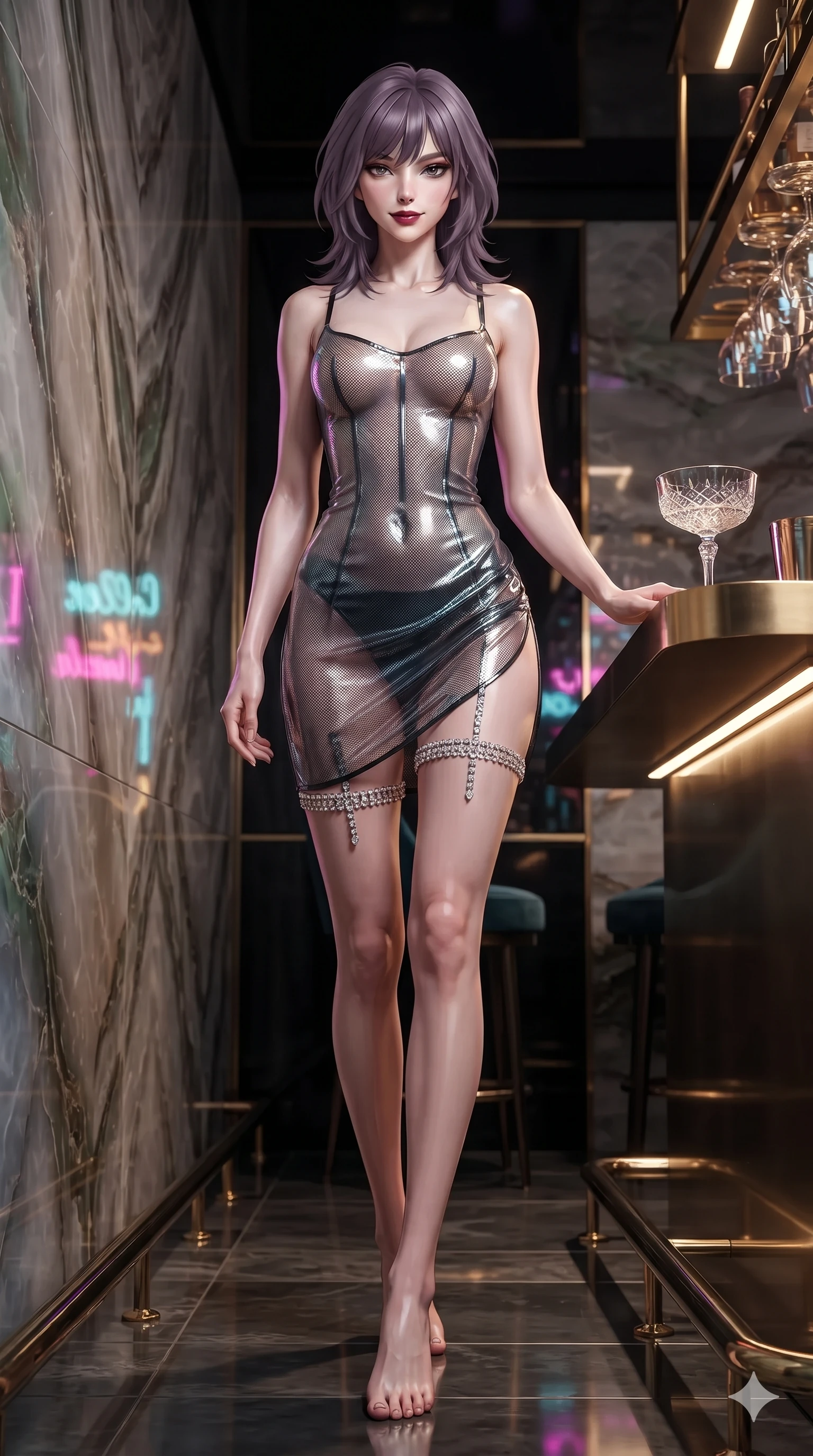 score_9, masterpiece, best quality, ultra-detailed, high-budget anime keyframe, editorial fashion photography, tasteful artistic composition, Japanese woman. low angle full-body shot from head to toe showing her feet, filling the entire 9:16 vertical frame with her statuesque presence, stretching her vertical silhouette. stepping slowly toward the camera with hypnotic grace, hips swaying in an alluring sensual rhythm that accentuates her curvy hourglass silhouette and long slender legs while sliding gracefully off the barstool, hips swaying in an alluring sensual rhythm that accentuates her curvy hourglass silhouette. The surrounding environment is rendered in vivid detail and crisp panoramic clarity: sharp translucent onyx stone veining, cut-crystal coupe glass clarity, and polished brass footrail reflections in deep focus. She has an exceptionally tall and slender model-like 8.5-heads proportion, an ultra-slim waist, a flat toned midriff, narrow delicate ribcage, and beautifully sculpted feminine hips creating a graceful, slim hourglass silhouette without any bulky heaviness, with impossibly long slender legs. sharp v-shaped jawline, high-bridge nose, intricate jewel-like dark sparkling eyes with dangerous depth, thick curled eyelashes, glossy parted lips with a rich wine sheen, smoldering seductive half-smile with bedroom-eyes, exuding effortless superiority and intoxicating dark allure, flawlessly proportioned anatomical accuracy, strict slender model proportions, natural body alignment, perfectly sculpted long slender limbs, ultra-slim waistline, clean dynamic posture without body distortion. wearing a translucent iridescent micro-mesh corset dress with wet-look second-skin cling tracing her feminine curves in metallic liquid silver and pitch black, tailored from heavy double-faced silk georgette with an exceptionally fluid drape, finished with delicate crystal-encrusted thigh garter straps glinting in the neon glare, the impeccably tailored cut draping gracefully along her slender figure with aristocratic noir poise. illuminated by mirror reflection bounce and sharp bronze-champagne rim lights sculpting her razor-sharp jawline, narrow waist, and curvy hips. ultra-reflective glossy finish, specular highlights, rich textural contrasts, high-contrast stereoscopic depth, volumetric dynamic lighting, 2k, ultra detail, master piece, 9:16 ratio