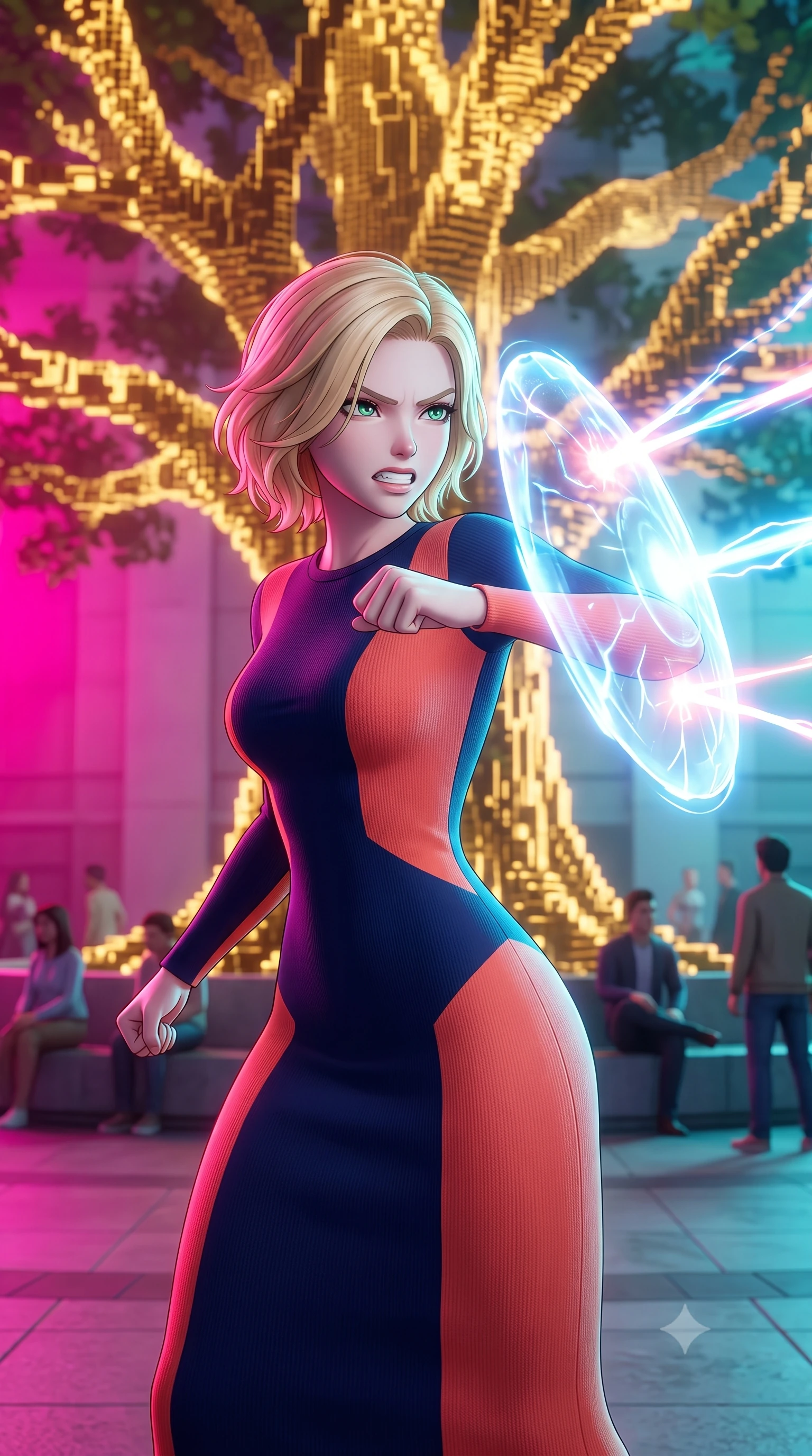 score_9, masterpiece, best quality, ultra-detailed, high-budget anime keyframe, editorial fashion photography, tasteful artistic composition, Caucasian woman, strictly human ears. close-up cowboy shot from the waist and thighs up, the character dominates the composition, filling the frame with her large presence, background elements kept in soft focus. Deflecting incoming plasma bolts with a glowing energy shield attached to her forearm, teeth grit in determination. set against a soft-focus background of a public plaza where a massive ancient oak tree is represented by glowing golden digital voxels, people sitting in soft focus. She has an exceptionally elegant and slender, willowy female figure with an ultra-slim waist, a gracefully sculpted slender torso, and a refined slim physique. sharp v-shaped jawline, high-bridge nose, intricate jewel-like eyes with depth, thick eyelashes, glossy lips with a natural sheen. wearing catching and diffusing the glowing particles, shimmering softly in response to the surrounding light, a form-contouring precision-fitted long-sleeve knit midi dress in a vibrant color block of navy and warm coral, contouring her slender torso. highly saturated vibrant anime colors, intense vivid color palette, soft 3D volumetric shading, volumetric dynamic lighting, dual-tone lighting with hot magenta from the left and cool cyan from the right. 2k, ultra detail, master piece, 9:16 ratio