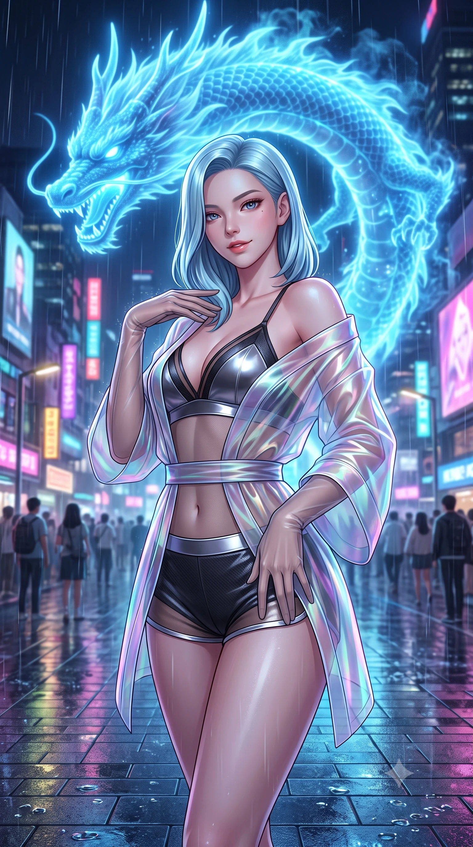 score_9, masterpiece, best quality, ultra-detailed, high-budget anime keyframe, semi-realistic 3D game render, editorial fashion photography, tasteful artistic composition, Korean woman. close-up cowboy shot from the waist and thighs up, the character dominates the composition, filling the frame with her large presence. tilting her head with a teasing half-smile, running one hand slowly down the side of her hip in a flirtatious S-curve as ambient light caresses her silhouette while standing poised on the rain-slicked plaza pavers beneath a massive celestial holographic blue dragon, arching her lower back with magnetic anime heroine grace. The background shows a soft-focus fine mist of neon-lit rain droplets softened in Neo-Seoul cyberpunk plaza shallow focus. She has an exceptionally elegant, slender, and willowy female figure with an ultra-slim waist, flat toned midriff, narrow ribcage, and sculpted feminine hips creating an alluring, slim hourglass silhouette without bulk. sharp v-shaped jawline, high-bridge nose, intricate jewel-like sparkling eyes with depth, thick eyelashes, glossy parted lips with a natural peach sheen, bright cheerful beaming smile with an enchanting and coquettish sensual glint, exuding both youthful cute charm and seductive allure, flawlessly proportioned anatomical accuracy, strict slender model proportions, natural body alignment, perfectly sculpted long slender limbs, ultra-slim waistline, clean dynamic posture without body distortion. wearing a translucent iridescent organza kimono robe slipping off bare shoulders over a matching satin micro-bralette and shorts in matte carbon fiber black and polished chrome, woven from fine semi-opaque stretch illusion mesh tracing her slender contours, complemented by sheer opera-length evening gloves tracing her slender arms, the form-contouring silhouette accentuating her sculpted flat midriff, narrow delicate ribcage, and gracefully curvy hips with intoxicating allure. bathed in the glowing azure radiance of the monumental holographic dragon mixed with neon street reflections. highly saturated vibrant anime colors, detailed shading with soft gradients, rich glossy textures, high-contrast stereoscopic depth, volumetric dynamic lighting, master piece, 9:16 ratio
