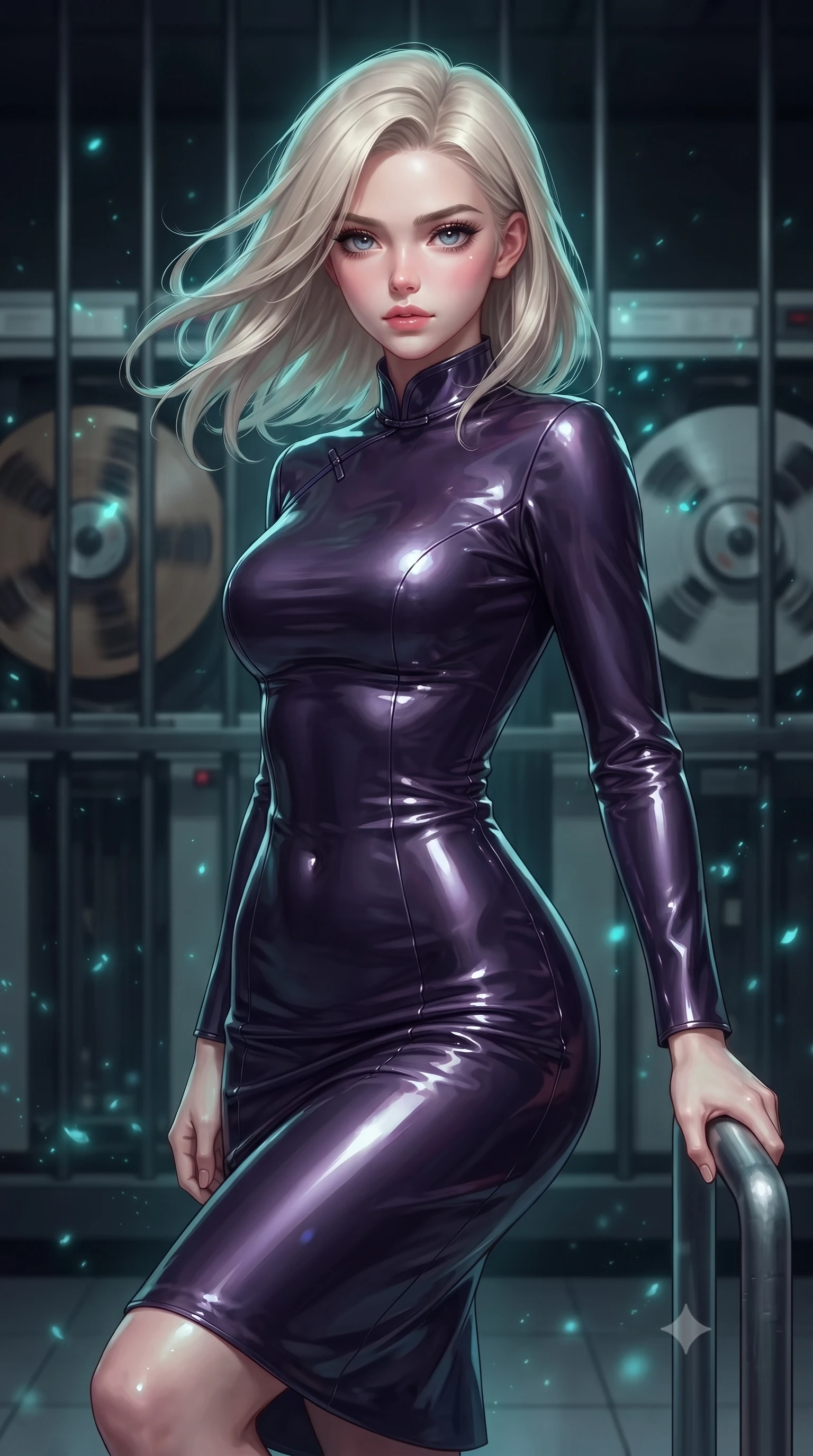 score_9, masterpiece, best quality, ultra-detailed, high-budget anime keyframe, editorial fashion photography, tasteful artistic composition, realistic cosplay photography, Caucasian woman, strictly human ears. close-up cowboy shot from the waist and thighs up, the character dominates the composition, filling the frame with her large presence, background elements kept in soft focus. Bracing against the hull decompression wind, her expression resolute and hand gripping a metal safety rail. set against a soft-focus background of a secure vault room containing old physical data tape drives, tape reels spinning slowly behind security bars. She has an exceptionally elegant and slender, willowy female figure with an ultra-slim waist, a gracefully sculpted slender torso, and a refined slim physique. sharp v-shaped jawline, high-bridge nose, intricate jewel-like eyes with depth, thick eyelashes, glossy lips with a natural sheen. wearing catching and diffusing the glowing particles, shimmering softly in response to the surrounding light, a tailored body-hugging dark purple vinyl-effect midi dress with a high mandarin collar, contouring her slender dancer frame with sleek reflective lines. soft aqua bioluminescent light making her skin luminously glow against darkness. ultra-reflective glossy finish, specular highlights, metallic sheen, high-contrast stereoscopic depth, volumetric dynamic lighting, 2k, ultra detail, master piece, 9:16 ratio