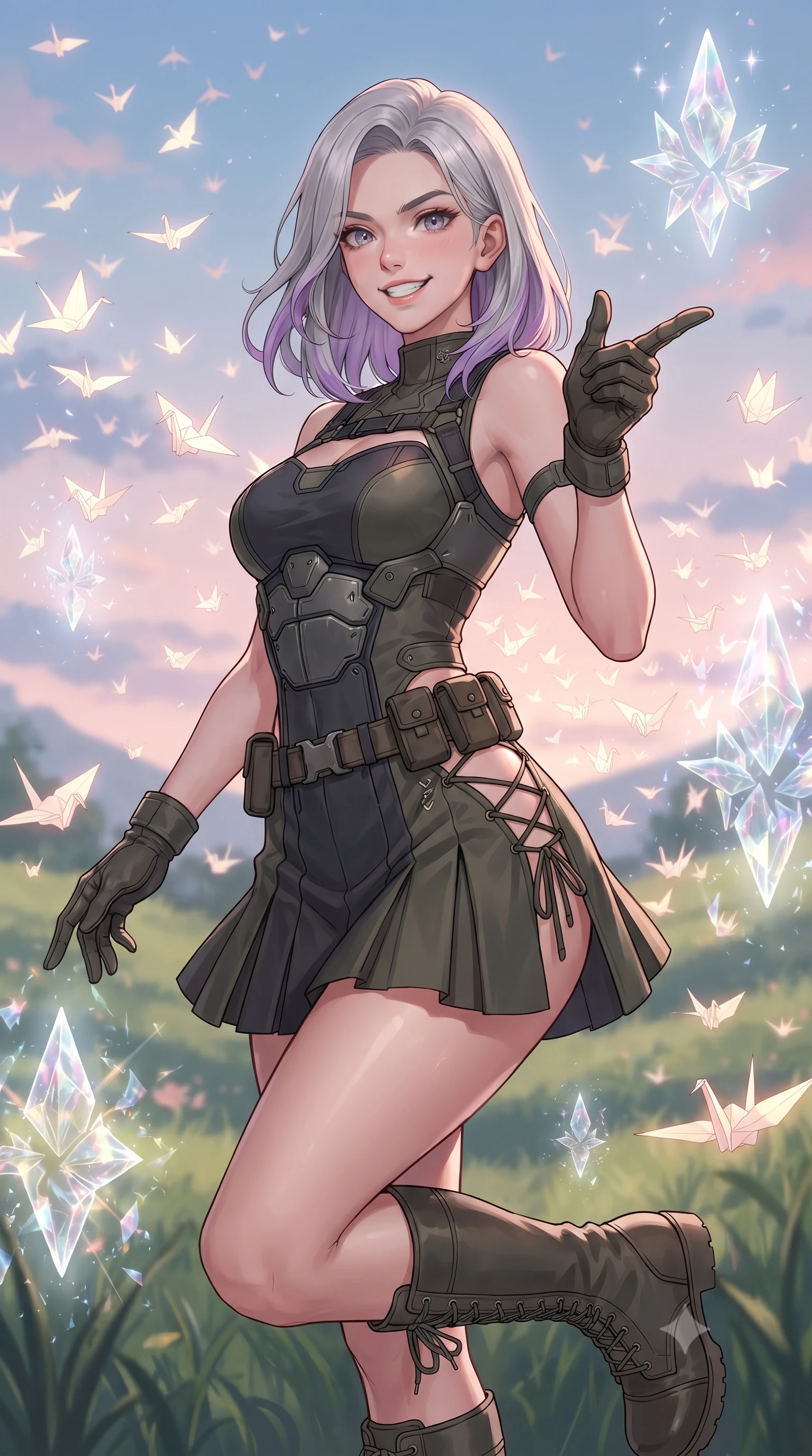 score_9, masterpiece, best quality, ultra-detailed, high-budget anime keyframe, editorial fashion photography, tasteful artistic composition, gorgeous anime illustration, with clean line-art, distinct ink outlines, and high-contrast stereoscopic depth, Caucasian woman, strictly human ears. close-up cowboy shot from the waist and thighs up, the character dominates the composition, filling the frame with her large presence, background elements kept in soft focus. Casting a bright, energetic glance toward the camera with a cheerful grin. set against a soft-focus background of in a grassy valley under a pastel evening sky where thousands of glowing paper cranes migrate through the air like magical birds. She has an exceptionally elegant, slender, and willowy female figure with a highly-defined ultra-slim waist, a gracefully sculpted slender torso, and a refined slim-fit silhouette that contours her form. sharp v-shaped jawline, high-bridge nose, intricate jewel-like eyes with depth, thick eyelashes, glossy lips with a natural sheen. wearing a combat mini dress in dark olive green and charcoal, featuring subtle hip cutouts and a structured bodice. ethereal pearlescent light emanating from floating crystalline formations all around. 2k, ultra detail, master piece, 9:16 ratio, highly saturated vibrant anime colors, detailed cel-shading with soft gradients, rich glossy textures, deep contrast, volumetric dynamic lighting, 2d animation style
