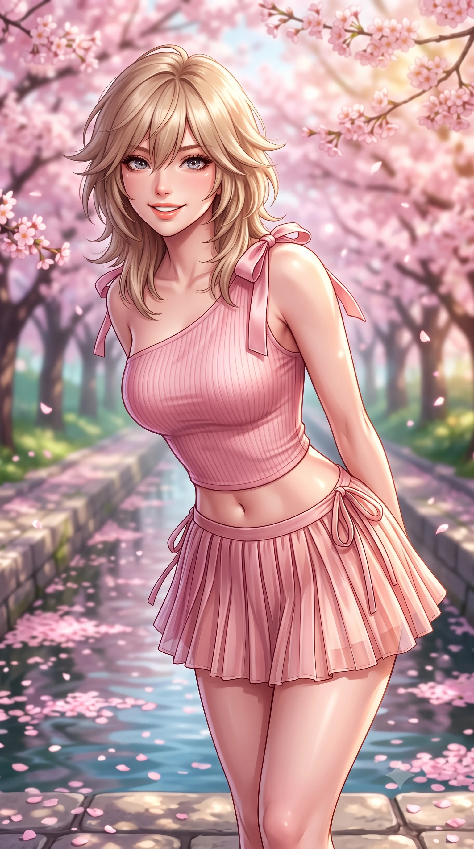 score_9, masterpiece, best quality, ultra-detailed, high-budget anime keyframe, semi-realistic 3D game render, editorial fashion photography, tasteful artistic composition, Japanese woman. close-up cowboy shot from the waist and thighs up, the character dominates the composition, filling the frame with her large presence. leaning forward with playful cute grace while arching her lower back to accentuate her curvy hips, looking into the camera with a bright cheerful smile and alluring coquettish bedroom-eyes while walking gracefully along the stone canal pathway beneath hundreds of blooming cherry trees, arching her lower back with a bright, charming smile. The composition keeps background elements in soft focus with dreamy creamy bokeh. swirling pink sakura cherry blossom canopies and floating petal rafts on water blurred into soft rose-pink, jade, and golden sunbeam bokeh. She has an exceptionally elegant, slender, and willowy female figure with an ultra-slim waist, flat toned midriff, narrow ribcage, and sculpted feminine hips creating an alluring, slim hourglass silhouette without bulk. sharp v-shaped jawline, high-bridge nose, intricate jewel-like sparkling eyes with depth, thick eyelashes, glossy parted lips with a natural peach sheen, bright cheerful beaming smile with an enchanting and coquettish sensual glint, exuding both youthful cute charm and seductive allure, flawlessly proportioned anatomical accuracy, strict slender model proportions, natural body alignment, perfectly sculpted long slender limbs, ultra-slim waistline, clean dynamic posture without body distortion. wearing an asymmetrical one-shoulder ribbed top paired with a micro-pleated skirt with side hip ties in cherry blossom pink and soft rose gold, woven from layered gossamer organza with weightless flutter, finished with cute satin bow ribbons tying at the shoulders, the form-fitting cut adhering flawlessly to her sculpted flat midriff and slender torso, emphasizing her long leg lines and perfectly proportioned willowy build. illuminated by calm water reflections sharply sculpting her sculpted cheekbones, ultra-slim waist, and curvy hips. highly saturated vibrant anime colors, detailed shading with soft gradients, rich glossy textures, high-contrast stereoscopic depth, volumetric dynamic lighting, master piece, 9:16 ratio