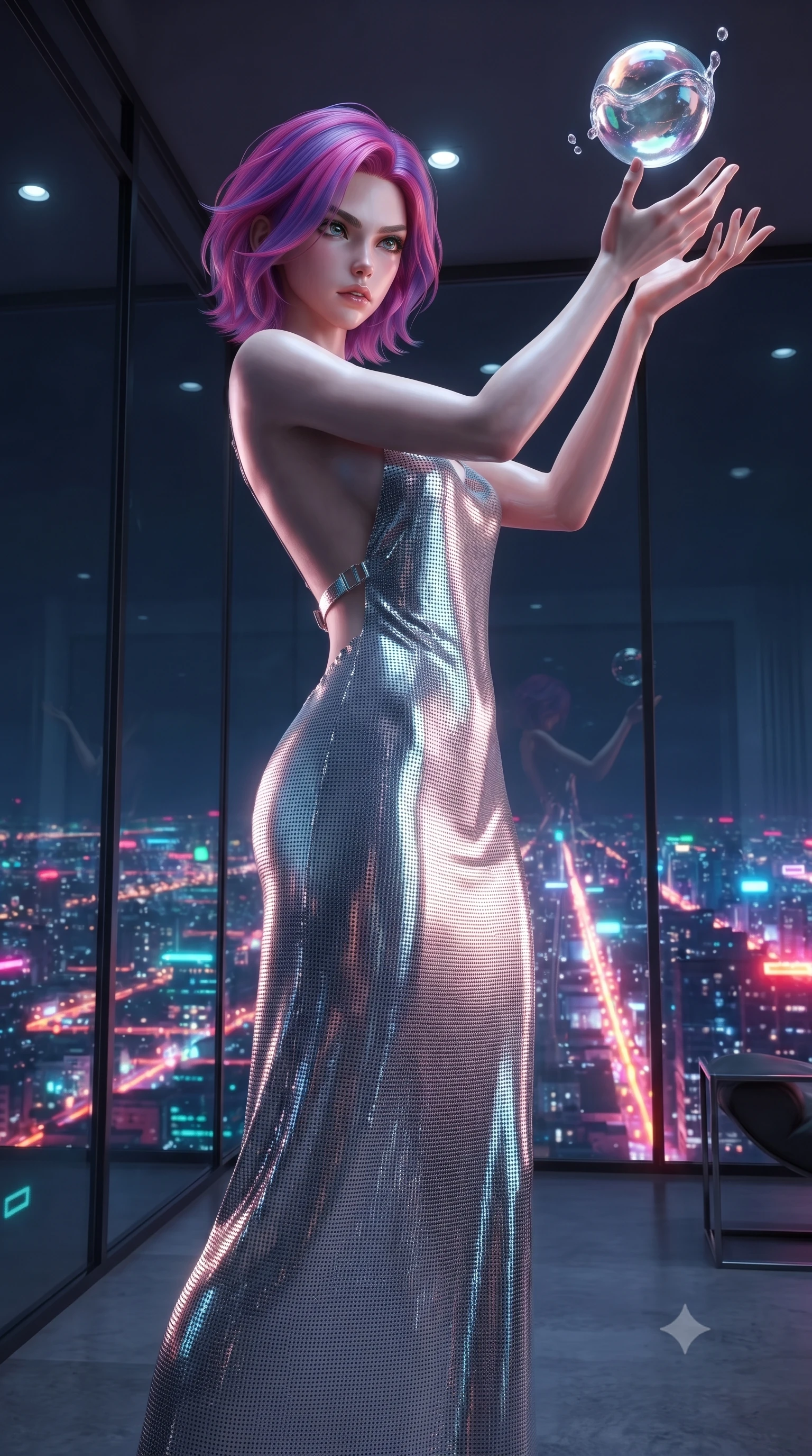 score_9, masterpiece, best quality, ultra-detailed, High-budget Anime Keyframe, editorial fashion photography, tasteful artistic composition, realistic cosplay photography, Caucasian woman, strictly human ears. Dynamic full-body shot stretching the vertical silhouette to the limit. Scenario 471: reaching out to catch a floating sphere of liquid light in a luxury penthouse with floor-to-ceiling glass walls overlooking a neon grid. Her presence is magnetic and overpowering in this high-budget cinematic scene. Outfit 471: a form-contouring liquid silver micro-mesh lace slip dress with a dramatic backless design and metallic buckles. The clothing is designed to emphasize her exceptionally tall and slender 8-heads proportion. 8-heads proportion, towering silhouette, ultra-slim waist. sharp v-shaped jawline, intricate jewel-like eyes with depth, thick eyelashes, glossy lips. ultra-reflective glossy finish, specular highlights, metallic sheen, high-contrast stereoscopic depth, volumetric dynamic lighting, 2k, ultra detail, master piece, 9:16 ratio