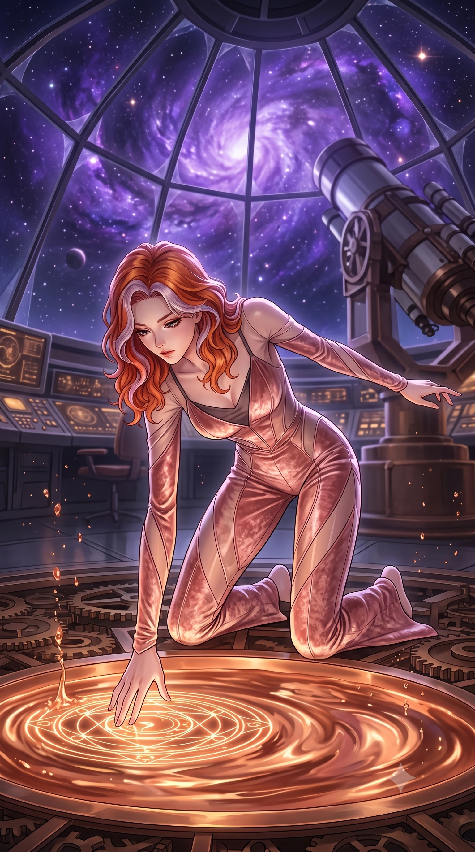 score_9, masterpiece, best quality, ultra-detailed, High-budget Anime Keyframe, Caucasian woman, strictly human ears. Dynamic full-body shot stretching the vertical silhouette to the limit. Scenario 531: tracing geometric patterns in a pool of warm liquid copper inside a high-altitude observatory dome under a swirling violet nebula. Her presence is magnetic and overpowering in this high-budget anime scene. Outfit 531: a form-contouring rose-gold crushed velvet jumpsuit featuring layered translucent panels over a sleek slip dress. The clothing is designed to emphasize her exceptionally tall and slender 8-heads proportion. 8-heads proportion, towering silhouette, ultra-slim waist. sharp v-shaped jawline, intricate jewel-like eyes with depth, thick eyelashes, glossy lips. 2k, ultra detail, master piece, 9:16 ratio