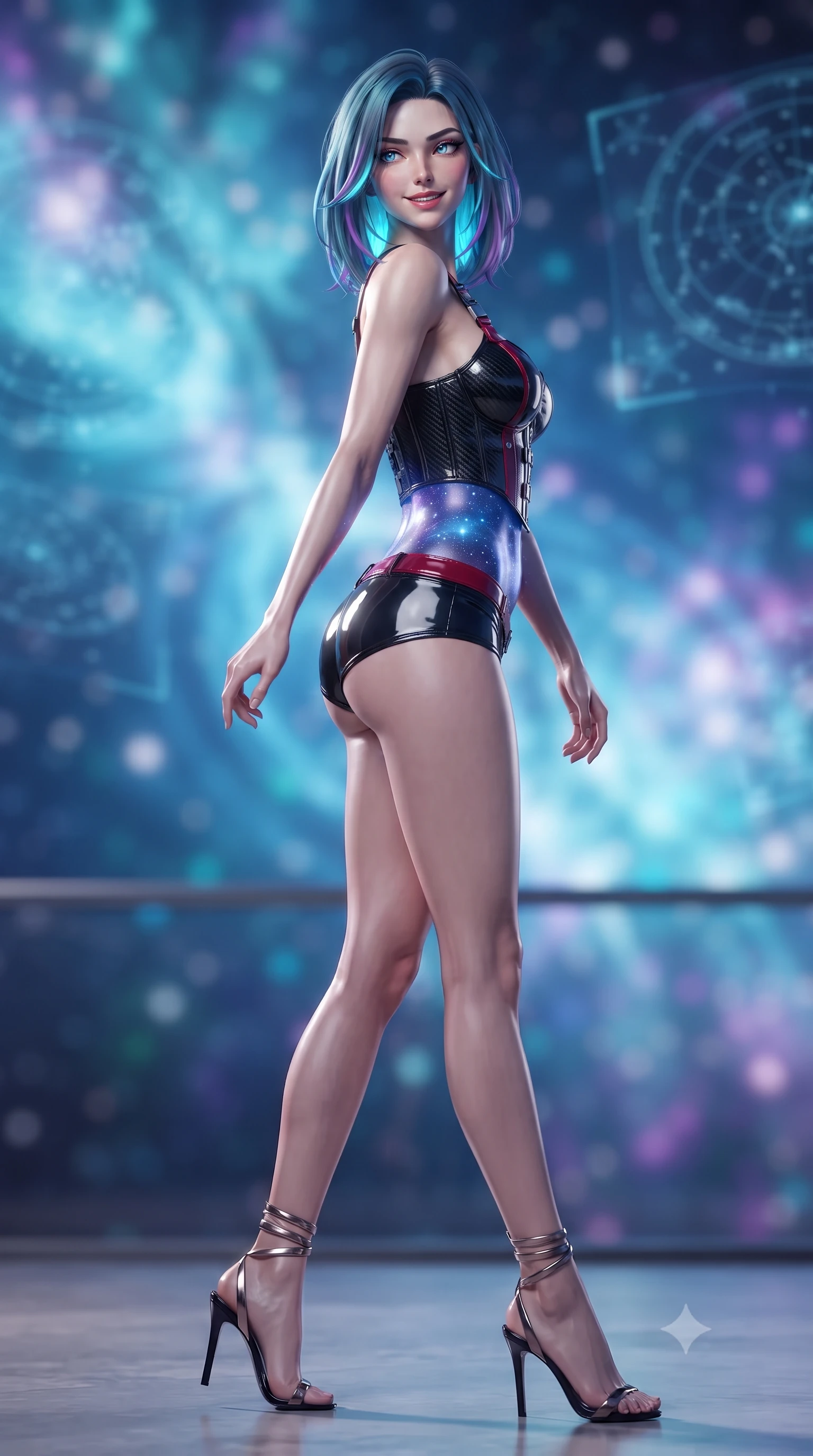 score_9, masterpiece, best quality, ultra-detailed, high-budget anime keyframe, editorial fashion photography, tasteful artistic composition, Caucasian woman. low angle full-body shot from head to toe showing her feet, filling the entire 9:16 vertical frame with her statuesque presence, stretching her vertical silhouette. walking along the terrace with poise, looking back over her bare shoulder with an irresistible smoldering bedroom-gaze while twisting her slender torso in an alluring contrapposto stance, deep sapphire ion glows and starry space casting celestial reflections across her narrow waist and hips. The background shows a soft-focus swirling spirals of electric-sapphire ion plasma, floating 3D holographic star charts, and distant nebula clouds blurred into sapphire, cyan, and amethyst bokeh. She has an exceptionally tall and slender model-like 8.5-heads proportion, an ultra-slim waist, a flat toned midriff, narrow delicate ribcage, and beautifully sculpted feminine hips creating a graceful, slim hourglass silhouette without any bulky heaviness, with impossibly long slender legs. sharp v-shaped jawline, high-bridge nose, intricate jewel-like sparkling eyes with depth, thick eyelashes, glossy parted lips with a natural peach sheen, bright cheerful beaming smile with an enchanting and coquettish sensual glint, exuding both youthful cute charm and seductive allure, flawlessly proportioned anatomical accuracy, strict slender model proportions, natural body alignment, perfectly sculpted long slender limbs, ultra-slim waistline, clean dynamic posture without body distortion. wearing a sculpted carbon-fiber underwire crop corset with tactical buckle straps paired with low-rise micro shorts in Star-Fortress obsidian black and imperial crimson, tailored from high-gloss patent leather with mirror-like specular highlights, complemented by strappy stiletto sandals with metallic ankle wraps accentuating her slender calves, the impeccably tailored cut draping gracefully along her slender figure with aristocratic poise. illuminated by spherical glass reflection bounce and sharp sapphire-cyan rim lights defining her razor-sharp jawline, narrow waist, and curvy hips. ultra-reflective glossy finish, specular highlights, rich textural contrasts, high-contrast stereoscopic depth, volumetric dynamic lighting, 2k, ultra detail, master piece, 9:16 ratio