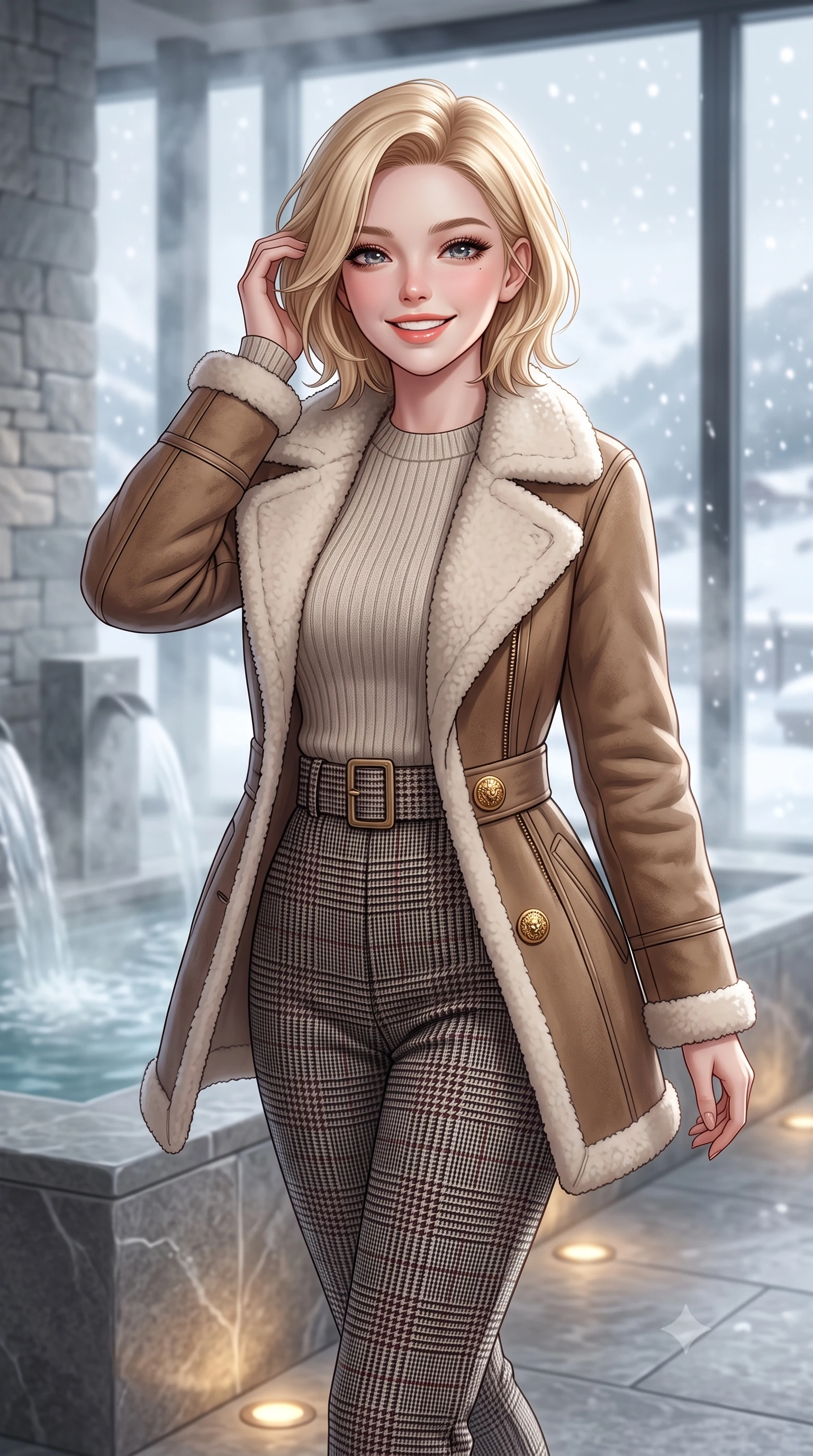 score_9, masterpiece, best quality, ultra-detailed, high-budget anime keyframe, semi-realistic 3D game render, editorial fashion photography, tasteful artistic composition, Caucasian woman. close-up cowboy shot from the waist and thighs up, the character dominates the composition, filling the frame with her large presence. gently brushing a lock of hair behind her ear with one hand while flashing a radiant, joyful smile while walking past steaming indoor hydrotherapy fountains toward the glass wall looking out at falling snow, turning with radiant poise. The background shows a soft-focus minimalist stone water features softened in peaceful Swiss alpine wellness sanctuary shallow focus. She has an exceptionally elegant, slender, and willowy female figure with an ultra-slim waist, flat toned midriff, narrow ribcage, and sculpted feminine hips creating an alluring, slim hourglass silhouette without bulk. sharp v-shaped jawline, high-bridge nose, intricate jewel-like sparkling eyes with depth, thick eyelashes, glossy parted lips with a natural peach sheen, bright cheerful beaming smile with an enchanting and coquettish sensual glint, exuding both youthful cute charm and seductive allure, flawlessly proportioned anatomical accuracy, strict slender model proportions, natural body alignment, perfectly sculpted long slender limbs, ultra-slim waistline, clean dynamic posture without body distortion. wearing a plush shearling-trimmed suede aviator coat layered over a cozy ribbed merino knit sweater and tailored corduroy pants in classic glen plaid monochrome with subtle wine red accent, crafted from rich cotton velvet with deep light-absorbing pile and soft gradients, accented with an ornate 24k gold lion-embossed crest button along the front closure, the structured cinched belt emphasizing her narrow waistline and gracefully balanced proportions with timeless haute-couture polish. bathed in calm diffused winter daylight filtering through steamy glass panes combined with warm 2800K recessed floor lights. highly saturated vibrant anime colors, detailed shading with soft gradients, rich glossy textures, high-contrast stereoscopic depth, volumetric dynamic lighting, master piece, 9:16 ratio