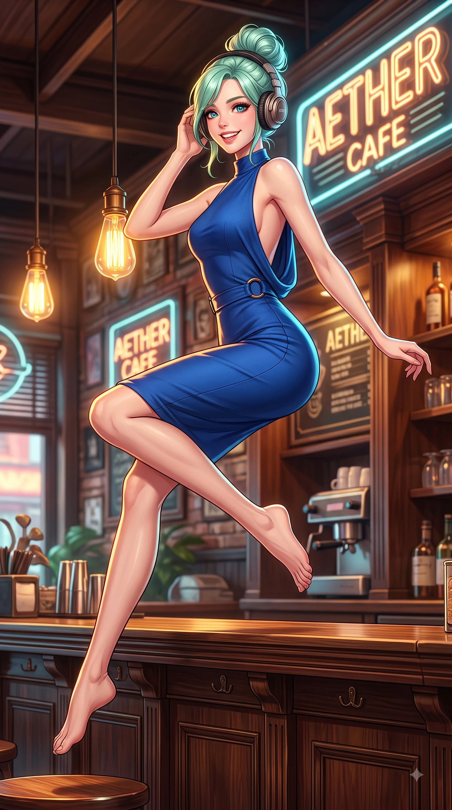 score_9, masterpiece, best quality, ultra-detailed, high-budget anime keyframe, editorial fashion photography, tasteful artistic composition, Japanese woman. low angle full-body shot from head to toe showing her feet, filling the entire 9:16 vertical frame with her statuesque presence, stretching her vertical silhouette. leaping with pure youthful energy through the scene with a radiant bright smile, her long slender legs balanced gracefully while sitting at a wooden counter wearing vintage headphones with a joyful, relaxed smile. The surrounding environment is rendered in vivid detail and crisp panoramic clarity. warm amber Edison bulb lamps, neon signage, and polished wood textures in deep focus. She has an absolutely perfect, statuesque 8.5-heads proportion, an exceptionally tall and slender model-like female figure with impossibly long slender legs and an ultra-slim waist. sharp v-shaped jawline, high-bridge nose, intricate jewel-like eyes with depth, thick eyelashes, glossy lips with a natural sheen, flawlessly proportioned anatomical accuracy, natural body alignment, perfectly sculpted elegant limbs, clean dynamic posture without body distortion. wearing a precision-fitted bodycon dress with a graceful open draped back in deep royal blue and polished silver accent, tailored from fine wool crepe with clean lines, accented with subtle metallic ring hardware framing her waist, the glove-like fit emphasizing her statuesque silhouette during motion. bathed in warm golden amber lamp glow and retro neon rim light. highly saturated vibrant anime colors, detailed shading with soft gradients, rich glossy textures, high-contrast stereoscopic depth, volumetric dynamic lighting, master piece, 9:16 ratio