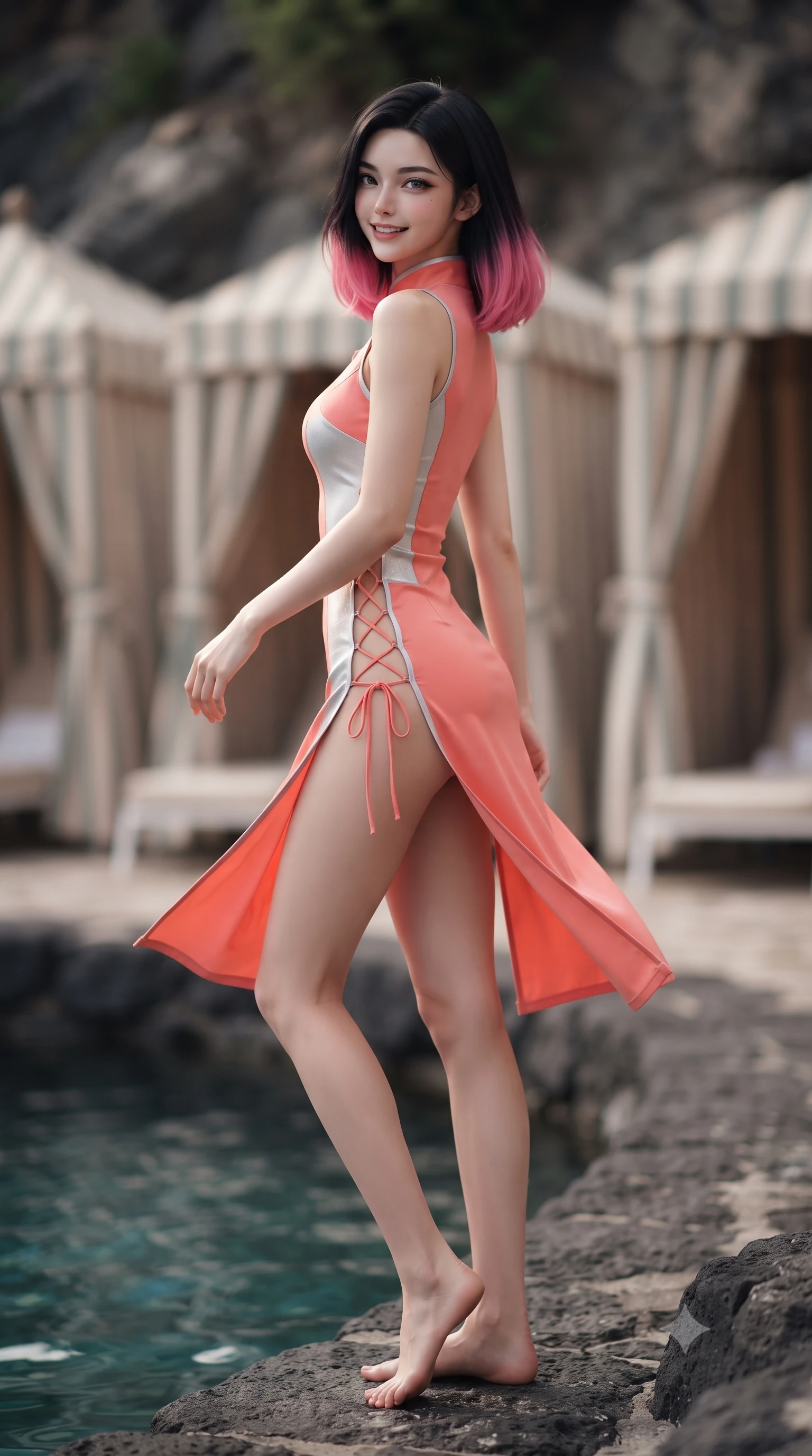 score_9, masterpiece, best quality, ultra-detailed, high-budget anime keyframe, editorial fashion photography, tasteful artistic composition, Korean woman. low angle full-body shot from head to toe showing her feet, filling the entire 9:16 vertical frame with her statuesque presence, stretching her vertical silhouette. executing a slow, graceful pivot turn as her skirt sways around her slender legs, glancing back with an enchanting, teasing sensual expression while standing poised at the edge of the iconic cliffside pool carved into basalt rocks, arching her spine with effortless Riviera siren charisma. The background shows a soft-focus vintage striped canvas cabanas softened in legendary French Riviera romance shallow focus. She has an exceptionally tall and slender model-like 8.5-heads proportion, an ultra-slim waist, a flat toned midriff, narrow delicate ribcage, and beautifully sculpted feminine hips creating a graceful, slim hourglass silhouette without any bulky heaviness, with impossibly long slender legs. sharp v-shaped jawline, high-bridge nose, intricate jewel-like sparkling eyes with depth, thick eyelashes, glossy parted lips with a natural peach sheen, bright cheerful beaming smile with an enchanting and coquettish sensual glint, exuding both youthful cute charm and seductive allure, flawlessly proportioned anatomical accuracy, strict slender model proportions, natural body alignment, perfectly sculpted long slender limbs, ultra-slim waistline, clean dynamic posture without body distortion. wearing a modern cheongsam-inspired form-fitting sleeveless mini dress with mandarin collar and dramatic hip-high side slits in French Riviera sunset coral and starlight silver, made of fluid liquid jersey with seamless sculpting hold and smooth contours, featuring fine criss-cross lace-up side ties revealing tantalizing glimpses of her hip curve, the second-skin tailored fabric adhering flawlessly to her sculpted flat midriff and slender torso, emphasizing her long leg lines and perfectly proportioned willowy build. illuminated by pool water caustics bounce and sharp platinum rim lights sharply sculpting her cheekbones, flat midriff, and curvaceous hips. ultra-reflective glossy finish, specular highlights, rich textural contrasts, high-contrast stereoscopic depth, volumetric dynamic lighting, 2k, ultra detail, master piece, 9:16 ratio