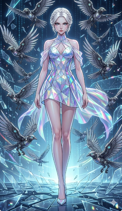 score_9, masterpiece, best quality, ultra-detailed, Set A: High-budget Anime Keyframe, Japanese woman. Low angle cowboy shot filling the entire 9:16 frame with her statuesque presence. Standing victoriously through a virtual reality void, surrounded by a whirlwind of 152 mechanical birds and surrounded by shattered glass fragments. She has an absolutely perfect 8-heads proportion, an exceptionally tall and slender female figure with impossibly long slender legs and an ultra-slim waist. Sharp v-shaped jawline, high-bridge nose, intricate jewel-like eyes with depth, thick eyelashes, glossy lips with a natural sheen. Wearing Crystalline structure mini-dress with iridescent vinyl accents and holographic chiffon drapes. Cinematic lighting, vibrant colors, dramatic shadows, 2k, ultra detail, master piece, 9:16 ratio