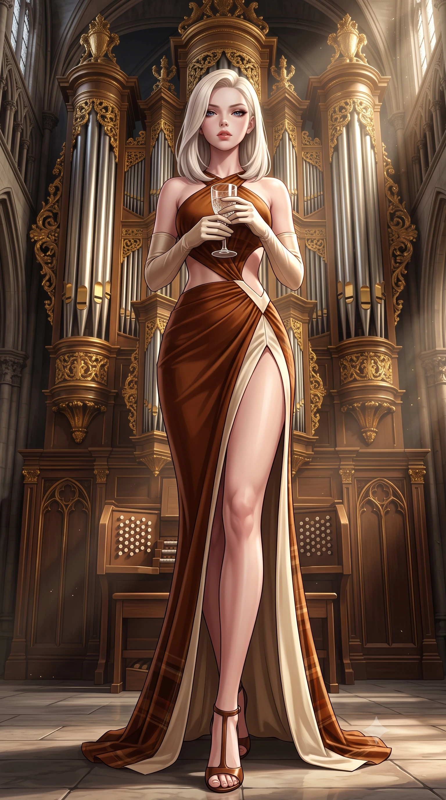 score_9, masterpiece, best quality, ultra-detailed, high-budget anime keyframe, semi-realistic 3D game render, editorial fashion photography, tasteful artistic composition, Caucasian woman. low angle full-body shot from head to toe showing her feet, filling the entire 9:16 vertical frame with her statuesque presence, stretching her vertical silhouette. striding forward in a proud supermodel runway stride, hips swaying in an alluring kinetic rhythm that accentuates her curvy hourglass silhouette while standing poised before a colossal gold-leaf pipe organ, twisting her slender torso in an alluring S-curve with smoldering gothic bedroom-eyes. The surrounding environment is rendered in vivid detail and crisp panoramic clarity. intense theatrical chiaroscuro and decadent gothic romance aesthetics rendered with precision. She has an exceptionally tall and slender model-like 8.5-heads proportion, an ultra-slim waist, a flat toned midriff, narrow delicate ribcage, and beautifully sculpted feminine hips creating a graceful, slim hourglass silhouette without any bulky heaviness, with impossibly long slender legs. sharp v-shaped jawline, high-bridge nose, intricate jewel-like eyes with depth, thick eyelashes, glossy parted lips with a natural sheen, intensely captivating and seductive bedroom-eyes expression, flawlessly proportioned anatomical accuracy, strict slender model proportions, natural body alignment, perfectly sculpted long slender limbs, ultra-slim waistline, clean dynamic posture without body distortion. wearing a tailored tartan-wool and crushed-velvet corseted gala gown with an architectural open-waist cutout and high-cut thigh slit in rich equestrian cognac brown and crisp champagne cream, tailored from liquid silk jersey adhering flawlessly to her slender build, accessorized with opera-length satin gloves and a vintage crystal glass, the liquid-tight tailored fabric clinging flawlessly to her narrow waist and rounded feminine hips, emphasizing every millimeter of her sculpted slim hourglass curves without any bulky heaviness. surrounded by an immortal, seductive, and dangerously mesmerizing underground opera queen aura. highly saturated vibrant anime colors, detailed shading with soft gradients, rich glossy textures, high-contrast stereoscopic depth, volumetric dynamic lighting, master piece, 9:16 ratio
