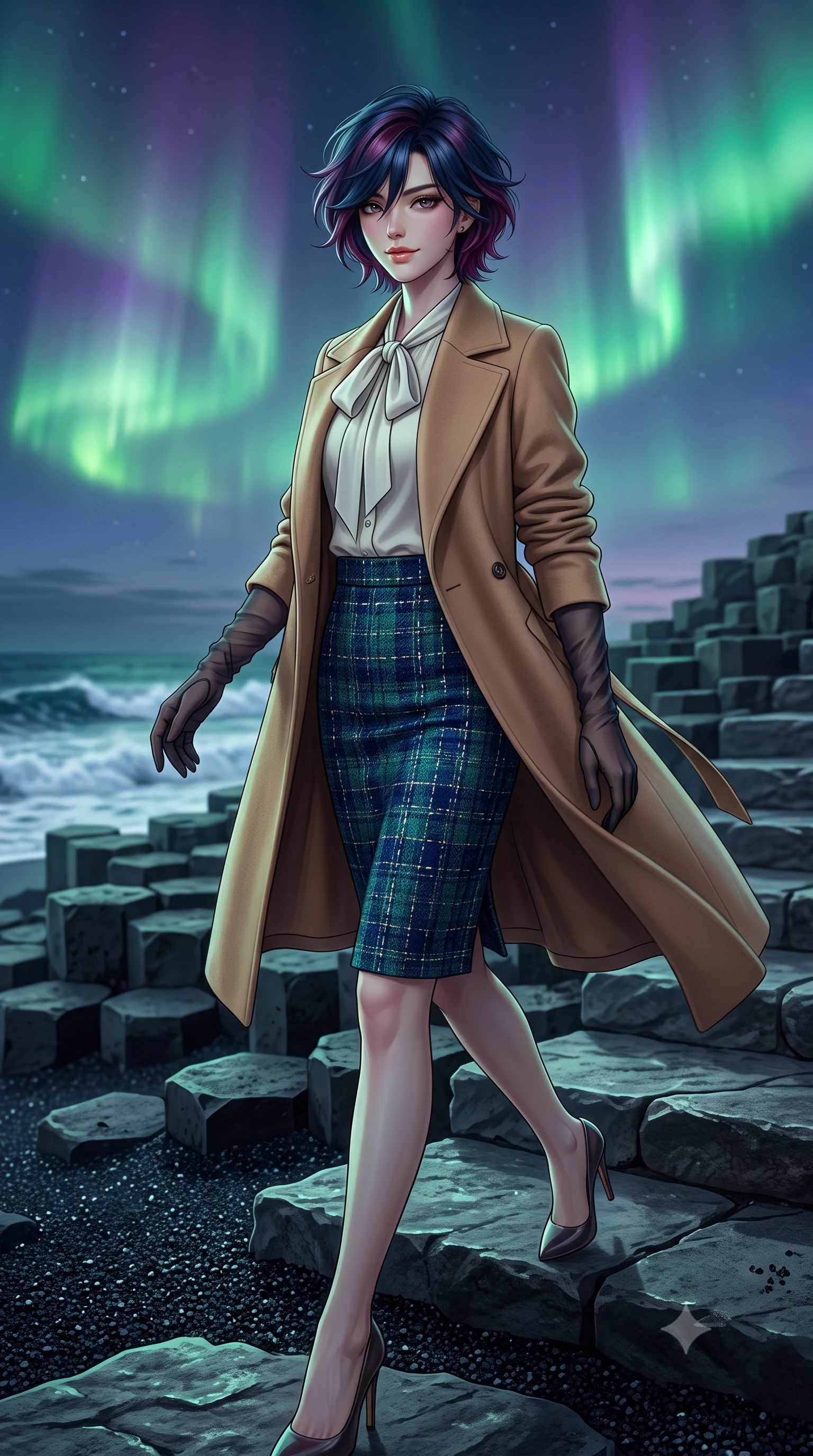 score_9, masterpiece, best quality, ultra-detailed, high-budget anime keyframe, editorial fashion photography, tasteful artistic composition, Korean woman. low angle full-body shot from head to toe showing her feet, filling the entire 9:16 vertical frame with her statuesque presence, stretching her vertical silhouette. walking along the terrace with poise, looking back over her bare shoulder with an irresistible smoldering bedroom-gaze while reclining gracefully on the smooth basalt rock steps propped on one elbow with legs extended, displaying her long slender limbs and statuesque hourglass silhouette. The surrounding environment is rendered in vivid detail and crisp panoramic clarity: sharp hexagonal basalt prism edges, fine jet-black volcanic basalt sand granules, and foaming white wave foam crests in deep focus. She has an exceptionally tall and slender model-like 8.5-heads proportion, an ultra-slim waist, a flat toned midriff, narrow delicate ribcage, and beautifully sculpted feminine hips creating a graceful, slim hourglass silhouette without any bulky heaviness, with impossibly long slender legs. sharp v-shaped jawline, high-bridge nose, intricate jewel-like sparkling eyes with depth, thick eyelashes, glossy parted lips with a natural peach sheen, bright cheerful beaming smile with an enchanting and coquettish sensual glint, exuding both youthful cute charm and seductive allure, flawlessly proportioned anatomical accuracy, strict slender model proportions, natural body alignment, perfectly sculpted long slender limbs, ultra-slim waistline, clean dynamic posture without body distortion. wearing a tailored double-faced camel cashmere wrap coat draped over a silk georgette bow-tie blouse and pencil skirt in Lake Tegernsee emerald glass and royal Bavarian navy, woven from structured British tweed with subtle metallic flecks, complemented by sheer opera-length evening gloves tracing her slender arms, the bespoke structured tailoring following the natural line of her 8.5-heads silhouette with refined elegance. bathed in the ethereal 5200K phosphorescent green-and-violet illumination of active aurora borealis curtains mixed with twilight glow. ultra-reflective glossy finish, specular highlights, rich textural contrasts, high-contrast stereoscopic depth, volumetric dynamic lighting, 2k, ultra detail, master piece, 9:16 ratio