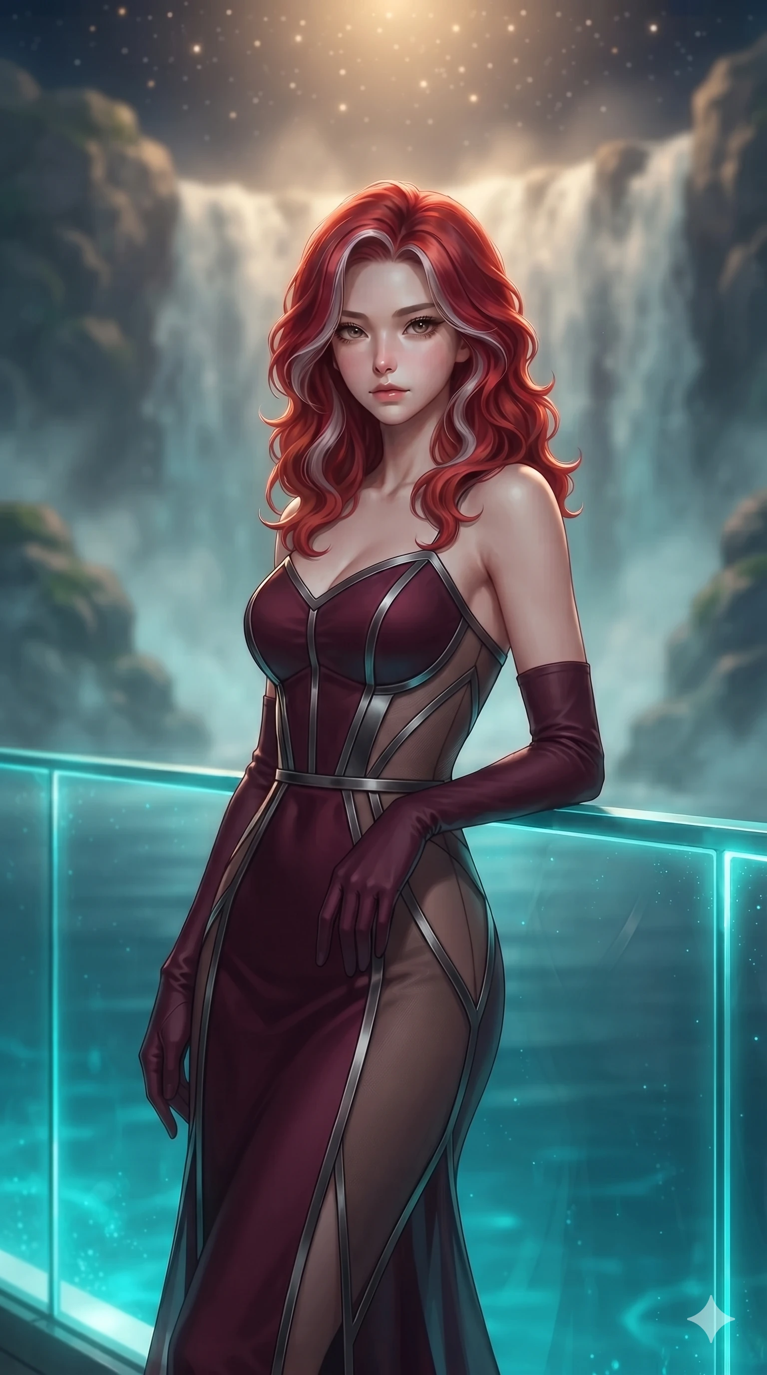 score_9, masterpiece, best quality, ultra-detailed, high-budget anime keyframe, editorial fashion photography, tasteful artistic composition, Caucasian woman. close-up cowboy shot from the waist and thighs up, the character dominates the composition, filling the frame with her large presence. resting both hands lightly behind her neck with elbows raised, arching her spine to highlight her narrow waist, flat midriff, and breathtaking collarbones while leaning against the illuminated glass balustrade with hips cocked back, gazing through the rising thermal clouds with intoxicating bedroom-eyes. The background shows a soft-focus fine waterfall spray haze softened in suspended glass promenade shallow focus. She has an exceptionally elegant, slender, and willowy female figure with an ultra-slim waist, flat toned midriff, narrow ribcage, and sculpted feminine hips creating an alluring, slim hourglass silhouette without bulk. sharp v-shaped jawline, high-bridge nose, intricate jewel-like sparkling eyes with depth, thick eyelashes, glossy parted lips with a natural sheen, intensely captivating and seductive bedroom-eyes expression, exuding both youthful cute charm and sovereign luxury allure, flawlessly proportioned anatomical accuracy, strict slender model proportions, natural body alignment, perfectly sculpted long slender limbs, ultra-slim waistline, clean dynamic posture without body distortion. wearing a structural geometric peplum gown with sheer side-ribbon cutouts and form-fitting skirt in deep wine burgundy and brushed dark platinum, tailored from heavy double-faced silk georgette with an exceptionally fluid drape, complemented by sheer opera-length evening gloves tracing her slender arms, the liquid-tight tailored fabric clinging flawlessly to her narrow waist and rounded feminine hips, emphasizing every millimeter of her sculpted slim hourglass curves without any bulky heaviness. bathed in the vibrant underwater turquoise illumination filtering through the glass floor mixed with warm overhead starlight. ultra-reflective glossy finish, specular highlights, rich textural contrasts, high-contrast stereoscopic depth, volumetric dynamic lighting, 2k, ultra detail, master piece, 9:16 ratio