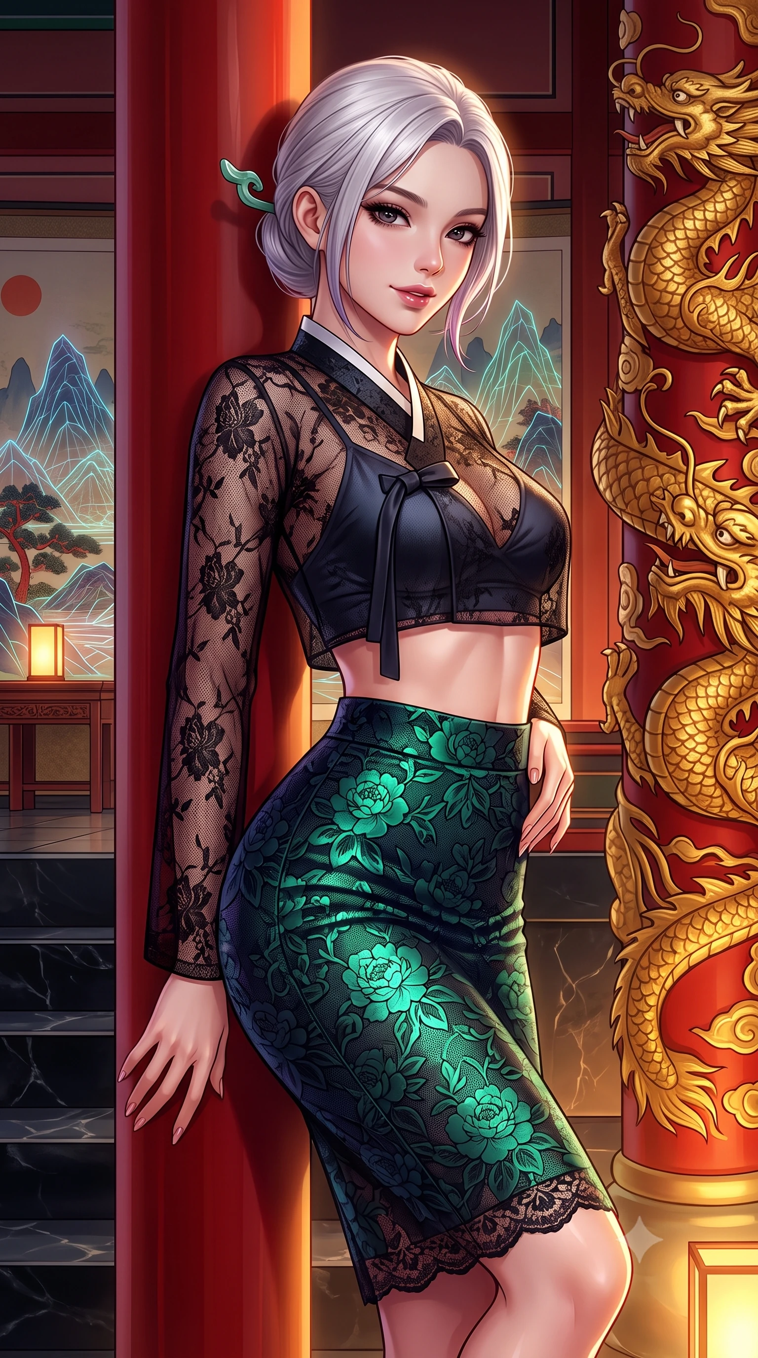 score_9, masterpiece, best quality, ultra-detailed, high-budget anime keyframe, semi-realistic 3D game render, editorial fashion photography, tasteful artistic composition, Caucasian woman. close-up cowboy shot from the waist and thighs up, the character dominates the composition, filling the frame with her large presence. leaning back against the red lacquer pillar with relaxed seductive grace, her flat midriff and narrow waist highlighted as warm lantern light traces her curves while leaning against an ornate gilded dragon column with hips cocked back, looking into the camera with an intoxicating, commanding bedroom-gaze. The surrounding environment is rendered in vivid detail and crisp panoramic clarity: sharp red-and-gold royal column lacquer, holographic mountain wireframe lines, and polished black stone dais steps in deep focus. She has an exceptionally elegant, slender, and willowy female figure with an ultra-slim waist, flat toned midriff, narrow ribcage, and sculpted feminine hips creating an alluring, slim hourglass silhouette without bulk. sharp v-shaped jawline, high-bridge nose, intricate jewel-like dark sparkling almond eyes with depth, thick lashes, glossy parted lips with a natural rose-plum sheen, bright alluring and coquettish smile with bedroom-eyes, exuding both timeless oriental elegance and sovereign high-fashion allure, flawlessly proportioned anatomical accuracy, strict slender model proportions, natural body alignment, perfectly sculpted long slender limbs, ultra-slim waistline, clean dynamic posture without body distortion. wearing a sheer black lace jeogori worn over an opaque dark silk bralette with an ultra-fitted high-waisted pencil skirt in deep midnight obsidian and luminous imperial jade green, woven from delicate semi-opaque floral lace with oriental peony patterns, featuring a modern sculptural jade hair pin securing her loose silky updo, the form-fitting tailored bodice adhering flawlessly to her sculpted flat midriff and slender torso, emphasizing her long leg lines and perfectly proportioned willowy build. illuminated by under-floor warm uplighting and sharp platinum rim lights carving her razor-sharp jawline, narrow waist, and curvy hips. highly saturated vibrant anime colors, detailed shading with soft gradients, rich glossy textures, high-contrast stereoscopic depth, volumetric dynamic lighting, master piece, 9:16 ratio