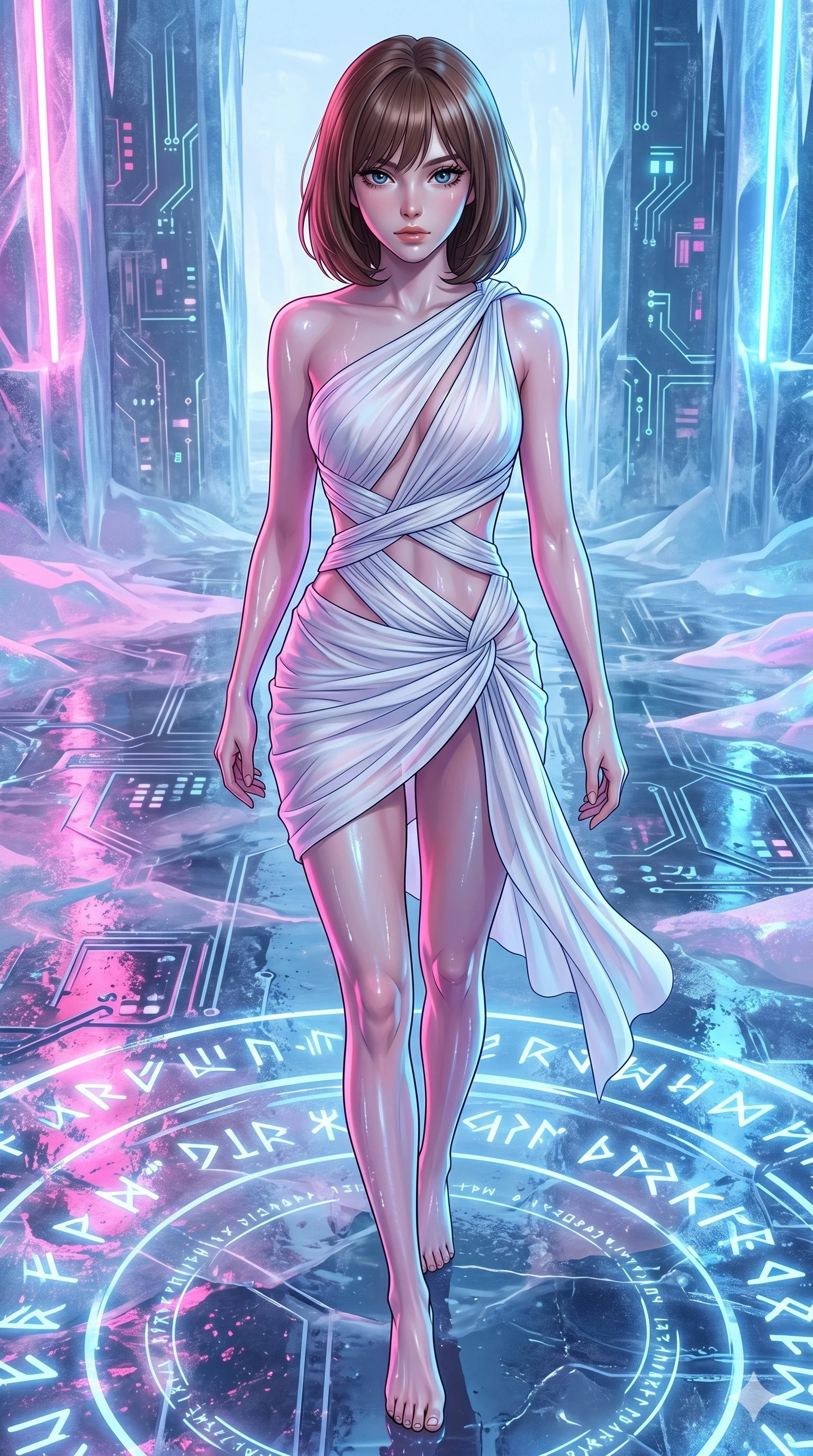 score_9, masterpiece, best quality, ultra-detailed, high-budget anime keyframe, editorial fashion photography, tasteful artistic composition, Caucasian woman, strictly human ears. upper body close-up from the thighs up, character filling the screen for maximum presence. descending from inside a sub-zero cybernetic ice temple with frozen light circuit boards as glowing runes and symbols fade in and out on the ground. She has an absolutely perfect 8-heads proportion, an exceptionally tall and slender female figure with impossibly long slender legs and an ultra-slim waist. V-shaped jawline, high-bridge nose, intricate jewel-like eyes with depth, thick eyelashes, glossy lips with a natural sheen.. wearing an asymmetric chiffon draped couture mini dress, featuring draped white chiffon fabric twisting around her body with elegant diamond cutouts on the waist. illuminated by the brilliant neon reflections bouncing off wet surfaces, emphasizing her skin tone. 2k, ultra detail, master piece, 9:16 ratio